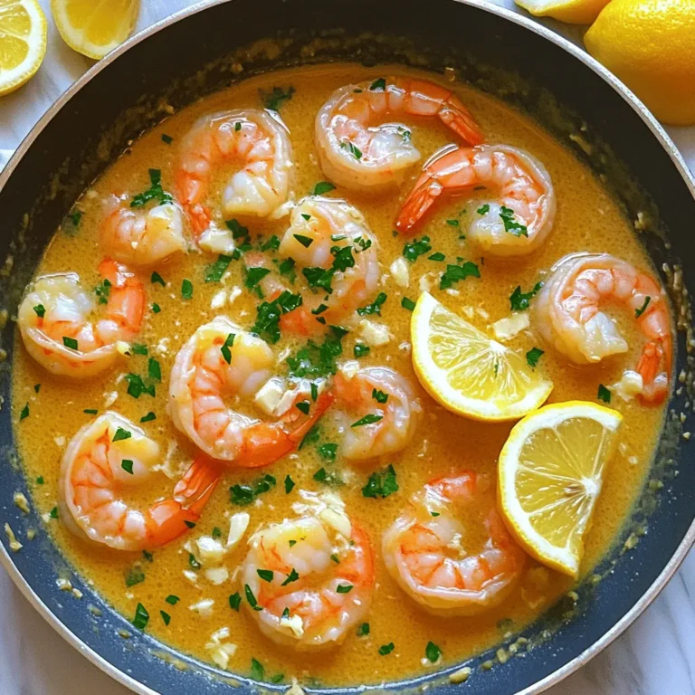 To make this delicious dish, you need a few key ingredients: - 1 pound large shrimp, peeled and deveined - 4 tablespoons unsalted butter - 4 cloves garlic, minced - Zest and juice of 1 lemon - 1 tablespoon fresh parsley, chopped - 1/2 teaspoon red pepper flakes (optional) - Salt and pepper to taste - Lemon wedges for garnish These ingredients come together to create a fresh and vibrant meal. The shrimp add protein, while the butter and garlic provide rich flavor. Lemon juice brightens the dish and balances the richness. You can enhance the dish with some optional add-ins. Try adding: - Cherry tomatoes for sweetness - Spinach for extra greens - Cooked pasta if you want a heartier meal These add-ins make the dish more colorful and nutritious. They also let you customize the recipe to fit your taste. For a simple yet tasty flavor boost, consider these seasonings: - Paprika for a mild smoky flavor - Italian seasoning for an herbaceous touch - Fresh herbs like basil or dill for extra freshness Using these seasonings can elevate your Lemon Garlic Butter Shrimp. They enhance its flavor without overpowering the main ingredients. For the full recipe, check the details provided above. - Step 1: Melting Butter and Sautéing Garlic Start by heating a large skillet over medium-high heat. Add 2 tablespoons of unsalted butter. Let it melt slowly. Next, add the minced garlic and red pepper flakes if you like some heat. Sauté the garlic for about 1 minute. You want it to smell great but not turn brown. - Step 2: Cooking the Shrimp Now it’s time for the shrimp. Add 1 pound of peeled and deveined shrimp to the skillet. Season them with salt and pepper. Cook the shrimp for about 2-3 minutes on each side. They should turn pink and opaque when done. This step is key to getting that perfect texture. - Step 3: Finishing Touches with Lemon and Parsley Once the shrimp are cooked, squeeze the juice of one lemon over them. Add the lemon zest for extra flavor. Give everything a good stir to mix it well. Lower the heat and add the remaining 2 tablespoons of butter. Stir until it melts and combines with the shrimp. Finally, remove the skillet from heat and stir in fresh parsley. This adds a nice touch of color and flavor. For the full recipe, refer to the [Full Recipe]. Enjoy your easy and flavorful meal! When you pick shrimp, look for a few key signs. Choose shrimp that smell like the ocean, not fishy. They should be firm and have a shiny shell. The color should be bright and clear. If you see black spots or a dull look, skip those shrimp. Fresh shrimp should be kept on ice or in a cold display. Always check the sell-by date when buying. For this recipe, large shrimp work best. Garlic brings so much life to this dish. To get the best flavor, use fresh garlic. Mince it finely for a strong taste. Sauté it in butter on medium heat. This way, it cooks evenly without burning. Cook it just until you smell that lovely aroma. If you let it brown too much, it will taste bitter. If you want more garlic flavor, add a bit more minced garlic towards the end. Lemon garlic butter shrimp is great on its own but pairs well with many sides. I love serving it over warm rice or pasta. The sauce will soak into the grains, making them tasty. You can also serve it with crusty bread to soak up the butter sauce. For a fresh touch, add a side salad with greens and lemon vinaigrette. This combo balances the rich shrimp flavors. Don’t forget to garnish with lemon wedges for an extra pop! For the full recipe, check out the details above. {{image_2}} To make your shrimp spicy, add more red pepper flakes. You can use one teaspoon for a good kick. This extra heat pairs well with the lemon and garlic. It makes the dish exciting and full of flavor. I love serving this version with rice or crusty bread to soak up the sauce. Trust me, the spicy blend will impress your guests. You can turn this dish into a pasta meal by adding spaghetti or linguine. Cook the pasta while you prepare the shrimp. After cooking, toss the pasta with the shrimp and sauce. This adds a nice, filling element to your meal. You can also sprinkle some grated cheese on top for extra flavor. This version is perfect for a cozy dinner at home. Add your favorite veggies for a colorful twist. Bell peppers, zucchini, or asparagus work great. Cook the veggies in the skillet before adding the shrimp. This way, they soak up the lemon garlic flavor too. This variation makes the dish healthier and more vibrant. It’s a great way to get your daily dose of veggies. For the full recipe, check out the [Full Recipe]. To keep your Lemon Garlic Butter Shrimp fresh, place leftovers in an airtight container. Make sure to cool the shrimp to room temperature first. Store it in the fridge for up to three days. This way, you can enjoy the great taste later. When you want to reheat, use a skillet on low heat. Add a bit of butter or oil to prevent sticking. Heat for about 5 minutes, stirring gently until warm. You can also microwave for 1-2 minutes in short bursts. Just cover it to keep moisture in. If you want to freeze this dish, do it right after cooking. Cool it completely, then place it in a freezer-safe bag. Remove as much air as possible. You can freeze it for up to three months. To eat, thaw it overnight in the fridge, then reheat as mentioned above. For the best taste, try to eat it within a month. For the full recipe, refer to the section above! Yes, you can use frozen shrimp. Just make sure to thaw them first. Place the shrimp in a bowl of cold water for about 15 minutes. This method works well. After thawing, pat them dry with a paper towel. This helps the shrimp cook evenly and get that nice sear. You have many tasty options to pair with this dish. Here are a few ideas: - Rice: White or brown rice soaks up the sauce well. - Pasta: Serve it over spaghetti or fettuccine for a filling meal. - Salad: A light green salad adds freshness. - Bread: Crusty bread is perfect for dipping in the sauce. These sides balance the flavors and make your meal more satisfying. Making this dish gluten-free is simple. The main ingredients are naturally gluten-free. Just ensure that any products you use, like butter or seasonings, are labeled gluten-free. If you serve it with a side, choose gluten-free options, like rice or gluten-free pasta. This way, everyone can enjoy your Lemon Garlic Butter Shrimp. For the full recipe, check out the details above. You learned about making delicious lemon garlic butter shrimp. We covered fresh ingredients, easy steps, and tips to get great flavor. You can try different versions too, like adding spice or pairing with pasta. Don’t forget how to store leftovers and keep them fresh. Whether you choose simple or bold flavors, this dish is versatile and tasty. Enjoy your cooking journey!