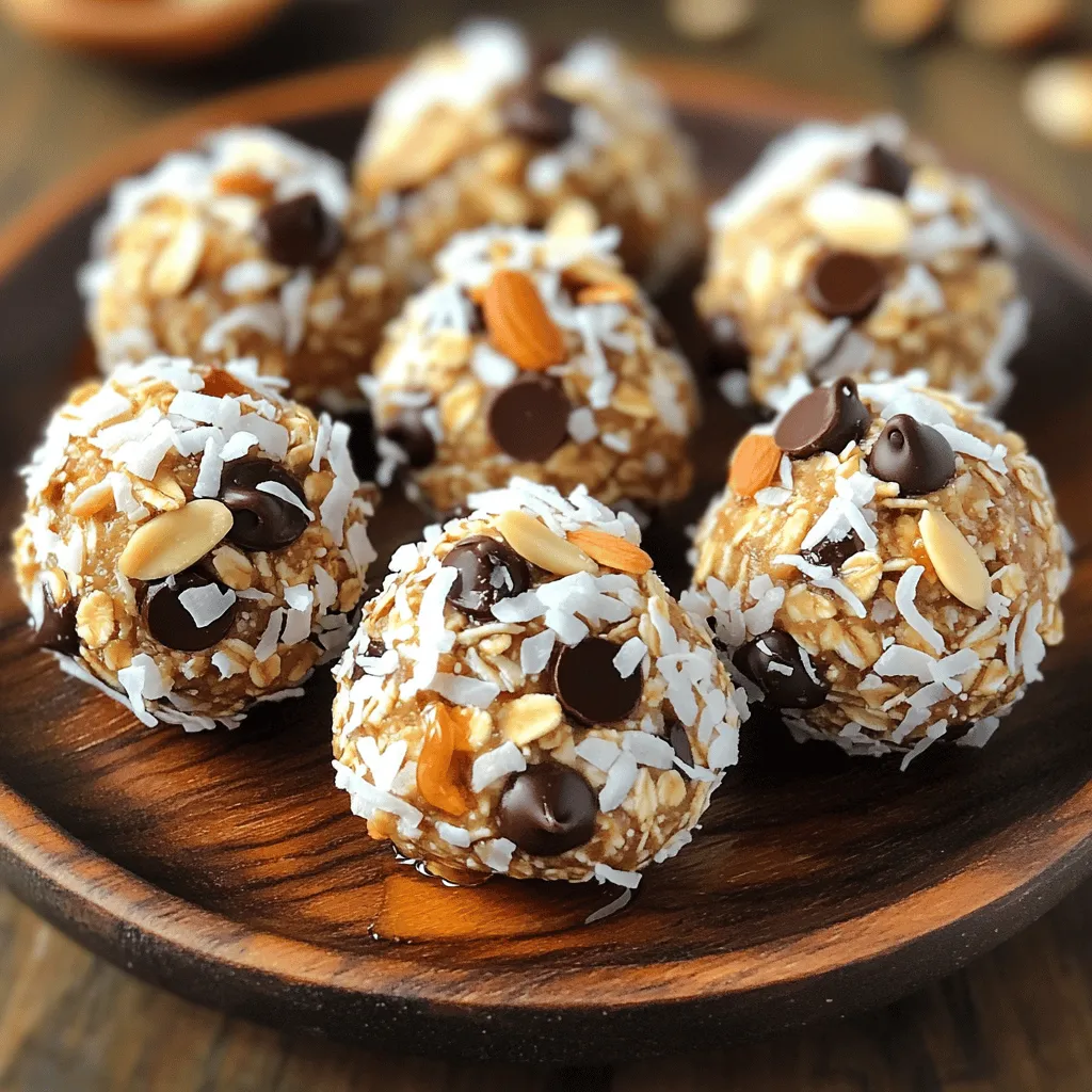 To make Almond Joy Energy Bites, you need simple ingredients. Here’s what you will need: - 1 cup rolled oats - 1/2 cup almond butter - 1/4 cup honey or maple syrup - 1/4 cup unsweetened shredded coconut - 1/4 cup dark chocolate chips - 1/4 cup chopped almonds - 1 teaspoon vanilla extract - Pinch of salt These ingredients come together to create a tasty and nutritious treat. Each ingredient in these bites offers unique health perks. Here’s a closer look: - Rolled oats: They provide fiber, which helps with digestion. - Almond butter: It is rich in healthy fats and protein. - Honey or maple syrup: These natural sweeteners give energy without refined sugar. - Shredded coconut: This adds healthy fats and can help boost energy. - Dark chocolate chips: They offer antioxidants and can improve heart health. - Chopped almonds: These nuts are a great source of vitamin E and magnesium. These ingredients combine to make a snack that is not only tasty but also good for you. Choosing the best ingredients makes a big difference. Here are some tips: - Rolled oats: Look for organic oats without added sugars. - Almond butter: Select a brand with minimal ingredients, ideally just almonds. - Honey or maple syrup: Go for raw honey or pure maple syrup for the best flavor. - Shredded coconut: Unsweetened and organic coconut will give the best taste. - Dark chocolate chips: Choose chocolate with at least 70% cocoa for health benefits. - Chopped almonds: Raw or dry-roasted almonds without added salt are best. Using quality ingredients ensures your Almond Joy Energy Bites taste great and keep you feeling good. For the complete recipe, check the full recipe. To start making Almond Joy Energy Bites, gather your ingredients. You will need: - 1 cup rolled oats - 1/2 cup almond butter - 1/4 cup honey or maple syrup - 1/4 cup unsweetened shredded coconut - 1/4 cup dark chocolate chips - 1/4 cup chopped almonds - 1 teaspoon vanilla extract - Pinch of salt In a medium bowl, add all these ingredients. Mix them well until they form a sticky mixture. Sometimes, using your hands helps blend everything better. This step is fun and gets you involved! After mixing, it’s time to chill the mixture. Place the bowl in the fridge for about 30 minutes. This is important because it helps the mix firm up. A firmer mix makes rolling the bites easier. You can use this waiting time to prepare your workspace. Once the mixture is cold, take it out of the fridge. Grab small portions and roll them into bite-sized balls, about 1 inch wide. Feel free to adjust the size to your liking. Next, place the rolled bites on a parchment-lined baking sheet or a plate. Let them sit in the fridge for another 15 to 20 minutes to set. Once they are firm, your tasty Almond Joy Energy Bites are ready to enjoy! You can store them in an airtight container in the fridge for up to a week. For longer storage, freeze them and enjoy later. Check out the Full Recipe to see more details. To get the best texture in your Almond Joy Energy Bites, start by mixing well. You want each ingredient to blend evenly. Use your hands to combine the mixture; this helps it stick. If your mix feels too dry, add a bit more almond butter or honey. If it’s too wet, add more oats. After mixing, chill the mixture for 30 minutes. This makes it easier to roll into balls. You can adjust the sweetness to fit your taste. If you like it sweeter, add more honey or maple syrup. If you prefer less sugar, reduce the amount. You could also use less chocolate or swap dark chocolate chips for a lighter option. Taste the mixture before rolling it into balls. This way, you can make sure it’s just right for you. Cleaning up after making these bites can be simple. First, use a bowl with a non-stick surface. This helps prevent sticking. Use a spatula to scrape down the sides. When rolling the bites, wet your hands a little. This stops the mix from sticking to your hands. After you're done, soak your mixing bowl and utensils in warm water. This makes washing them easier later on. For the full recipe, check out the earlier sections. Enjoy making these tasty treats! {{image_2}} You can change the flavor of your energy bites easily. Try using different nuts like walnuts or cashews. You can also mix in protein powder for a boost. Vanilla or chocolate protein powder works well. Add spices like cinnamon or nutmeg for warmth. You can even swap dark chocolate chips for white or milk chocolate to suit your taste. If you need vegan options, use maple syrup instead of honey. Almond butter is already vegan, so you’re good there. For gluten-free bites, make sure your oats are certified gluten-free. This way, everyone can enjoy these delicious treats. You can also make nut-free bites. Just use sunflower seed butter instead of almond butter. These energy bites pair well with other snacks. Slice them up and add them to a trail mix. Mix with dried fruits and seeds for a great snack. You can also crumble them on yogurt or smoothie bowls. This adds flavor and nutrition to your meals. If you love energy bars, shape the mixture into bars instead of bites! For the full recipe, check out the details above. To keep your Almond Joy Energy Bites fresh, store them in an airtight container. This helps keep moisture out and flavor in. Make sure to place them in the fridge right after they set. The cool air helps maintain their texture and taste. When stored properly in the fridge, these bites last for up to one week. If you want them to last longer, freezing is a great option. Just remember that the longer you store them, the more flavor and texture they may change. To freeze your Almond Joy Energy Bites, place them in a single layer on a baking sheet first. Once they are frozen solid, transfer them to a freezer bag or airtight container. They can last for up to three months in the freezer. When you’re ready to enjoy them, simply take out the bites and let them thaw in the fridge for a few hours. They will taste just as good! For the full recipe, check out the instructions above! You can use sun butter or peanut butter instead. These options add great taste. They also keep the texture similar. Just swap in the same amount as the almond butter. This change makes the bites nut-free. Kids with nut allergies can enjoy these treats too. Yes, you can use maple syrup or agave nectar. Both options work well and keep it sweet. They add a nice flavor too. If you want to avoid sugar, use mashed bananas. This option will change the taste but still be yummy. These bites are packed with healthy fats and fiber. Almonds and coconut give you energy. The oats help keep you full longer. Dark chocolate adds antioxidants, which are good for you. Plus, they are a great source of protein. The recipe makes about 12 to 15 bites. Each bite is a perfect snack. You can share them or keep them all for yourself! They are great for lunch boxes or a quick snack. Almond Joy Energy Bites are easy and fun to make. We covered key ingredients, health benefits, and how to select quality items. The step-by-step guide helps in the kitchen, from preparation to chilling. Tips ensure you get the right texture and sweetness. Variations allow for creativity, catering to different diets. Lastly, proper storage keeps your bites fresh for longer. Remember, making these bites can be quick and rewarding. Enjoy your time in the kitchen and the tasty treats you'll create!