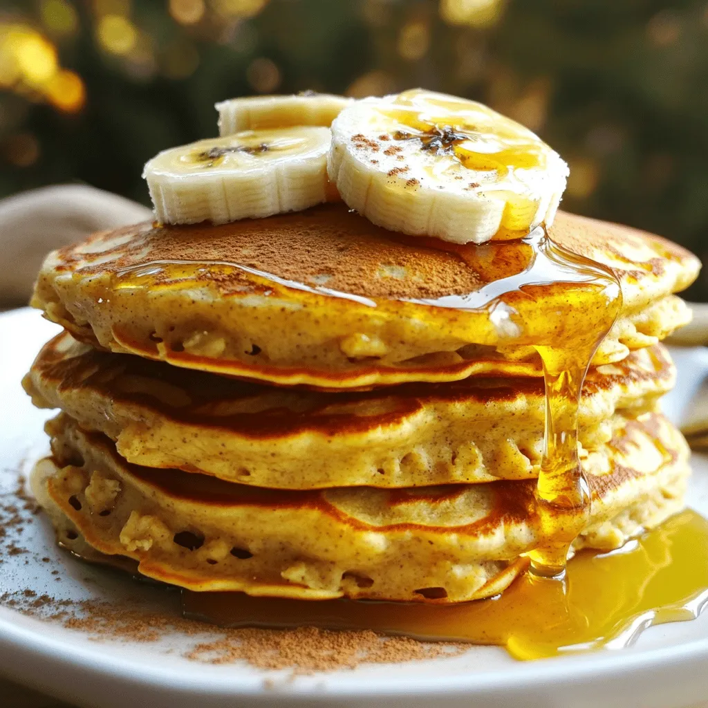 To make delicious banana oatmeal pancakes, gather the following ingredients. Each item plays an important role in creating the perfect pancake. - 1 cup rolled oats - 1 cup milk (dairy or non-dairy) - 2 ripe bananas, mashed - 2 eggs - 1 teaspoon vanilla extract - 1 teaspoon baking powder - ½ teaspoon cinnamon - A pinch of salt - 2 tablespoons honey or maple syrup (optional) - Coconut oil or butter for cooking Using rolled oats gives the pancakes a nice texture. You can choose either dairy milk or a plant-based option. Ripe bananas not only sweeten the pancakes but also add moisture. I prefer using fresh eggs for the fluffiest results. Vanilla extract adds a lovely aroma, while baking powder helps the pancakes rise. A touch of cinnamon gives warmth to the flavor. Salt balances the sweetness, and honey or maple syrup is great if you like extra sweetness. For cooking, you can use either coconut oil or butter. Both add flavor and prevent sticking. Now that you have your ingredients ready, you're one step closer to enjoying these tasty pancakes! Don't forget to check out the Full Recipe for a complete guide. To make oat flour, blend rolled oats in a blender. Use a high speed to get a fine texture. It only takes about 30 seconds. If you blend too long, it can turn into oat butter. Blend just until it looks like flour. This is a great base for your pancakes. Add the ingredients in a specific order for the best mix. Start with the oat flour in the blender. Then, add the milk, mashed bananas, and eggs. Next, pour in the vanilla extract, baking powder, and cinnamon. Finally, add salt and honey or syrup if you want some sweetness. Blend all the ingredients until the mixture is smooth. Let the batter sit for about five minutes. This helps it thicken nicely. For perfect pancakes, heat your skillet on medium. Add a small amount of coconut oil or butter. Pour about ¼ cup of batter on the skillet for each pancake. Watch for bubbles on the surface, which takes about 2-3 minutes. Flip the pancake and cook for another 2-3 minutes until golden brown. Repeat this until all the batter is cooked. If your skillet gets dry, add more oil or butter. Enjoy your delicious Banana Oatmeal Pancakes! For more details, check the Full Recipe. To achieve fluffy pancakes, start with fresh ingredients. Use ripe bananas for natural sweetness. They add moisture and flavor. Blend your oats into a fine flour for a smooth batter. This helps the pancakes rise better. Let the batter rest for five minutes. This step makes a big difference. It allows the oats to absorb liquid and thicken. This results in a fluffier texture. For toppings, I love to use fresh fruit. Sliced bananas, blueberries, or strawberries are great choices. A drizzle of honey or maple syrup adds sweetness. You can also sprinkle some nuts for crunch. Greek yogurt on top gives a creamy finish. If you're feeling adventurous, add a dollop of nut butter. Each topping brings a new flavor to your pancakes. Preparing the batter ahead of time is easy. You can store it in the fridge for up to two days. Just cover it well to keep it fresh. When you're ready to cook, just give it a quick stir. If it thickens too much, add a little milk. This makes breakfast quick on busy mornings. You can even freeze cooked pancakes for later. Just reheat them in the toaster or microwave. Enjoy your pancakes any day of the week with little effort. For the full recipe, check the earlier section. {{image_2}} You can take your banana oatmeal pancakes up a notch. Adding chocolate chips makes them sweet and fun. Just fold in ½ cup of mini chocolate chips into the batter. If you want some crunch, add nuts too. Walnuts or pecans work great. Just chop them up and mix them in. Both options give your pancakes a tasty twist. If you need gluten-free or dairy-free options, you can easily adjust this recipe. For gluten-free pancakes, use certified gluten-free oats. They blend just as well and taste amazing. For a dairy-free version, substitute milk with almond milk or oat milk. These options keep the pancakes soft and delicious without cow's milk. Want to serve these pancakes in a new way? Try making a breakfast bowl. Stack the pancakes and slice them into pieces. Add your favorite toppings like yogurt, fresh fruit, or nuts. Drizzle honey or maple syrup on top for extra sweetness. This new style is fun and perfect for sharing with friends or family. For the complete guide, check out the Full Recipe. To keep leftover pancakes fresh, let them cool first. Then, stack them with parchment paper in between each pancake. This step prevents them from sticking together. Place the stack in an airtight container or a zip-top bag. You can refrigerate them for up to three days. If you want to keep them longer, freeze them. Just wrap each pancake in plastic wrap before putting them in a freezer bag. This method keeps them safe from freezer burn. When you’re ready to eat your pancakes again, you have a few options. The microwave is the quickest method. Place pancakes on a microwave-safe plate and cover them with a damp paper towel. Heat for about 20-30 seconds. For the best texture, use a skillet. Heat a little butter or coconut oil in the skillet over medium heat. Add pancakes and reheat for about one minute on each side. This method helps keep them fluffy and warm. Leftover pancakes can last in the fridge for about three days. If you freeze them, they can last for up to two months. Just remember to label your bags with the date. This way, you’ll know when to enjoy them before they lose quality. You can tell your pancakes are done when you see small bubbles form on top. This usually takes about 2-3 minutes on medium heat. After flipping, cook for another 2-3 minutes until they are golden brown. The edges should look set and not wet. If they look puffy and firm, you nailed it! Yes, you can use quick oats, but the texture will change. Quick oats will make your pancakes a bit softer and denser. Rolled oats give a chewier bite and a heartier texture. If you prefer a smoother pancake, quick oats are fine. Just know they will differ from the classic pancake feel. You can swap bananas with applesauce or mashed sweet potatoes. Both will add natural sweetness and moisture. You could also use pureed pumpkin for a fun fall flavor. Each option changes the taste slightly, but they all work well in this recipe. To make these pancakes vegan, replace the eggs with flax eggs. Mix 1 tablespoon of flaxseed meal with 2.5 tablespoons of water. Let it sit until it thickens. For the milk, use almond, soy, or oat milk. These swaps keep the pancakes tasty while being plant-based. One serving has about 200 calories, depending on your ingredients and toppings. You get around 8 grams of protein and 4 grams of fiber, thanks to the oats and bananas. These pancakes are filling and nutritious, making them a great breakfast choice! Check the Full Recipe for more details on serving sizes and nutrition. This blog explored how to make delicious Banana Oatmeal Pancakes. We covered key ingredients, step-by-step instructions, tips for fluffiness, and variations. Remember, you can prep the batter ahead or store leftovers with ease. I hope you feel ready to try these pancakes. They are a healthy option for breakfast or a snack. Enjoy experimenting with flavors and toppings! Happy cooking!