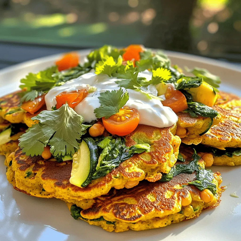 For this recipe, you need 1 cup of chickpea flour, also known as besan. This flour comes from ground chickpeas. It is high in protein and fiber, making it a great choice for pancakes. To add flavor, you will mix in some spices. You will need: - 1/4 teaspoon turmeric powder - 1/2 teaspoon cumin powder - 1/4 teaspoon baking powder - 1/2 teaspoon salt - 1/4 teaspoon black pepper These spices give your pancakes a warm and savory taste. Turmeric adds a lovely yellow color. Fresh veggies make these pancakes both tasty and healthy. You will need: - 1/4 cup finely chopped spinach - 1/4 cup grated zucchini - 1/4 cup chopped tomatoes - 2 tablespoons finely chopped onion These vegetables add moisture and flavor. They also boost the nutrition of your pancakes. You can use any veggies you like, but these work well. For the complete recipe, check out the Full Recipe section. To make the batter, start by gathering your dry ingredients. In a mixing bowl, combine: - 1 cup chickpea flour (besan) - 1/4 teaspoon turmeric powder - 1/2 teaspoon cumin powder - 1/4 teaspoon baking powder - 1/2 teaspoon salt - 1/4 teaspoon black pepper Mix these well to blend the flavors. Next, slowly add 1 cup of water while whisking. You want a smooth batter, so keep whisking until you see no lumps. The batter should feel like regular pancake mix. Now, fold in chopped vegetables: - 1/4 cup finely chopped spinach - 1/4 cup grated zucchini - 1/4 cup chopped tomatoes - 2 tablespoons finely chopped onion Mix gently until the veggies are evenly spread in the batter. Heat a non-stick skillet over medium heat. Add a small amount of olive oil to coat the pan. Once the pan is hot, pour a ladleful of batter into it. Spread the batter a bit to form a round shape about 1/4-inch thick. Cook for 3-4 minutes until you see small bubbles on the surface. Then, flip the pancake over and cook for another 2-3 minutes until golden brown. Repeat this for the rest of the batter, adding more oil as needed. Serve your pancakes warm for the best taste. For added flavor, drizzle with yogurt and sprinkle fresh herbs like cilantro or parsley on top. You can also pair them with avocado slices or a tangy salsa for a fun twist. Enjoy your meal with family or friends! Don't forget to check the Full Recipe for more tips! To get the best texture, focus on your batter. The batter should be smooth and thick, but not too runny. If it feels too thick, add a bit more water. If it feels too thin, add a little more chickpea flour. A good rule is to let the batter sit for about 10 minutes before cooking. This resting time helps the flour absorb the water. It also makes the pancakes fluffier. When cooking, keep your skillet at medium heat. If it’s too hot, the pancakes can burn. If it’s too cool, they won’t cook well. Use a non-stick skillet or a well-seasoned pan. Add olive oil to coat the pan lightly. This oil helps prevent sticking and gives the pancakes a nice, crisp edge. Flip the pancakes when you see small bubbles forming on top. This means they are ready to turn. Chickpea flour pancakes are very versatile. You can serve them in many ways. Drizzle some yogurt on top for creaminess. Fresh herbs like cilantro or parsley add color and flavor. You can also serve them with a side of sautéed vegetables or a fresh salad. For a fun twist, try topping them with avocado and a squeeze of lime. The options are endless! For the full recipe, check out the detailed steps above. {{image_2}} You can easily make these pancakes vegan. Just use chickpea flour, water, and your choice of veggies. This recipe is already vegan since it does not include eggs or dairy. You can enjoy a healthy, plant-based meal. Herbs and spices can make your pancakes burst with flavor. Try adding fresh herbs like cilantro or parsley. You can also mix in spices like garlic powder or paprika. These small changes can take your pancakes to the next level. Experiment with what you like best! Chickpea flour pancakes can be sweet or savory. For sweet pancakes, you can add a little sugar or maple syrup. Try mixing in mashed bananas or berries for a fruity taste. For savory pancakes, use more spices and veggies. The options are endless, so have fun creating your perfect pancake. For the complete recipe, check out the Full Recipe section. Chickpea flour pancakes store well in the fridge. Let them cool to room temperature first. Place them in an airtight container. They stay fresh for up to three days. If you want to keep them longer, freezing is best. Freezing is a great option for longer storage. Stack the pancakes with parchment paper in between each one. This prevents them from sticking together. Wrap the stack tightly in plastic wrap and then place it in a freezer bag. They can last for up to two months in the freezer. Reheating is simple and quick. For the best texture, use a skillet. Heat the skillet over medium heat. Add a little olive oil to prevent sticking. Place the pancake in the pan for two minutes on each side. You can also use a microwave. Heat for about 30 seconds, but the texture won’t be as nice. Enjoy your chickpea flour pancakes warm! For the full recipe, refer back to the top section. You can use other flours like almond flour or oat flour. These flours have different flavors and textures. Almond flour gives a nutty taste, while oat flour is mild. Keep in mind, however, that the pancakes may not taste the same as those made with chickpea flour. Experimenting with these flours can lead to some fun results. Chickpea flour is naturally gluten-free, so you are already on the right track! To ensure your pancakes are gluten-free, make sure all other ingredients are gluten-free too. Check the baking powder and any added spices. By doing this, you can enjoy your pancakes without worrying about gluten. Yes, you can make these pancakes ahead of time. Just cook them and let them cool. Store them in an airtight container in the fridge. They will stay fresh for about 2-3 days. When you are ready to eat, just reheat them in a skillet or microwave. This makes breakfast quick and easy! For the full recipe, check out the details above. You now know how to make delicious chickpea flour pancakes. We covered the key ingredients, from the chickpea flour to spices and fresh veggies. I shared clear steps for mixing, cooking, and serving. You learned tips to perfect texture, along with tasty variations. Storage advice helps keep leftovers fresh. Now, you can create great meals for yourself or friends. Enjoy experimenting with flavors and options to make these pancakes your own. Happy cooking!