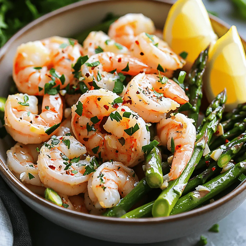 - 1 pound large shrimp, peeled and deveined - 1 bunch asparagus, trimmed and cut into 2-inch pieces - 4 tablespoons unsalted butter - 4 cloves garlic, minced - 1 teaspoon lemon zest - 2 tablespoons fresh lemon juice - Optional: 1 teaspoon red pepper flakes - Salt and black pepper to taste - Fresh parsley, chopped (for garnish) For this dish, I love using fresh ingredients. The shrimp should be large and juicy. I always peel and devein them for the best texture. The asparagus adds a nice crunch and bright color. Make sure to cut them into 2-inch pieces so they cook evenly. The butter becomes the star of the show. It melts into a rich sauce that coats every bite. Adding minced garlic brings a warm, savory taste. Lemon zest and juice brighten up the dish, making it fresh and zesty. For a kick, I sometimes use red pepper flakes. They add heat without overpowering the flavors. Season with salt and black pepper to your liking. Finally, a sprinkle of fresh parsley on top makes everything look lovely. You can find the full recipe above to gather these tasty ingredients. - Rinse shrimp and pat dry. - Trim and cut asparagus. To start, wash the shrimp under cold water. This step keeps them clean and fresh. After washing, dry them with paper towels. This helps the shrimp sear better when cooking. Next, take your asparagus. Cut off the tough ends and slice them into 2-inch pieces. This size cooks evenly and looks nice on your plate. - Melt butter and sauté garlic. - Cook asparagus and add shrimp. Now, grab a large skillet and melt the butter over medium heat. Let it melt slowly to avoid burning. Once melted, toss in the minced garlic. Sauté for about a minute. You want to release its yummy fragrance. Next, add your asparagus pieces to the skillet. Cook them for 3 to 4 minutes. They should turn bright green and soften just a bit. After that, crank the heat to medium-high. Add the shrimp to the pan. Don’t forget the red pepper flakes, lemon zest, salt, and pepper. Cook for 2 to 3 minutes. The shrimp will turn pink and opaque when ready. Stir occasionally so everything cooks evenly. - Drizzle with lemon juice and serve. When the shrimp is done, take the skillet off the heat. Squeeze fresh lemon juice over the dish. This adds a bright flavor that pairs well with the garlic and butter. Gently toss everything to mix well. Now, it’s time to serve! Transfer the shrimp and asparagus to a nice platter. Sprinkle with chopped parsley for a pop of color. Enjoy your garlic butter shrimp and asparagus delight! For the full recipe and details, check out the full recipe. How to avoid overcooking shrimp To prevent overcooking shrimp, keep an eye on their color. Cook them until they turn pink and opaque. This usually takes about 2-3 minutes. If they curl tightly, they are done. Remove them from heat right away. Overcooked shrimp become rubbery and hard to chew. Best practices for asparagus When cooking asparagus, aim for a vibrant green color. Sauté it for about 3-4 minutes until tender but still crisp. If you overcook it, it loses its bright color and crunch. You can test by poking a piece with a fork. It should be easy to pierce but still firm. Ideal dishes to accompany the meal Garlic butter shrimp and asparagus pair well with fluffy rice or creamy mashed potatoes. For a lighter option, consider a fresh green salad. You can also serve it with crusty bread to soak up the garlic butter sauce. Presentation tips for an appealing platter For a stunning presentation, serve the dish in a wide bowl or platter. Arrange the shrimp and asparagus neatly. Sprinkle chopped parsley on top for a pop of color. Adding lemon wedges on the side enhances the look and adds freshness. You want your dish not only to taste great but also to look inviting. {{image_2}} You can change up the veggies in this dish. Try broccoli or snap peas instead of asparagus. They add a nice crunch and flavor. If you want a twist, use zucchini or bell peppers. These options can make the meal even more colorful and fun. For shrimp, you have choices too. Use medium or small shrimp if you prefer. You can also swap shrimp for scallops or chicken. Just adjust the cooking time to make sure everything cooks well. To spice things up, add some heat! Try cayenne pepper or chili powder for more kick. You can also experiment with smoked paprika for a smoky flavor. This gives the dish a deeper taste that you might love. Herbs can change the whole vibe of the dish. Adding fresh basil or dill can bring a bright touch. You could also use thyme or oregano for a more earthy flavor. Mix and match to find what you enjoy most. For the full recipe, check out Garlic Butter Shrimp & Asparagus Delight. To store leftovers, let the dish cool first. Place it in an airtight container. This keeps the shrimp and asparagus fresh. Store it in the fridge for up to three days. When reheating, use a skillet over medium heat. Add a splash of water or broth to keep it moist. Stir often until it's hot. You can also use the microwave. Heat in short bursts, checking often to avoid overcooking. Can you freeze garlic butter shrimp and asparagus? Yes, you can! Freezing helps keep it for later. To freeze, let the meal cool fully. Place it in a freezer-safe container. Make sure to seal it tightly to avoid freezer burn. It can last up to three months in the freezer. To thaw, move it to the fridge for several hours or overnight. You can also use the microwave for quick thawing. Once thawed, reheat in a skillet like before. This way, you keep the flavors intact. For more details, check the Full Recipe. How long do I cook shrimp and asparagus? You cook shrimp and asparagus for about 8 to 10 minutes. First, sauté the asparagus for 3 to 4 minutes. Then, add the shrimp and cook for another 2 to 3 minutes. Watch for the shrimp to turn pink and opaque. Can I use frozen shrimp for this recipe? Yes, you can use frozen shrimp. Just thaw them first. Place them in cold water for about 15 minutes. Once thawed, pat them dry before cooking. What should I serve with garlic butter shrimp and asparagus? This dish pairs well with rice or pasta. You can also serve it with a fresh salad. Garlic bread is a nice addition too. What type of shrimp is best for this recipe? Large shrimp work best for this recipe. They hold up well during cooking and offer a nice bite. Look for shrimp that are peeled and deveined for ease. Can I make this recipe ahead of time? You can prep the ingredients ahead of time. Chop the asparagus and mince the garlic. Store them in the fridge until you are ready to cook. Cooked shrimp and asparagus are best fresh, so make them just before serving. How many calories are in garlic butter shrimp and asparagus? A serving has about 300 calories. This can vary based on butter and shrimp size. Is this dish healthy? Yes, this dish is healthy. Shrimp provide protein, and asparagus adds fiber and vitamins. Using less butter can make it even lighter. Enjoy it as part of a balanced meal. This blog post showed you how to make garlic butter shrimp and asparagus. We covered the main ingredients, step-by-step cooking, and tips for the best results. You can enhance the recipe with different veggies and spices if you want. Remember to store leftovers properly and consider cooking ahead. This dish is healthy and quick, perfect for any meal. Enjoy making it your own and impressing others with your cooking skills!