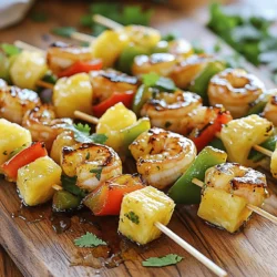 - 1 pound large shrimp, peeled and deveined - 1 ripe pineapple, cut into cubes - 1 red bell pepper, cut into chunks - 1 green bell pepper, cut into chunks - 2 tablespoons olive oil - 3 tablespoons honey - 1 tablespoon soy sauce - 1 teaspoon sriracha - 1 teaspoon garlic powder - 1 teaspoon ginger powder - Salt and pepper to taste - Fresh cilantro for garnish (optional) - Wooden or metal skewers When I make sweet and spicy shrimp skewers, I focus on fresh ingredients. The shrimp are key. I prefer large, juicy shrimp that soak up the flavors well. The pineapple adds sweetness, while the bell peppers give color and crunch. The marinade brings it all together. I mix olive oil, honey, soy sauce, sriracha, garlic powder, and ginger powder. Adjust the sriracha to match your heat level. Don’t forget salt and pepper for balance. Using fresh cilantro for garnish gives that extra touch. If you use wooden skewers, soak them for 30 minutes. This step keeps them from burning on the grill. These ingredients make a fun, colorful dish. The blend of sweet and spicy keeps everyone coming back for more. Trust me, you will love these shrimp skewers! For the full recipe, check out the details above. To start, gather your ingredients. In a large mixing bowl, whisk together the marinade. Combine olive oil, honey, soy sauce, sriracha, garlic powder, ginger powder, salt, and pepper. This mix gives the shrimp a sweet and spicy kick. Next, add the shrimp to the marinade. Toss well to coat each shrimp. Let them marinate for at least 15 minutes. For a deeper flavor, you can marinate them for up to 1 hour in the fridge. Now, it’s time to fire up the grill! Preheat your grill or grill pan over medium-high heat. While it heats, prepare your skewers. If you use wooden skewers, soak them in water for 30 minutes to prevent burning. Thread the marinated shrimp onto the skewers. Alternate with pineapple cubes and bell pepper chunks for a colorful look. Grill the skewers for about 2-3 minutes on each side. The shrimp should turn pink and opaque when done. Look for nice grill marks on the pineapple, too. To check for doneness, cut a shrimp in half; it should be opaque, not translucent. Once cooked, remove the skewers from the grill. Let them rest for a couple of minutes before serving. Enjoy your sweet and spicy shrimp skewers! For the full recipe, check out the section above. To get the best flavor, balance sweetness and spiciness. If you like it sweet, add more honey. If you crave heat, increase the sriracha. Taste your marinade before adding shrimp. Letting shrimp marinate longer enhances the taste. Aim for at least 15 minutes, but one hour in the fridge works wonders. When skewering, alternate shrimp and veggies for even cooking. This helps all ingredients cook at the same rate. Ensure not to overcrowd the skewers. Leave some space for heat to flow. If you don’t have skewers, use grill baskets or foil. These options also keep food from falling through the grill. Pair these skewers with rice or a fresh salad. Coconut rice adds a nice touch. A green salad with lime dressing complements the dish well. For garnishing, a sprinkle of fresh cilantro adds color and flavor. Serve your skewers on a colorful platter to impress guests. For even more ideas, check out the Full Recipe. {{image_2}} You can switch the shrimp for chicken or tofu. Both work great with this recipe. Chicken adds a hearty touch, while tofu makes it vegan. For vegetables, try zucchini, mushrooms, or cherry tomatoes. They add a nice crunch and flavor. Want to boost the taste? Add fresh herbs like basil or cilantro. They brighten the dish. You can also try spices like cumin or paprika for a twist. Other sauces like teriyaki or barbecue can replace the honey soy mix for variety. If you prefer, you can bake the skewers in the oven. Preheat it to 400°F and cook for 10-12 minutes. Make sure to flip them halfway through. An air fryer is another option. Cook at 375°F for about 8-10 minutes. Both methods give you tasty results! For the full recipe, check out the Sweet & Spicy Pineapple Shrimp Skewers. To keep your shrimp skewers fresh, store them in an airtight container. Place them in the fridge. It's best to eat leftovers within two days. This helps keep the shrimp juicy and tasty. If you have extra marinade, store it separately. This way, you can use it again later for dipping. You can reheat your skewers in several ways: - Microwave: Place them on a plate and cover with a damp paper towel. Heat for 30 seconds, then check. - Oven: Preheat your oven to 350°F. Place the skewers on a baking sheet and heat for about 10 minutes. - Stovetop: In a pan, heat a little oil over medium heat. Add the skewers and cook for 2-3 minutes, turning often. If you want to freeze marinated shrimp, here’s how: 1. Place the shrimp in a freezer bag. 2. Make sure to remove as much air as possible. 3. Seal the bag tightly and label it with the date. 4. Keep it in the freezer for up to three months. When you're ready to use them, thaw in the fridge overnight. Then, grill them when you're ready for a tasty meal. How do you know when shrimp is cooked? Shrimp turns pink and opaque when cooked. The flesh should feel firm to the touch. If you see a nice curl, that’s a good sign! Overcooking makes shrimp tough, so keep an eye on it. Can I use frozen shrimp? Yes, you can! Just make sure to thaw it first. Place the shrimp in a bowl of cold water for about 15-20 minutes. This method works best. You can also leave it in the fridge overnight for a slower thaw. Can I make this recipe spicy? Absolutely! Add more sriracha for heat. You could also sprinkle in red pepper flakes or cayenne pepper. Just remember to taste as you go to find your perfect spice level. What if I don’t have skewers? No problem! You can grill the shrimp and veggies in a grill basket. Alternatively, use a baking sheet in the oven. Just make sure to spread them out for even cooking. How long can I marinate shrimp? You can marinate shrimp for 15 minutes to 1 hour. Longer marination adds more flavor, but don’t go over an hour. The acid in the marinade can change the texture of the shrimp. What other marinades work for shrimp? You can try lemon garlic, teriyaki, or even coconut curry marinades. Each gives shrimp a unique twist. Feel free to experiment with your favorite flavors! Sweet and spicy pineapple shrimp skewers combine great flavors and nutrients. We covered key ingredients, cooking steps, and tips for perfect skewers. This dish offers easy variations, making it fun to customize. Remember to store and reheat leftovers properly for the best taste. Enjoy experimenting with your own flavors and cooking methods. This dish is sure to impress your family and friends!