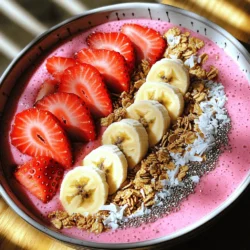 - 1 cup frozen strawberries - 1 ripe banana - 1 cup almond milk (or any milk of choice) - 1 tablespoon honey or agave syrup - 1 tablespoon chia seeds To make a delicious strawberry banana smoothie bowl, you need a few key ingredients. Start with frozen strawberries. They add a nice chill and sweetness. Use one ripe banana for a creamy texture and natural sweetness. For the liquid, almond milk works well, but feel free to use any milk you prefer. Honey or agave syrup adds a touch of extra sweetness. Finally, chia seeds provide a nice crunch and boost of nutrition. - Sliced fresh strawberries - Banana slices - Granola - Shredded coconut - Sprinkle of chia seeds Toppings make your smoothie bowl fun and beautiful. Fresh strawberries and banana slices are great choices. Granola adds a crispy texture, while shredded coconut gives a tropical vibe. A sprinkle of chia seeds on top brings an extra boost of health. You can mix and match these toppings to create your perfect bowl. For the complete recipe, check out the Full Recipe. Enjoy your healthy treat! To start, gather your ingredients. In a blender, combine: - 1 cup frozen strawberries - 1 ripe banana - 1 cup almond milk (or any milk of choice) - 1 tablespoon honey or agave syrup Blend these ingredients on high until smooth and creamy. If the mix feels too thick, add a splash more almond milk. You want a nice, thick, and creamy base. Once the smoothie base is ready, add 1 tablespoon of chia seeds. Pulse the blender a couple of times. This helps mix in the seeds without breaking them down too much. Chia seeds add a nice texture and boost nutrition. Now it's time to make it look pretty! Pour the smoothie mixture into a bowl. Take your time to arrange your toppings artfully. Use: - Sliced fresh strawberries - Banana slices - Granola - Shredded coconut - A sprinkle of chia seeds Each topping adds color and crunch, making your bowl both tasty and beautiful. Enjoy your refreshing and healthy meal right away! To get the right texture, adjust the liquid amount. If your smoothie is too thick, add more almond milk. Start with a little at a time. If it's too thin, add more frozen strawberries or banana. When blending, use a high-speed blender for smooth results. Stop and scrape the sides as needed. This helps mix everything evenly. Blend until it looks creamy, not watery. For the best flavor, choose ripe bananas. They should be yellow with a few brown spots. Select strawberries that are bright red and firm. Fresh strawberries work great, but frozen ones are perfect for a chill. If you want to sweeten your bowl, try honey or agave syrup. Maple syrup is another tasty option. You can also skip sweeteners if your fruit is ripe enough. Make your smoothie bowl look stunning by arranging toppings in a pattern. Start with sliced strawberries and banana slices. Then add granola and shredded coconut. Use vibrant garnishes to make it pop. Bright fruits like blueberries or kiwi can add color. A sprinkle of chia seeds on top gives a nice final touch. This makes your bowl not just tasty but also a feast for the eyes. {{image_2}} You can mix your smoothie bowl with different fruits. Adding other berries like blueberries or raspberries gives a fun twist. They also add bright colors and flavors. Try tropical fruits too! Pineapple or mango will make your smoothie bowl taste like a vacation. Just blend them with the strawberries and banana. If you need a dairy-free option, switch to almond milk or coconut milk. These milks keep the bowl creamy and tasty. You can also make it vegan by using agave syrup instead of honey. For a low-sugar option, skip the syrup or use a few drops of stevia. Want to add more protein? Try adding a scoop of protein powder. This makes your smoothie bowl filling and perfect for breakfast. You can also include nut butter like almond or peanut butter. This adds creaminess and a nutty flavor. Plain yogurt is another great option. It adds creaminess and more protein to your bowl. For more details on how to make this delicious treat, check the Full Recipe. To store leftovers, put your smoothie bowl in an airtight container. This keeps it fresh. You can keep it in the fridge for up to 24 hours. If you have extra toppings, store them separately. This prevents them from getting soggy. When you're ready to eat, give it a quick stir. You might need to add a splash of almond milk for creaminess. You can freeze your smoothie bowl for later. Just pour the mixture into a freezer-safe bowl. Cover it tightly and freeze it for up to one month. When you want to eat it, take it out of the freezer. Let it thaw in the fridge overnight. If you're in a hurry, leave it on the counter for a couple of hours. Once thawed, stir well and add your favorite toppings. Enjoy it just like freshly made! A smoothie bowl is a thick blend of fruits and liquids served in a bowl. You eat it with a spoon, unlike regular smoothies that you drink. Smoothie bowls are often topped with fresh fruit, granola, and seeds, making them visually appealing and tasty. They offer a fun way to enjoy your favorite smoothie, plus you can customize the toppings. To make your smoothie bowl thicker, use frozen fruits like strawberries and bananas. These fruits add body to your blend. You can also cut back on the liquid, like almond milk. Start with less and add more only if needed. Another tip is to add chia seeds. They expand and create a thicker texture when they soak. Yes, you can prepare a smoothie bowl in advance! Make the smoothie base and store it in the fridge for up to 24 hours. Use an airtight container to keep it fresh. When you're ready to serve, just add your toppings. If you want to freeze it, pour the mixture into a bowl and freeze. Thaw it in the fridge overnight, then top it before eating. In this post, we covered how to make a delicious smoothie bowl with simple ingredients. You learned about choosing the right fruits and how to blend them smoothly. We included tips for presentation and variations to suit your taste. Remember, you can personalize your bowl with toppings and adjust for diet needs. Enjoy exploring different flavors and combinations. Smoothie bowls are a fun and healthy treat that you can easily make at home!