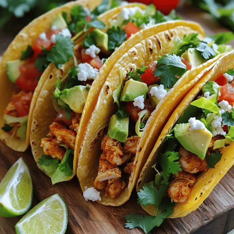 - 2 chicken breasts, diced - 1 tablespoon olive oil - 1 teaspoon smoked paprika - 1 teaspoon ground cumin - 1 teaspoon chili powder - 1 lime, juiced - 2 garlic cloves, minced - Salt and pepper to taste - 8 small corn tortillas The main ingredients create a strong base for our zesty chicken tacos. The chicken breasts provide protein. The spices, like smoked paprika and cumin, add warmth and depth. Lime juice brings a fresh, bright flavor. - 1 cup shredded lettuce - 1 cup diced tomatoes - 1 avocado, sliced - Fresh cilantro, for garnish - Crumbled feta cheese (optional) Toppings make your tacos even better. Lettuce adds crunch. Tomatoes give freshness. Avocado slices add creaminess. Cilantro brings a burst of flavor. You can sprinkle feta for a salty kick. - Skillet - Mixing bowl - Cooking utensils For this recipe, you need a few simple tools. Use a skillet to cook the chicken. A mixing bowl helps mix all the ingredients. Cooking utensils, like a spatula, help with stirring and serving. This recipe comes together fast and is full of flavor. You can find the full recipe in this guide. Enjoy your cooking! - In a large bowl, combine the diced chicken, olive oil, smoked paprika, ground cumin, chili powder, lime juice, minced garlic, salt, and pepper. - Toss until the chicken is well-coated in the seasoning. This step adds deep flavor. - Preheat your skillet over medium-high heat. A hot skillet gives the chicken a nice sear. - Add the marinated chicken to the skillet and cook for about 6-8 minutes. Stir occasionally. The chicken should be cooked through and slightly charred for the best taste. - Warm the corn tortillas in a separate pan for about 1-2 minutes on each side. This makes them soft and ready to hold your filling. - To keep tortillas soft, cover them with a clean cloth after warming. This helps retain heat and moisture. - Place a generous amount of zesty chicken onto each warmed tortilla. Make sure to use enough chicken for flavor in every bite. - Top with shredded lettuce, diced tomatoes, and avocado slices. Sprinkle fresh cilantro on top. If you like, add crumbled feta cheese for extra flavor. - Serve these tacos immediately with extra lime wedges on the side for a zesty kick! Check out the Full Recipe for more details. To make your zesty chicken tacos pop, add some spices. Smoked paprika and chili powder bring warmth. Ground cumin adds a nice earthiness. You can also adjust these spices based on your taste. Fresh herbs are another great way to boost flavor. Try using cilantro or parsley for a fresh touch. Their bright notes make each taco taste special. Want your tacos to be more filling? Adding beans or rice is a smart choice. Black beans or pinto beans work well. You can also use brown rice or quinoa for extra texture. If you want more protein, try shredded beef or sautéed shrimp. These options keep your meal hearty and satisfying. When serving zesty chicken tacos, think about sides that complement them. Mexican rice or refried beans are classic choices. You can also serve chips and salsa for a crunchy bite. For drinks, consider pairing your tacos with a refreshing margarita or a cold beer. These choices enhance the flavors and make your meal even more enjoyable. {{image_2}} You can switch up the protein in this recipe. Try using beef or shrimp instead of chicken. Both options add unique flavors. Beef works well with the spices in this recipe. Shrimp cooks quickly, making it a great choice for a fast meal. If you prefer a vegetarian option, consider using grilled mushrooms or black beans. These choices still pack a punch of flavor. Add some sweetness to your tacos with mango salsa. The sweet mango balances the spices perfectly. You can also spice things up with jalapeños. They add heat and a crunchy texture that brightens each bite. Mix and match these toppings to find your favorite flavor profile. For gluten-free options, use corn tortillas, which are naturally gluten-free. You can also make low-carb tacos by using lettuce wraps instead of tortillas. This keeps the meal light and fresh while still being tasty. These modifications help everyone enjoy Zesty Chicken Tacos without worry. For the full recipe, check out the details above. To keep your zesty chicken tacos fresh, store leftovers in the fridge. Use airtight containers to prevent moisture loss. Glass or plastic containers work well. Make sure to separate the chicken from the tortillas and toppings. This keeps everything fresh and tasty. For the best taste, reheat chicken in a skillet over medium heat. This method helps maintain the chicken's texture. Stir occasionally, so it heats evenly. You can also use the microwave, but be careful not to overcook. If using the microwave, reheat in short intervals and check often. Leftovers can last in the fridge for about three to four days. Check for signs of spoilage, like off smells or changes in color. If you see any mold, throw it away. Always trust your senses. If it doesn’t smell or look right, it’s better to be safe. Enjoy your zesty chicken tacos with peace of mind! You can find the full recipe for these tacos above. To add heat, try these tips: - Increase chili powder in the recipe. - Add diced jalapeños to the chicken mix. - Use spicy salsa or hot sauce as a topping. - Serve with sliced fresh peppers for extra kick. These changes will boost the spice while keeping great flavor. Yes, you can use frozen chicken. First, thaw the chicken safely. Place it in the fridge overnight or use the microwave for quick thawing. After thawing, pat it dry before seasoning. This helps the spices stick better. Cook it just like fresh chicken for tasty results. If you don't have corn tortillas, here are some options: - Flour tortillas for a softer texture. - Lettuce wraps for a low-carb choice. - Whole wheat tortillas for added fiber. - Pita bread for a unique twist. Each option brings its own taste and texture to the tacos. You can prep Zesty Chicken Tacos ahead of time. Here are some meal prep tips: - Marinate the chicken a few hours or overnight. - Cook the chicken and store it in the fridge. - Warm tortillas just before serving. - Prepare toppings in advance and store separately. This way, you have a quick, tasty meal ready to enjoy! These sides pair well with Zesty Chicken Tacos: - Mexican rice for a filling option. - Black beans for added protein. - Grilled corn for a sweet crunch. - A fresh salad to balance the flavors. These sides enhance the meal and add variety to your plate. Making Zesty Chicken Tacos is simple and fun. You start with fresh chicken, spices, and tortillas. Marinate the chicken for great flavor. Cook it right to keep it juicy. Warm your tortillas to the perfect softness. Layer them with your favorite toppings and serve. Try different proteins and flavors to mix things up. Store leftovers safely and reheat them well. Follow these tips for tasty tacos anytime. Enjoy your delicious creation!