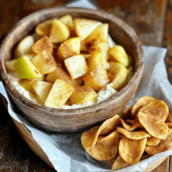 - 2 medium apples (like Granny Smith or Honeycrisp), peeled, cored, and diced - 1 tablespoon lemon juice - 1/4 cup brown sugar - 1 teaspoon ground cinnamon - 1/4 teaspoon nutmeg - 1 tablespoon cornstarch - 1 cup cream cheese, softened - 1/2 cup powdered sugar - 1 teaspoon vanilla extract - 4 large flour tortillas - 2 tablespoons melted butter - Additional cinnamon and sugar for sprinkling - Whipped cream for a creamy touch - Chopped nuts for crunch - Caramel drizzle for extra sweetness - Fresh mint leaves for color and flavor Using these ingredients, you can create a warm and tasty apple pie dip with crispy cinnamon chips. The combination of sweet apples and creamy dip makes a delightful treat. The cinnamon chips add a crunchy texture, making them perfect for dipping. For a fun twist, feel free to add your favorite garnishes or accompaniments! Check out the Full Recipe for more details. To start, gather your apples. I love using Granny Smith or Honeycrisp for their tartness. First, peel, core, and dice two medium apples. Place them in a medium bowl and toss them with 1 tablespoon of lemon juice. This keeps the apples from browning. Next, add 1/4 cup of brown sugar, 1 teaspoon of ground cinnamon, 1/4 teaspoon of nutmeg, and 1 tablespoon of cornstarch. Mix everything well. Then, transfer the apple mixture to a small saucepan over medium heat. Cook for about 5-7 minutes. Stir occasionally until the apples are tender but not mushy. Once done, remove from heat and let it cool for a few minutes. While the apple filling cools, let’s make the creamy dip. In a mixing bowl, combine 1 cup of softened cream cheese, 1/2 cup of powdered sugar, and 1 teaspoon of vanilla extract. Use an electric mixer to beat the mixture until it is smooth and creamy. Once the apple mixture has cooled, gently fold it into the cream cheese mixture. Mix until just combined and transfer it to a serving bowl. Now, it’s time for the cinnamon chips! Preheat your oven to 350°F (175°C). Take 4 large flour tortillas and cut each into wedges, aiming for about 8 pieces per tortilla. Arrange the tortilla wedges on a baking sheet. Brush them lightly with 2 tablespoons of melted butter. Sprinkle a mixture of cinnamon and sugar on top—use about 1 tablespoon of sugar mixed with 1 teaspoon of cinnamon. Bake in the oven for 8-10 minutes until the chips turn crispy and golden brown. Allow them to cool slightly before serving. Now, you can serve your apple pie dip alongside the warm cinnamon chips for dipping! For the full recipe, refer to the earlier section. To make a great apple pie dip, pick the right apples. I love using Granny Smith apples for their tartness. They add a nice balance to the sweet dip. Honeycrisp apples also work well due to their crunch and sweetness. Feel free to mix different types for added flavor. Always select firm apples to ensure they hold their shape when cooked. To create crispy cinnamon chips, start with flour tortillas. Cut them into wedges, making sure they are even. Brush each wedge with melted butter to help them crisp up. Then, sprinkle a mix of cinnamon and sugar on top. Bake them at 350°F for 8-10 minutes. Keep an eye on them to avoid burning. Let them cool slightly before serving, as they will crisp up more as they cool. Serve your apple pie dip in a rustic bowl. This adds charm and makes it feel special. Surround the dip with warm cinnamon chips on a platter. You can also include some sliced fresh apples for extra color. For a fun twist, offer small bowls of caramel and whipped cream alongside. This way, guests can dip and create their own flavor combinations. Enjoy your delicious creation at your next gathering! For the complete recipe, check the Full Recipe. {{image_2}} You can swap apples for other fruits. Pears work well too. They add a sweet and juicy twist. You could also try peaches or berries. Each fruit brings its own flavor. This makes the dip fun and fresh. Experiment with your favorite fruits for a new taste every time. If you need gluten-free chips, use corn tortillas. They make a great substitute. Just cut them like regular tortillas. Brush with butter and sprinkle with cinnamon and sugar. Bake as usual. You’ll have tasty cinnamon chips that everyone can enjoy. Want to boost the flavor? Try adding a splash of maple syrup. It adds a rich sweetness. You can also mix in some chopped nuts for crunch. Walnuts or pecans are great choices. For a hint of salt, add a pinch of sea salt. These simple changes can make your dip even better. For more details, check out the Full Recipe. Store leftover apple pie dip in an airtight container. Place it in the fridge. It will stay fresh for up to three days. Before serving again, stir it well. If it thickens, add a splash of milk to loosen it up. Keep cinnamon chips in an airtight container at room temperature. They can last for about a week. If you want them to stay crispy, do not store them in the fridge. For longer storage, freeze them for up to a month. Just make sure they are completely cool before freezing. To reheat cinnamon chips, preheat your oven to 350°F (175°C). Spread them on a baking sheet in a single layer. Heat for about 5 minutes or until warm. This will help restore their crispiness. Avoid microwaving, as this may make them chewy. For the full recipe, check the [Full Recipe] section. To make a healthier version, swap some ingredients. Use Greek yogurt instead of cream cheese. This change cuts fat and adds protein. You can use honey or maple syrup instead of brown sugar for sweetness. Try adding oats or nuts for crunch and fiber. These swaps keep the taste but reduce calories. Yes, you can use store-bought tortillas! It saves time and effort. Look for whole wheat or low-fat options for a healthier choice. Just cut them into wedges and season as you would with homemade tortillas. They will still taste great with the dip! Cinnamon chips are versatile! Try pairing them with chocolate dip for a sweet treat. Creamy marshmallow fluff also works well. You can even serve them with a fruit salsa, like strawberry or mango. Each dip adds a fun twist and keeps your guests happy. This blog post outlined how to make delicious apple pie dip and cinnamon chips. You learned about the key ingredients, step-by-step methods, and helpful tips. We also explored fun variations for different tastes and how to store leftovers. Whether you're hosting a party or enjoying a cozy night, this treat is a winner. It's simple to make and perfect for sharing. Try it out, and enjoy each bite!