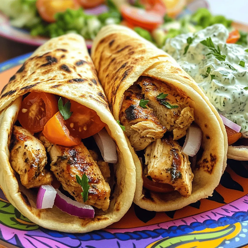 - 500g chicken breast, thinly sliced - 4 pita breads - 1 cup Greek yogurt - 1 cucumber, grated and drained - 1 large tomato, diced - 1 small red onion, thinly sliced For Greek Chicken Gyros, start with fresh, high-quality ingredients. Use tender chicken breast for the best texture. Pita bread is key for wrapping. Greek yogurt adds creaminess and tang. Fresh vegetables bring crunch and flavor. - 2 cloves garlic, minced - 1 tablespoon fresh lemon juice - 1 teaspoon dried oregano - 1 teaspoon smoked paprika - Salt and pepper to taste The marinade is the heart of this dish. Garlic adds a strong flavor. Lemon juice brightens the taste. Dried oregano gives it that classic Greek flavor. Smoked paprika adds depth. Don’t forget salt and pepper to balance everything. - Fresh parsley, chopped (for garnish) - Additional toppings like feta cheese or olives Garnishes can elevate your gyros. Fresh parsley adds a pop of green. Feta cheese lends creaminess and saltiness. Olives provide a briny bite. These extras are not required, but they make your meal more special. For the full recipe, including instructions, check out the complete guide! Start by gathering your ingredients. In a bowl, mix the Greek yogurt, minced garlic, fresh lemon juice, oregano, smoked paprika, salt, and pepper. This marinade adds a zesty flavor to the chicken. Make sure to stir well so all flavors blend together. Next, add the thinly sliced chicken to the marinade. Coat each piece well. Cover the bowl and place it in the fridge. Let it marinate for at least 30 minutes. For the best flavor, leave it for up to 2 hours. This allows the chicken to soak in the marinade. Now, you can cook the chicken. Heat a non-stick skillet or grill over medium-high heat. Add the marinated chicken to the pan. Cook for about 7 to 10 minutes. Stir occasionally until the chicken is browned and fully cooked. If you prefer, grilling gives a smoky flavor, while pan-frying can make it juicy. While the chicken cooks, it’s time for the tzatziki sauce. In a clean bowl, mix the grated cucumber with the remaining yogurt. Add salt and pepper to taste. Stir until smooth and well combined. This sauce adds creaminess and coolness to your gyros. Once the chicken is ready, warm the pita breads. You can do this on the grill or in a pan for about a minute on each side. Spread a generous tablespoon of tzatziki sauce on each pita. Add a portion of the cooked chicken. Then, top it with diced tomatoes, sliced onions, and fresh parsley. Roll the pita and enjoy your delicious Greek Chicken Gyros. For a complete meal, consider adding a side of Greek salad or sweet potato fries. You can find the full recipe for more tips and details. Marination is key to great flavor. Allow the chicken to soak in the marinade for at least 30 minutes. For the best taste, marinate for up to 2 hours. This time lets the spices and yogurt tenderize the meat. The chicken absorbs all the flavors, making each bite delicious. You can grill or use a skillet to cook your chicken. Each method has its pros and cons. - Grilling: - Pros: Adds smoky flavor and great grill marks. - Cons: Requires a grill and careful monitoring to avoid burning. - Skillet: - Pros: Quick and easy, with less cleanup. - Cons: May lack that smoky taste. Choose the method that fits your kitchen style and time. Serve your gyros with fresh sides. A Greek salad pairs perfectly, adding crunch and freshness. You can also add sweet potato fries for a fun twist. These sides elevate your meal, making it complete and satisfying. {{image_2}} You can switch up your Greek chicken gyros with different meats or even plant-based choices. Lamb is a popular option and adds rich flavor. Beef can also work well, bringing a hearty taste. For a vegetarian twist, try grilled mushrooms, falafel, or marinated tofu. All these proteins absorb flavors well and pair perfectly with tzatziki. Sauces can change the whole dish. You can make homemade tzatziki, which is fresh and bright. Use Greek yogurt, grated cucumber, garlic, and a splash of lemon juice. This sauce adds a cool touch to your gyros. If you’re short on time, store-bought tzatziki works too. Just check the ingredients for quality. Greek chicken gyros can be served in various ways. You can create gyro bowls, which are fun and filling. Just layer the chicken, veggies, and tzatziki over rice or greens. Wraps are the classic choice, where you fill the pita with chicken and toppings. Both styles taste great and fit different dining situations. For more details, check the Full Recipe. Enjoy exploring these variations! To keep your gyros fresh, place leftovers in an airtight container. Store them in the fridge. Use them within three days for the best taste. If you have extra tzatziki sauce, store it in a separate container. This keeps it fresh and tasty. You can freeze cooked chicken and sauces. First, let the chicken cool completely. Then, pack it tightly in freezer bags. Remove as much air as possible. For tzatziki, pour it into a jar. Leave some space at the top, as it will expand. Use both within three months for the best flavor. To reheat, you can use a skillet or microwave. If using a skillet, heat on medium. Add a splash of water to keep the chicken moist. If you microwave, cover it with a damp paper towel. This helps keep the chicken juicy. For tzatziki, stir it before using. This keeps the texture smooth. Grilling is the best way to cook chicken for gyros. It adds a smoky flavor that enhances the dish. If you don’t have a grill, baking is a good option. Bake the chicken at 400°F for about 20 minutes. This method keeps the chicken juicy and tender. Yes, you can make Greek Chicken Gyros ahead of time. For easy serving, marinate the chicken the night before. Cook and store the chicken in the fridge. You can also prepare the tzatziki sauce in advance. Just keep it covered in the fridge. The best pitas for gyros are traditional pita and whole wheat pita. Traditional pita is soft and fluffy, perfect for wrapping. Whole wheat pita adds more fiber and a nutty flavor. Both types work well, so choose what you prefer. You can make a healthier version by using skinless chicken breast. Swap regular Greek yogurt for low-fat yogurt. Load up on fresh veggies like lettuce and peppers. You can also skip the pita and serve the chicken in a salad. To find authentic Greek Chicken Gyros, check local Greek restaurants. Many places offer gyros made from traditional recipes. You can also explore food trucks and local markets that specialize in Mediterranean food. Enjoy the full recipe for a homemade version! In this article, we explored how to create delicious Greek Chicken Gyros. We covered the key ingredients, like chicken breast and yogurt, and discussed marinades that enhance flavor. You learned cooking methods, tips for the best taste, and handy storage advice. Now, with these steps, you can enjoy a tasty meal at home. Experiment with variations to match your taste. Enjoy your cooking journey with Greek flavors!
