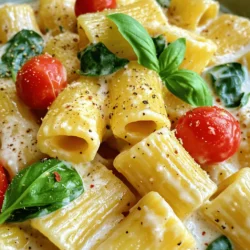 To make the creamy rigatoni, gather these items: - 12 oz rigatoni pasta - 1 tablespoon olive oil - 1 small onion, finely chopped - 3 garlic cloves, minced - 1 cup heavy cream - 1 cup grated Parmesan cheese - 1 cup baby spinach, chopped - 1 cup cherry tomatoes, halved - ½ teaspoon red pepper flakes (optional, for heat) - Salt and pepper to taste - Fresh basil leaves for garnish This creamy rigatoni dish is rich and satisfying. Each serving offers: - Calories: 480 - Protein: 18g - Carbohydrates: 45g - Fat: 25g - Fiber: 3g - Sugars: 3g The heavy cream and cheese give it a hearty flavor. The spinach and tomatoes add vitamins and minerals. For the best creamy rigatoni, use fresh ingredients. Here are some tips: - Pasta: Choose high-quality rigatoni. Look for brands that say “durum wheat” for the best texture. - Cheese: Freshly grated Parmesan melts better than pre-grated. It adds creaminess and flavor. - Vegetables: Fresh spinach and ripe cherry tomatoes taste best. They brighten the dish. - Olive Oil: Use extra virgin olive oil for a richer flavor. It enhances the overall taste. Using quality ingredients makes your meal taste amazing! For the full recipe, check out the complete guide to creamy rigatoni. To start, gather your ingredients. You need rigatoni, olive oil, onion, garlic, heavy cream, Parmesan cheese, spinach, cherry tomatoes, red pepper flakes, salt, and pepper. I find it helpful to chop the onion and garlic first. This way, they are ready when you need them. 1. Fill a large pot with water. Add salt and bring it to a boil. 2. Once boiling, add the rigatoni. Cook it until it is al dente, which means it should still be firm. 3. Before draining, save one cup of the pasta water. This water helps adjust the sauce later. After that, drain the pasta and set it aside. Now, let’s move to the skillet. Heat the olive oil over medium heat. Add the chopped onion and cook it for about 2-3 minutes. You want it to become soft and translucent. Next, add the minced garlic. Cook it for one minute. Garlic adds a lovely flavor to the dish. Reduce the heat to low and pour in the heavy cream. Stir it well and let it simmer for 2-3 minutes. This helps the sauce thicken a bit. Then, add the grated Parmesan cheese. Stir until it melts and becomes creamy. Now, mix in the chopped spinach and halved cherry tomatoes. Cook them for another 2-3 minutes. The spinach should wilt, and the tomatoes will soften. To achieve the perfect texture, always cook the pasta al dente. This gives the rigatoni a nice bite. Add the drained pasta to the sauce. Toss it well to coat every piece. If the sauce feels too thick, slowly add some reserved pasta water. This step helps create a smooth and creamy sauce. Finally, season your dish with red pepper flakes, salt, and pepper. Adjust the flavors to your liking. Serve warm and garnish with fresh basil leaves for a pop of color. For the full recipe, check out [Full Recipe]. Enjoy your delicious creamy rigatoni! When making creamy rigatoni, some slip-ups can happen. Here are the main ones to watch out for: - Overcooking the Pasta: Always cook rigatoni until al dente. This keeps it firm and helps it hold the sauce better. - Not Saving Pasta Water: Remember to reserve some pasta water before draining. It adds creaminess to your sauce if it becomes too thick. - Skipping the Cheese: Parmesan cheese is key to a rich flavor. Don’t skip it or use low-quality cheese. You can easily make this dish your own. Here are some ideas: - Herbs: Add fresh herbs like thyme or oregano for extra flavor. - Vegetables: Toss in more veggies like bell peppers or mushrooms. They add color and nutrition. - Protein: Mix in cooked chicken, shrimp, or sausage for a heartier meal. - Spices: Want more heat? Add more red pepper flakes or even some chopped jalapeños. To make your creamy rigatoni even better, pair it with these: - Salad: A fresh green salad with a simple vinaigrette complements the richness of the pasta. - Bread: Serve with crusty garlic bread for a delightful crunch. - Wine: A light white wine, like Pinot Grigio, matches well with the creamy sauce. For more details, refer to the Full Recipe. Enjoy your cooking! {{image_2}} You can easily make creamy rigatoni vegetarian. Simply skip the meat and use more veggies. Add mushrooms, zucchini, or bell peppers for great flavor. You can even toss in some peas or asparagus. These options add color and nutrients. They also keep the dish fresh and tasty. Want to boost the protein in your creamy rigatoni? Chicken, shrimp, or sausage works well. Cook the protein first, then set it aside. Add it back when you mix in the pasta. For a lighter option, try cooked lentils or chickpeas. They blend nicely with the dish and add a healthy twist. You can switch up the sauce for new flavors. For a tomato-based sauce, use crushed tomatoes instead of cream. This gives a rich, tangy taste. Another option is to make a pesto sauce for a fresh twist. Blend fresh basil, garlic, and nuts with olive oil. This adds a bright, herbal note to your meal. For the full recipe, see how these variations can transform your creamy rigatoni! To keep your creamy rigatoni fresh, place it in an airtight container. Make sure it cools completely before sealing. Store it in the fridge for up to three days. This way, the flavors stay rich and tasty. When you're ready to enjoy your leftovers, reheat the pasta gently. Use a skillet over low heat. Add a splash of water or cream to keep it moist. Stir often to heat evenly. You can also use a microwave. Place the pasta in a safe dish, cover it, and heat in short bursts. You can freeze creamy rigatoni, but it may change texture. Let it cool first, then transfer it to a freezer-safe container. Store it for up to three months. When you're ready to eat it, thaw it overnight in the fridge. Reheat it on low heat, adding a bit of liquid if needed. Enjoy your creamy rigatoni bliss anytime! For the complete recipe, check out the Full Recipe. The best pasta for a creamy sauce is rigatoni. Its tube shape holds sauce well. This means every bite is filled with flavor. Other good choices include fettuccine and penne. Both have surfaces that catch the sauce nicely. Yes, you can make creamy rigatoni ahead of time. Cook the pasta and sauce, then mix them. Let it cool and store it in the fridge. When you are ready to eat, just reheat it in a pan. Add a splash of cream or pasta water to keep it creamy. To make creamy rigatoni lighter, use less heavy cream. Replace it with milk or a mix of milk and cream. You can also add more veggies like spinach or tomatoes. This adds flavor and keeps the dish fresh. Another tip is to use whole grain pasta for more fiber. To wrap up, we explored key ingredients for creamy rigatoni and their nutrition. We discussed simple steps for prep and cooking. You learned tips to avoid common errors and how to customize your sauce. Variations like vegetarian options and adding protein can enhance your dish. Proper storage techniques keep leftovers fresh. As you make this dish, remember these tips for the best results. Enjoy your creamy rigatoni!