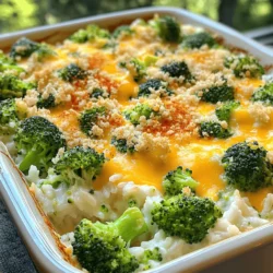 Here are the key ingredients you will need: - 2 cups cooked white or brown rice - 3 cups fresh broccoli florets - 1 cup shredded sharp cheddar cheese - 1 cup cream of mushroom soup (homemade or canned) - 1/2 cup milk - 1/2 cup chopped onion - 2 cloves garlic, minced - 1/2 teaspoon black pepper - 1/4 teaspoon salt (or to taste) - 1/2 teaspoon garlic powder - 1/2 teaspoon paprika (for garnish) - 1/2 cup breadcrumbs (optional for topping) These ingredients blend together to create a creamy, cheesy, and tasty casserole. The rice serves as a base that soaks up all the flavors. Fresh broccoli adds a nice crunch and color, while cheddar cheese brings that gooey goodness. You can boost this dish by adding more ingredients. Try these for extra flavor: - Cooked chicken or turkey for protein - Chopped bell peppers for sweetness - Mushrooms for earthiness - Spinach or kale for extra greens These optional ingredients add variety and can be tailored to your taste. Feel free to mix and match! When picking broccoli, look for these signs: - Bright green color with tight florets - Firm stalks that feel crisp - No yellowing or wilting on the florets Fresh broccoli not only tastes better but also adds more nutrients. I like to buy it from local farmers' markets whenever possible. This way, you can support local growers and enjoy the freshest produce. To start, gather all your ingredients. You will need: - 2 cups cooked white or brown rice - 3 cups fresh broccoli florets - 1 cup shredded sharp cheddar cheese - 1 cup cream of mushroom soup - 1/2 cup milk - 1/2 cup chopped onion - 2 cloves garlic, minced - 1/2 teaspoon black pepper - 1/4 teaspoon salt (or to taste) - 1/2 teaspoon garlic powder - 1/2 teaspoon paprika (for garnish) - 1/2 cup breadcrumbs (optional for topping) Make sure your rice is cooked and cooled. Wash the broccoli and cut it into small florets. Chop the onion and mince the garlic. Having these ready makes cooking smooth. Next, heat some olive oil in a large pot over medium heat. Add the chopped onion and cook for about 3-4 minutes. You want the onion to be soft and clear. Now, add the minced garlic and stir for one more minute. Then, toss in the fresh broccoli florets. Stir them often and cook for about 3-4 minutes. The broccoli should look bright green and be slightly tender, but still crunchy. This keeps the texture nice in the casserole. In a big bowl, mix the cooked rice, broccoli, onion, cream of mushroom soup, and milk. Add the shredded cheese, black pepper, salt, and garlic powder. Stir until everything is combined. Now, pour this mixture into a greased 9x13-inch baking dish. Spread it out evenly. If you like a crunchy top, sprinkle breadcrumbs and some reserved cheese on top. Preheat your oven to 350°F (175°C). Once ready, bake the casserole for 25-30 minutes. Look for a golden and bubbly top. After baking, let it cool for a few minutes before serving. Enjoy your cheesy broccoli rice casserole! For the full recipe, check the earlier section. To make your casserole creamier, use a blend of cheeses. Mixing sharp cheddar with cream cheese adds richness. You can also add extra milk or a splash of heavy cream. This change gives a smooth, velvety texture. When it comes to cheese, I love using sharp cheddar. It melts well and has great flavor. You can also try Monterey Jack or Gruyère for a different taste. For a kick, add pepper jack. Remember to save some cheese for the top. This creates a delicious, bubbly crust. To keep broccoli bright and crisp, cook it just until tender. Aim for a vibrant green color. This helps maintain its crunch in the casserole. If you overcook it, the texture turns mushy. So, be sure to check it often while cooking. Fresh broccoli not only tastes great, but it also adds nutrition. {{image_2}} You can easily make this dish even more veggie-friendly. Add vegetables like carrots, peas, or corn. These add color and flavor. You can also use a mix of fresh herbs like parsley or thyme. This will enhance the taste without adding meat. If you want to add protein, there are great options. Cooked chicken, turkey, or ham work well. You can also use canned tuna or chickpeas for a tasty twist. Just mix them in when combining the main ingredients. This makes the casserole filling and satisfying. To make this dish gluten-free, swap the cream of mushroom soup for a gluten-free version. You can also use gluten-free breadcrumbs on top. Be sure to check the labels carefully. These small changes let everyone enjoy this dish without worry. For more ideas, check out the Full Recipe for Cheesy Broccoli Rice Casserole. After you enjoy your cheesy broccoli rice casserole, let it cool down. Then, place leftovers in an airtight container. This keeps the flavors fresh and tasty. Store in the fridge for up to four days. If you want to eat it later, freezing is a great option. To reheat your casserole, preheat your oven to 350°F (175°C). Place the casserole in an oven-safe dish. Cover it with foil to keep it moist. Heat for about 20 minutes or until it is warm throughout. You can also use the microwave for quick reheating. Just cover the dish and heat in short bursts until warm. To freeze, make sure your casserole is completely cool. Cut it into portions for easy servings later. Wrap each piece tightly with plastic wrap, then place in a freezer bag. This helps avoid freezer burn. It can last up to three months in the freezer. When you're ready to eat, thaw in the fridge overnight before reheating. Check out the Full Recipe for more tips! Yes, you can. Prepare the casserole the day before. Assemble all the ingredients, then cover and chill it in the fridge. When you are ready to bake, just pop it in the oven. This method helps the flavors blend well. It also saves you time on busy nights. You have many tasty options. Here are some ideas: - Grilled chicken or turkey - A simple green salad - Roasted vegetables - Garlic bread - A light soup These sides add great flavor and balance to your meal. Mix and match based on what you have. To please picky eaters, start with small changes. You can: - Swap broccoli for their favorite veggie, like peas or spinach. - Use a milder cheese, like mozzarella or Monterey Jack. - Leave out any ingredients they dislike. - Add extra seasonings they enjoy, like Italian herbs. These tweaks make the dish more appealing to everyone. Don’t be afraid to experiment! Try the full recipe for more ideas. Cheesy Broccoli Rice Casserole is a simple and tasty dish. We looked at ingredients, from fresh broccoli to different cheeses. Step-by-step instructions helped you see how easy it is to prepare and bake. Tips for creaminess and avoiding overcooked broccoli make a big difference. You can also customize this dish with veggies, proteins, or gluten-free options. Store leftovers for quick meals, and don’t forget the reheating tips. Now, you can enjoy this delicious casserole anytime!