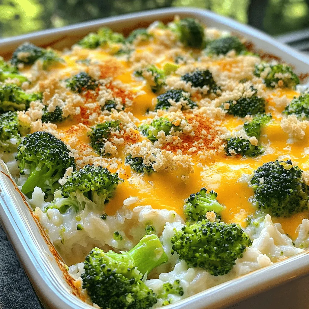 Here are the key ingredients you will need: - 2 cups cooked white or brown rice - 3 cups fresh broccoli florets - 1 cup shredded sharp cheddar cheese - 1 cup cream of mushroom soup (homemade or canned) - 1/2 cup milk - 1/2 cup chopped onion - 2 cloves garlic, minced - 1/2 teaspoon black pepper - 1/4 teaspoon salt (or to taste) - 1/2 teaspoon garlic powder - 1/2 teaspoon paprika (for garnish) - 1/2 cup breadcrumbs (optional for topping) These ingredients blend together to create a creamy, cheesy, and tasty casserole. The rice serves as a base that soaks up all the flavors. Fresh broccoli adds a nice crunch and color, while cheddar cheese brings that gooey goodness. You can boost this dish by adding more ingredients. Try these for extra flavor: - Cooked chicken or turkey for protein - Chopped bell peppers for sweetness - Mushrooms for earthiness - Spinach or kale for extra greens These optional ingredients add variety and can be tailored to your taste. Feel free to mix and match! When picking broccoli, look for these signs: - Bright green color with tight florets - Firm stalks that feel crisp - No yellowing or wilting on the florets Fresh broccoli not only tastes better but also adds more nutrients. I like to buy it from local farmers' markets whenever possible. This way, you can support local growers and enjoy the freshest produce. To start, gather all your ingredients. You will need: - 2 cups cooked white or brown rice - 3 cups fresh broccoli florets - 1 cup shredded sharp cheddar cheese - 1 cup cream of mushroom soup - 1/2 cup milk - 1/2 cup chopped onion - 2 cloves garlic, minced - 1/2 teaspoon black pepper - 1/4 teaspoon salt (or to taste) - 1/2 teaspoon garlic powder - 1/2 teaspoon paprika (for garnish) - 1/2 cup breadcrumbs (optional for topping) Make sure your rice is cooked and cooled. Wash the broccoli and cut it into small florets. Chop the onion and mince the garlic. Having these ready makes cooking smooth. Next, heat some olive oil in a large pot over medium heat. Add the chopped onion and cook for about 3-4 minutes. You want the onion to be soft and clear. Now, add the minced garlic and stir for one more minute. Then, toss in the fresh broccoli florets. Stir them often and cook for about 3-4 minutes. The broccoli should look bright green and be slightly tender, but still crunchy. This keeps the texture nice in the casserole. In a big bowl, mix the cooked rice, broccoli, onion, cream of mushroom soup, and milk. Add the shredded cheese, black pepper, salt, and garlic powder. Stir until everything is combined. Now, pour this mixture into a greased 9x13-inch baking dish. Spread it out evenly. If you like a crunchy top, sprinkle breadcrumbs and some reserved cheese on top. Preheat your oven to 350°F (175°C). Once ready, bake the casserole for 25-30 minutes. Look for a golden and bubbly top. After baking, let it cool for a few minutes before serving. Enjoy your cheesy broccoli rice casserole! For the full recipe, check the earlier section. To make your casserole creamier, use a blend of cheeses. Mixing sharp cheddar with cream cheese adds richness. You can also add extra milk or a splash of heavy cream. This change gives a smooth, velvety texture. When it comes to cheese, I love using sharp cheddar. It melts well and has great flavor. You can also try Monterey Jack or Gruyère for a different taste. For a kick, add pepper jack. Remember to save some cheese for the top. This creates a delicious, bubbly crust. To keep broccoli bright and crisp, cook it just until tender. Aim for a vibrant green color. This helps maintain its crunch in the casserole. If you overcook it, the texture turns mushy. So, be sure to check it often while cooking. Fresh broccoli not only tastes great, but it also adds nutrition. {{image_2}} You can easily make this dish even more veggie-friendly. Add vegetables like carrots, peas, or corn. These add color and flavor. You can also use a mix of fresh herbs like parsley or thyme. This will enhance the taste without adding meat. If you want to add protein, there are great options. Cooked chicken, turkey, or ham work well. You can also use canned tuna or chickpeas for a tasty twist. Just mix them in when combining the main ingredients. This makes the casserole filling and satisfying. To make this dish gluten-free, swap the cream of mushroom soup for a gluten-free version. You can also use gluten-free breadcrumbs on top. Be sure to check the labels carefully. These small changes let everyone enjoy this dish without worry. For more ideas, check out the Full Recipe for Cheesy Broccoli Rice Casserole. After you enjoy your cheesy broccoli rice casserole, let it cool down. Then, place leftovers in an airtight container. This keeps the flavors fresh and tasty. Store in the fridge for up to four days. If you want to eat it later, freezing is a great option. To reheat your casserole, preheat your oven to 350°F (175°C). Place the casserole in an oven-safe dish. Cover it with foil to keep it moist. Heat for about 20 minutes or until it is warm throughout. You can also use the microwave for quick reheating. Just cover the dish and heat in short bursts until warm. To freeze, make sure your casserole is completely cool. Cut it into portions for easy servings later. Wrap each piece tightly with plastic wrap, then place in a freezer bag. This helps avoid freezer burn. It can last up to three months in the freezer. When you're ready to eat, thaw in the fridge overnight before reheating. Check out the Full Recipe for more tips! Yes, you can. Prepare the casserole the day before. Assemble all the ingredients, then cover and chill it in the fridge. When you are ready to bake, just pop it in the oven. This method helps the flavors blend well. It also saves you time on busy nights. You have many tasty options. Here are some ideas: - Grilled chicken or turkey - A simple green salad - Roasted vegetables - Garlic bread - A light soup These sides add great flavor and balance to your meal. Mix and match based on what you have. To please picky eaters, start with small changes. You can: - Swap broccoli for their favorite veggie, like peas or spinach. - Use a milder cheese, like mozzarella or Monterey Jack. - Leave out any ingredients they dislike. - Add extra seasonings they enjoy, like Italian herbs. These tweaks make the dish more appealing to everyone. Don’t be afraid to experiment! Try the full recipe for more ideas. Cheesy Broccoli Rice Casserole is a simple and tasty dish. We looked at ingredients, from fresh broccoli to different cheeses. Step-by-step instructions helped you see how easy it is to prepare and bake. Tips for creaminess and avoiding overcooked broccoli make a big difference. You can also customize this dish with veggies, proteins, or gluten-free options. Store leftovers for quick meals, and don’t forget the reheating tips. Now, you can enjoy this delicious casserole anytime!
