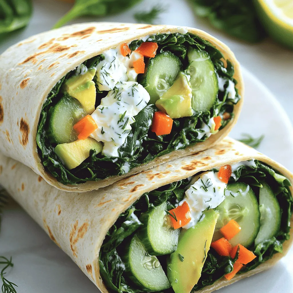 - 4 large whole wheat tortillas - 2 cups fresh spinach, chopped - 1 cup feta cheese, crumbled - 1 small cucumber, thinly sliced - 1 large carrot, grated - ½ red bell pepper, thinly sliced - 1 avocado, sliced - ½ cup Greek yogurt - 1 tablespoon lemon juice - Salt and pepper to taste - Optional: Fresh herbs (e.g., dill or parsley) for garnish - Whole Wheat Tortillas: They provide fiber, which helps digestion and keeps you full. - Spinach: This leafy green is rich in vitamins A, C, and K. It supports immune health. - Feta Cheese: Feta is lower in fat than other cheeses and adds calcium for strong bones. - Cucumber: With high water content, cucumber keeps you hydrated and adds crunch. - Carrot: Carrots are high in beta-carotene, which is good for your eyes. - Red Bell Pepper: This pepper is full of vitamin C, boosting your immune system. - Avocado: Avocado is a healthy fat source, which supports heart health and keeps you satisfied. - Greek Yogurt: It is a great source of protein and probiotics for gut health. - Lemon Juice: This adds a fresh taste and vitamin C, which brightens the dish. - Fresh Herbs: These add flavor and nutrients while enhancing the dish's visual appeal. - Whole Wheat Tortillas: Use gluten-free tortillas if you're gluten-sensitive. - Feta Cheese: Try goat cheese or a dairy-free cheese for a lactose-free option. - Greek Yogurt: Substitute with a plant-based yogurt for a vegan choice. - Avocado: If you dislike avocado, use hummus for creaminess. - Cucumber: Swap with zucchini or bell pepper for a different crunch. For the full recipe, check out the Healthy Spinach and Feta Wraps. To make healthy spinach and feta wraps, start by gathering your ingredients. You will need four large whole wheat tortillas, two cups of fresh spinach, and one cup of crumbled feta cheese. Next, chop the spinach and mix it with the feta cheese in a bowl. Add a small cucumber, grated carrot, and thinly sliced red bell pepper for crunch. Season this mixture with salt and pepper to taste. In another bowl, combine a half cup of Greek yogurt with one tablespoon of lemon juice. This will make a creamy dressing. Spread this dressing on a tortilla. Then, take a spoonful of the spinach and feta mix and place it on top. Add a few slices of avocado for creaminess. Now, carefully roll the tortilla from one end to the other. Make sure it is tight to keep everything inside. If needed, use toothpicks to hold the wrap in place. Repeat this for the rest of the tortillas. You can slice each wrap in half for a nicer look. Serve them right away, and feel free to garnish with fresh herbs if you like. For the full recipe, check the section above. Rolling the wrap can be tricky. Here are some tips to help you. First, don’t overfill your tortilla. Leave some space at the edges. This makes it easier to roll. Start rolling from the end with the filling. Tuck the filling in as you roll. Keep the wrap tight but not too tight. If you press too hard, the filling may burst out. Use a clean cutting board or plate to roll your wraps. This gives you more space and keeps things tidy. If you have any leftover filling, you can serve it on the side. You can add many things to your wraps! Try fresh herbs like dill or parsley for a fresh taste. You can also add thinly sliced olives for a salty kick. If you want more protein, include some grilled chicken or chickpeas. For a spicy twist, add sliced jalapeños or a dash of hot sauce. You can even switch out the feta cheese for goat cheese if you prefer a different flavor. The options are endless! Feel free to mix and match until you find your favorite combination. To keep your wraps fresh, store them in an airtight container. This helps prevent them from drying out. Place a damp paper towel inside the container. It keeps the wraps moist. You can also wrap each one in plastic wrap. This method works well for short-term storage. These wraps are great for meal prep! You can make them a day in advance. Prepare the filling and store it separately. Spread the yogurt dressing just before eating. This keeps the tortillas from getting soggy. You can pack them for lunch or a quick snack. Presentation matters when serving food. To make these wraps look fancy, cut them in half diagonally. Arrange them on a colorful plate. Add a sprinkle of fresh herbs on top. Serve with extra yogurt dressing on the side. This adds flavor and looks inviting. For the full recipe, check the instructions above. {{image_2}} You can easily switch up the filling to suit your taste. For a vegetarian twist, add roasted vegetables like zucchini, eggplant, or mushrooms. These veggies bring extra flavor and texture. You can also use hummus instead of yogurt for a creamy base. This keeps it vegetarian and adds a nice kick. If you want more protein, consider adding grilled chicken or turkey. Both options blend well with spinach and feta. If you prefer plant-based protein, try adding chickpeas or black beans. These will keep the wraps filling and nutritious. You can also sprinkle in some nuts or seeds for a crunchy texture. The type of tortilla can change the wraps' flavor and nutrition. For a gluten-free option, look for corn tortillas or gluten-free wraps. If you're watching carbs, try low-carb tortillas made from almond or coconut flour. They taste great and keep your meal light. Each option allows you to enjoy the wraps while meeting your dietary needs. For the full recipe, check out the section above. Each Healthy Spinach and Feta Wrap has about 300 calories. This number may vary based on the size of your tortillas and the amount of filling you use. Whole wheat tortillas add fiber and keep you full longer. In each wrap, you’ll find a good mix of protein, fats, and carbs: - Protein: About 12 grams. Feta and Greek yogurt boost protein levels. - Fats: Roughly 15 grams. Most come from feta and avocado, which are healthy fats. - Carbohydrates: Around 35 grams. Whole wheat tortillas provide complex carbs for energy. Spinach is a superfood full of vitamins A, C, and K. It also has iron, which helps your blood stay healthy. Feta cheese adds calcium for strong bones. Together, they make a great team for your body. These wraps are tasty and keep you feeling full. You can enjoy them as a quick meal or snack. For more details on how to make them, check the Full Recipe. Yes, you can! If you don't like feta, try goat cheese or mozzarella. Both add great flavor. Goat cheese has a tangy taste, while mozzarella is mild and creamy. You can also use vegan cheese if you want a dairy-free option. To make this wrap vegan, swap the feta for a plant-based cheese. Use tofu or chickpeas for protein. Replace Greek yogurt with a vegan yogurt or hummus. These changes keep the wrap tasty and filling without any animal products. You can serve these wraps with a side salad or fresh fruit. A light soup goes well, too. If you want crunch, try some veggie sticks. These sides add flavor and make your meal more fun. These wraps stay fresh for up to three days in the fridge. Store them in an airtight container. If you notice the tortillas get soggy, wrap them in foil or parchment paper. This helps keep them tasty for later. For the full recipe, refer to the section above. This blog post covered the key parts of making healthy spinach and feta wraps. We explored the ingredients and their health perks. You also learned how to prepare and roll them perfectly. I shared tips for storing, meal prep, and fun ways to present your wraps. Plus, we looked at tasty variations and nutrition info. Remember, you can customize these wraps to fit your taste and diet. Enjoy making them!