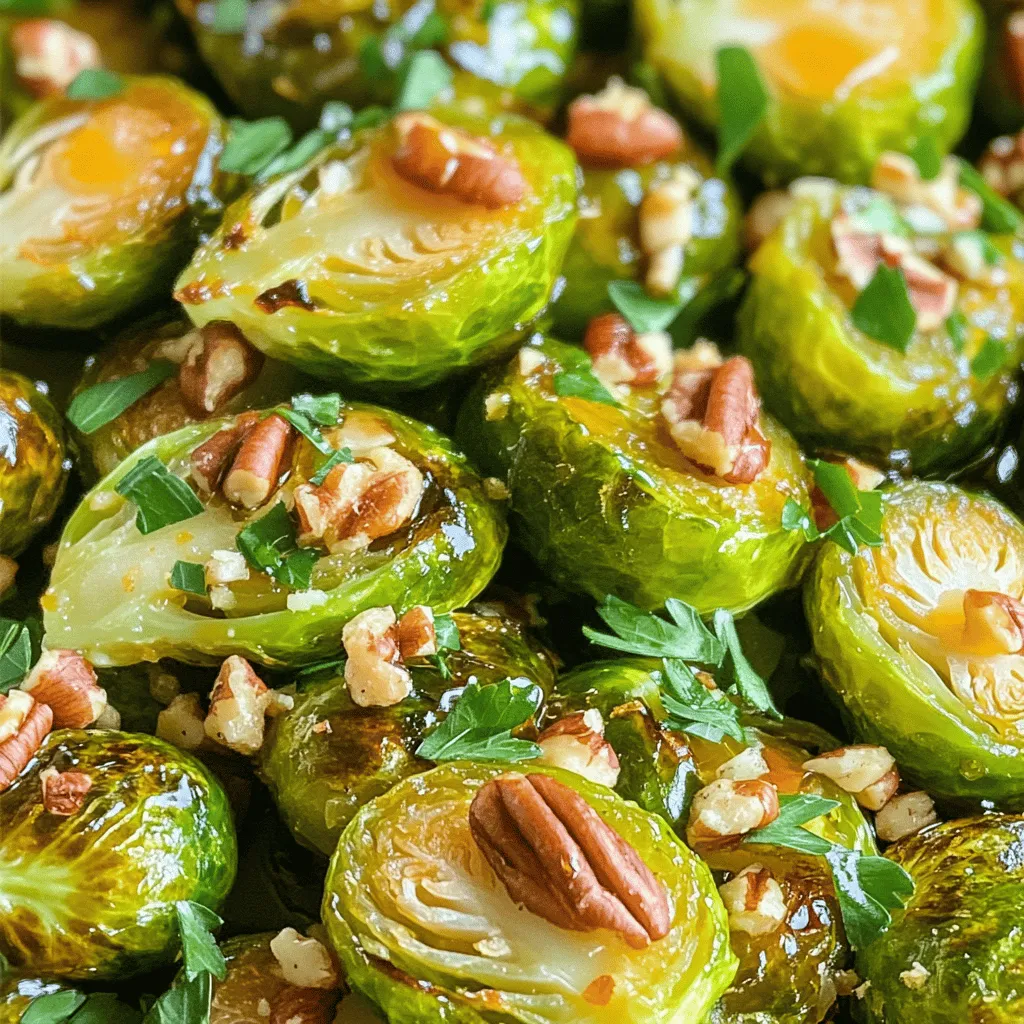 - 1 lb Brussels sprouts, trimmed and halved - 3 tablespoons pure maple syrup - 2 tablespoons olive oil Brussels sprouts are the star of this dish. They bring a nice crunch and earthy flavor. Maple syrup adds a sweet touch that balances well with the sprouts. Olive oil helps them roast to perfection. - 2 cloves garlic, minced - 1/4 cup pecans, chopped (optional) - 2 tablespoons balsamic vinegar (optional) - Fresh parsley, for garnish I love adding garlic for its robust taste. Chopped pecans give a crunchy texture. Balsamic vinegar adds a slight tang, enhancing the dish. Fresh parsley looks great and adds freshness. - Salt and pepper to taste Just a pinch of salt and pepper brings out the natural flavors. Adjust to your liking. For the full recipe, you can refer to the complete guide above. First, preheat your oven to 400°F (200°C). This step is key for roasting. A hot oven helps the Brussels sprouts get crispy and sweet. Next, prepare the Brussels sprouts. Trim the ends and cut each sprout in half. This helps them cook evenly and lets the flavor in. In a large mixing bowl, combine the halved Brussels sprouts, olive oil, minced garlic, and pure maple syrup. Add salt and pepper to taste. Toss everything well. Make sure each sprout gets a good coating of the mixture. This is where the magic happens! Now, spread the Brussels sprouts out in a single layer on a baking sheet lined with parchment paper. If you want some crunch, sprinkle the chopped pecans on top. Roast the Brussels sprouts in the preheated oven for 20-25 minutes. Stir them halfway through to ensure even cooking. Look for a golden brown color and caramelization. This gives them a sweet and rich flavor. If you like, drizzle balsamic vinegar over them right after roasting for extra zing. Finally, garnish with fresh parsley before serving. Enjoy them warm! For the full recipe, check out the detailed instructions above. To achieve perfect caramelization on your Brussels sprouts, start with high heat. Set your oven to 400°F (200°C). This temperature helps the sugar in the maple syrup caramelize nicely. You must also spread the Brussels sprouts in an even layer on the baking sheet. This allows hot air to circulate, ensuring they cook evenly without steaming. Maple glazed Brussels sprouts pair well with many main dishes. They match nicely with roasted chicken or grilled steak. You can also serve them with a hearty grain salad. For the best taste, serve them warm right after roasting. A sprinkle of fresh parsley adds a lovely touch to the presentation. One common mistake is overcooking the Brussels sprouts. This makes them mushy instead of crisp. Always check them around the 20-minute mark. Another mistake is incorrect seasoning ratios. Too much salt can overpower the sweet maple glaze. Always taste and adjust before serving. For the full recipe, check out the detailed instructions to create this tasty side dish! {{image_2}} To make Maple Glazed Brussels Sprouts even more exciting, you can add different nuts or seeds. Pecans are great, but walnuts or sunflower seeds can work too. These add crunch and a nutty taste. You can also play with spices. Adding chili flakes gives a nice kick. Just a pinch can change the whole dish. If you want to make this dish vegan, it’s simple. The recipe is already vegan-friendly, thanks to maple syrup and olive oil. Just skip the optional ingredients that aren’t vegan, like butter. For gluten-free options, this recipe works well. All the ingredients are naturally gluten-free. Just check your labels on any packaged items to be sure. Maybe you don’t have maple syrup on hand. You can use honey or agave syrup instead. Both sweeteners will give a nice flavor. If you want to try different oils, avocado oil or coconut oil can work well too. For vinegars, feel free to swap balsamic with apple cider vinegar. Each choice will give a unique twist to your dish. For the full recipe, check [Full Recipe]. To store leftovers, place the Brussels sprouts in an airtight container. This keeps them fresh. Make sure they cool down before you seal the container. They will last up to 3 days in the fridge. Enjoy them cold or warm later! To reheat, the best method is to use an oven. Preheat it to 350°F (175°C). Spread the Brussels sprouts on a baking sheet. Heat them for about 10 minutes. This helps keep them crispy. You can also use a microwave if you're in a hurry. Just heat them for 1-2 minutes. But be careful, as this may make them soft. Yes, you can freeze Maple Glazed Brussels Sprouts. First, let them cool completely. Then, place them in a freezer-safe bag or container. Try to remove as much air as possible. They will keep well for up to 3 months. To thaw, move them to the fridge overnight. Reheat them in the oven for the best texture. Yes, you can make Maple Glazed Brussels Sprouts ahead of time. To do this, prepare the sprouts as per the recipe, but do not roast them yet. You can store the tossed Brussels sprouts in the fridge for up to 24 hours before cooking. This keeps them fresh and ready to roast. When you're ready to serve, just spread them on a baking sheet and roast as usual. This saves time and helps you enjoy a warm side dish. Maple Glazed Brussels Sprouts pair well with many main dishes. Here are a few ideas: - Roast chicken or turkey - Grilled salmon or fish - Pork chops or tenderloin - Quinoa or rice dishes - A hearty salad for a light meal These dishes complement the sweet and savory flavor of the Brussels sprouts well. Brussels sprouts stay fresh in the fridge for about 3 to 5 days when stored properly. Keep them in a plastic bag or container with some air holes. If they start to look dry or wilted, they may not be as tasty. Always check for any signs of spoilage, like brown spots or a bad smell, before using them. Absolutely! Maple Glazed Brussels Sprouts are great for meal prep. You can roast a large batch and store them in the fridge. They stay good for about 3 to 5 days. You can reheat them in the oven or a pan. They also work well in salads or grain bowls. This makes them a versatile choice for lunches or quick dinners. For the full recipe, check it out [here](#). This blog post covered how to make delicious Maple Glazed Brussels Sprouts. We discussed main and optional ingredients, seasoning, and step-by-step cooking instructions. I shared tips for perfecting your dish, its variations, and proper storage methods. Remember, the key to great Brussels sprouts is caramelization and seasoning. Don't hesitate to try different flavors and pairings. Enjoy your tasty creation!