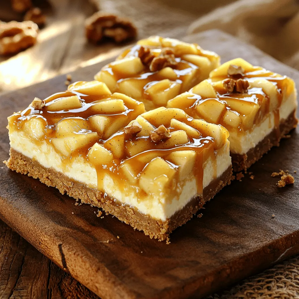 - 1 ½ cups graham cracker crumbs - ½ cup unsalted butter, melted - 2 tablespoons granulated sugar - 1 (8 oz) package cream cheese, softened - ½ cup sugar - 2 large eggs - 1 teaspoon vanilla extract - 2 cups peeled and diced apples (such as Granny Smith) - 1 teaspoon cinnamon - ½ cup caramel sauce (store-bought or homemade) - ¼ cup chopped walnuts (optional) Gather these ingredients before you start. This will help you keep track and make cooking easier. The graham cracker crumbs form the tasty crust. The melted butter holds everything together. Cream cheese creates a rich, creamy filling. The apples add sweetness and texture. You can use any apple you like, but Granny Smith works best because of its tartness. The cinnamon brings warmth and flavor to the dish. The caramel sauce adds that sweet, sticky touch you crave. If you love nuts, add walnuts for crunch. Check the Full Recipe for tips on how to use these ingredients. Each one plays a role in making these caramel apple cheesecake bars a hit! 1. Preheat the oven to 350°F (175°C). Line an 8x8 inch baking pan with parchment paper. Leave some overhang to help lift the bars later. 2. Prepare the crust: In a medium bowl, mix graham cracker crumbs, melted butter, and sugar. Stir until it looks like wet sand. Press this mix evenly into the bottom of your pan. 3. Bake the crust: Put the crust in the oven and bake for 8-10 minutes. It should turn lightly golden. Remove it from the oven and let it cool while you make the filling. 4. Make the cheesecake filling: In a large bowl, beat the softened cream cheese and sugar until smooth. Add the eggs one at a time, mixing well after each. Then, stir in the vanilla extract. 5. Fold in the apples: Carefully add the diced apples and cinnamon into the cheesecake batter. Mix gently until everything is combined. 1. Pour the cheesecake mixture over the cooled crust. Spread it evenly with a spatula. 2. Add caramel: Drizzle the caramel sauce on top of the cheesecake batter. Use a knife or skewer to swirl the caramel through the batter for a nice marbled look. 3. Add walnuts (optional): If you like, sprinkle chopped walnuts over the top for extra crunch. 1. Bake: Place the dessert in the oven for 30-35 minutes. It’s done when the center is set and the edges are lightly golden. 2. Cooling and chilling: Let the bars cool in the pan for about 30 minutes. Then, put them in the fridge for at least 2 hours. This helps the bars firm up before you slice them. Now, you are ready to enjoy your delicious caramel apple cheesecake bars! For a full recipe, check the detailed instructions above. To avoid cracks in the cheesecake, you can follow these tips: - Mix Slowly: When mixing your cream cheese, do it slowly. Fast mixing can add too much air. - Room Temperature Ingredients: Make sure your cream cheese is at room temperature. This helps create a smooth mix without lumps. - Don't Overbake: Keep an eye on your bars while they bake. They should be set but still slightly jiggly in the center. For cutting even bars, try these techniques: - Chill First: Let the bars chill in the fridge before cutting. This helps firm them up. - Use a Sharp Knife: A sharp knife will give you clean cuts. Dip it in hot water, dry it off, and make your cuts. If you want alternatives to graham cracker crumbs, consider these: - Cookie Crumbs: Use crushed vanilla wafers or digestive biscuits for a different flavor. - Oats: Ground oats can work too. Just blend them finely before mixing. For dairy-free or vegan options for cream cheese, try these: - Nut-Based Cream Cheese: Look for brands made from cashews or almonds. - Tofu: Silken tofu can be blended until smooth for a good substitute. Garnishing and serving ideas include: - Whipped Cream: Top each square with a dollop of whipped cream for a nice touch. - Extra Caramel: Drizzle more caramel sauce on top before serving. This adds sweetness and looks great. When pairing drinks, consider: - Coffee: A warm cup of coffee balances the sweet flavors well. - Herbal Tea: Try a light herbal tea for a refreshing contrast. For the full recipe, check out the detailed steps and ingredients above. {{image_2}} You can make your cheesecake bars even more tasty by adding spices or extracts. Cinnamon is a great choice for a warm flavor. You might try nutmeg or ginger for a spicy kick. You can also use vanilla or almond extract to boost sweetness. Feel free to swap apples with other fruits, too. Pears or peaches work wonderfully. You can even use berries for a fresh twist. Each fruit brings its own charm to the cheesecake. While caramel sauce is classic, you have other fun options to try. Drizzle chocolate ganache over the bars for a rich taste. Simply melt chocolate with cream, then let it cool a bit before pouring. Butterscotch sauce is another sweet choice. It adds a different flavor that pairs well with apples. You could even layer a few sauces for a mix of flavors. If you need a gluten-free version, swap out regular graham crackers for gluten-free ones. They taste just as good and keep the crust crunchy. You can also use crushed nuts or oats for the crust. Both add a nice texture and flavor. This way, everyone can enjoy these delicious bars. For the full recipe, check out the [Full Recipe]. To keep your caramel apple cheesecake bars fresh, store them in the refrigerator. Use an airtight container or cover them tightly with plastic wrap. This helps prevent moisture loss and keeps flavors intact. When stored properly, these cheesecake bars last about 5 to 7 days in the fridge. You can freeze these bars for longer storage. First, slice them into squares. Wrap each bar in plastic wrap, then place them in a freezer-safe bag. This method protects them from freezer burn. To thaw, simply move them to the fridge overnight. You can serve them chilled or at room temperature. For a warm treat, let them sit at room temperature for about 30 minutes before serving. If you want to enjoy them warm, preheat your oven to 300°F (150°C). Place the bars on a baking sheet and heat for about 10 minutes. This keeps the texture creamy and delicious. Freshly baked cheesecake bars taste great, but chilled ones are also a delight. Consider your mood when choosing how to serve them! For the full recipe, check the earlier section. Can I make these bars ahead of time? Yes, you can make these caramel apple cheesecake bars a day ahead. Once they cool, cover them tightly and store them in the fridge. This helps the flavors blend. Plus, it makes serving easy! How do I know when the cheesecake is done baking? Look for a slight jiggle in the center. The edges should be set and lightly golden. If you insert a toothpick, it should come out clean or with a few crumbs. Can I use a different type of fruit? Absolutely! You can switch the apples for pears, peaches, or berries. Just keep the same amount. Each fruit brings its own flavor and texture. What can I do if I don't have cream cheese? You can use mascarpone cheese or Greek yogurt as a substitute. They give a similar creamy texture. Just remember, the taste might change a bit. What drink pairs well with caramel apple cheesecake bars? A warm cup of chai tea or a sweet cider pairs great with these bars. They balance the sweetness and enhance the flavors. Suggestions for dessert buffet presentations. For a fun display, cut the bars into small squares. Place them on a tiered stand. Add some caramel sauce or apple slices on the side. This makes the dessert table look inviting! This blog post covered how to make delicious caramel apple cheesecake bars. We reviewed ingredients, preparation steps, baking tips, and storage methods. You learned about variations, substitutions, and serving suggestions to enhance your dessert experience. Now, you can create these tasty bars with confidence. Customize them to suit your taste and share them with friends. Enjoy the sweet rewards of your baking skills!