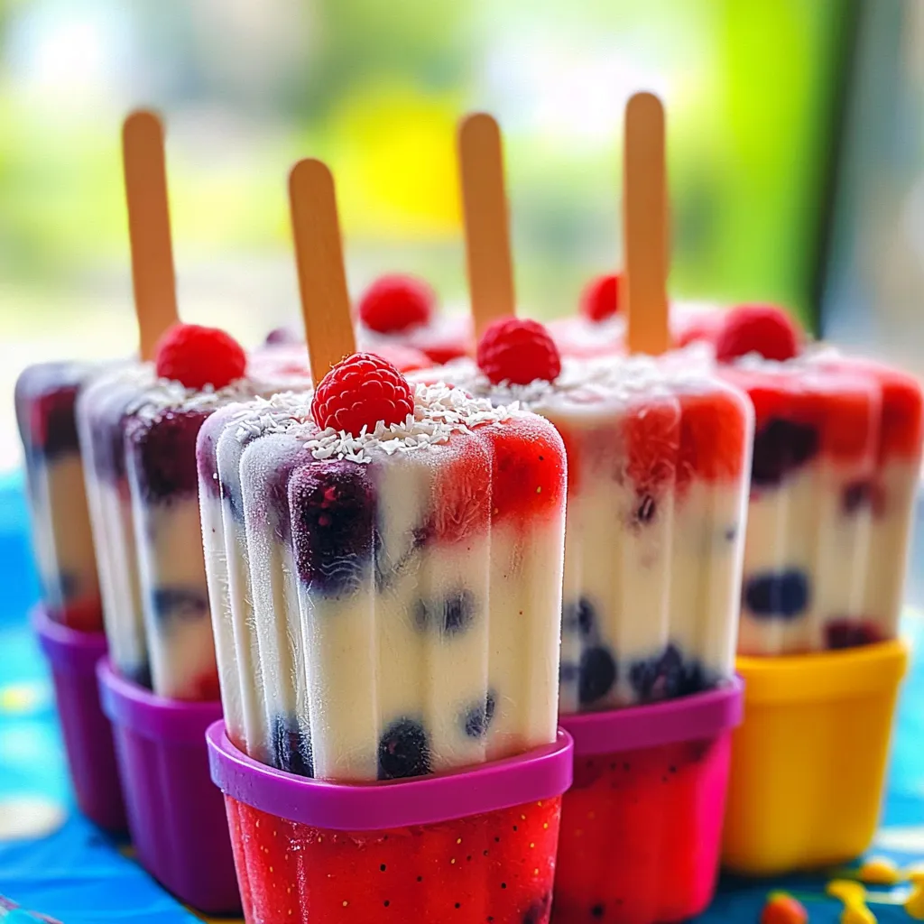 To make Berry Coconut Popsicles, you need some fresh and simple ingredients. Here’s what you will need: - 1 cup mixed berries (strawberries, blueberries, raspberries) - 1 cup coconut milk (canned or carton, unsweetened) - 2 tablespoons honey or maple syrup - 1/2 teaspoon vanilla extract - 1/4 cup finely shredded coconut (unsweetened) - A pinch of sea salt These ingredients come together to create a refreshing treat. The berries add a fruity flavor, while the coconut milk gives it a creamy base. The honey or maple syrup sweetens the popsicles just right. You can also customize the sweetness to fit your taste. Using unsweetened coconut milk helps keep the flavors bright. The vanilla extract adds warmth, and the sea salt enhances all the tastes. Don't forget the shredded coconut! It adds a fun texture and makes each bite special. For the full recipe, you can follow the detailed steps ahead. Enjoy gathering these ingredients! First, gather your ingredients. In a blender, add the mixed berries and coconut milk. Blend them until the mix is smooth and creamy. Next, add honey or maple syrup for sweetness. Don't forget the vanilla extract! Blend again until well mixed. Now, it's time to taste the mixture. If it needs more sweetness, add a bit more honey or syrup. If you want some berry chunks, hold back a few berries. In a bowl, fold in the finely shredded coconut and any reserved berries for extra texture. Carefully pour the berry coconut mixture into your popsicle molds. Leave a little space at the top. This space lets the popsicles expand as they freeze. Insert the popsicle sticks. Tap the molds lightly on the counter to get rid of any air bubbles. Freeze the popsicles for at least 4 to 6 hours. They need to be completely solid to hold their shape. To take them out, run warm water over the outside of the molds for a few seconds. This trick helps the pops come out easily. Enjoy your refreshing treats! For the complete process, check the [Full Recipe]. To avoid ice crystals, blend your mixture well. A smooth blend keeps the popsicles creamy. If you notice ice crystals forming, try adding more coconut milk. This helps create a silkier texture. For better flavor combinations, mix different berries. Strawberries and blueberries pair nicely. You can also add a splash of lime juice for a fresh twist. Experiment and find your favorite blend! For the best molds, choose silicone ones. They make it easy to pop out the popsicles. Look for molds that hold at least 3 ounces. This size is perfect for snacking. For blending, I recommend a high-powered blender. It should easily mix fruits and coconut milk. A smooth mixture is key for creamy popsicles. If you have a personal blender, that works great too! {{image_2}} You can change the taste of your berry coconut popsicles easily. Adding pineapple gives a tropical twist. The sweet and tart flavor of pineapple pairs well with berries. You could blend in a cup of fresh pineapple chunks. Then, follow the instructions for a refreshing treat. Adding citrus like lime or lemon brings a zing. This brightens up the flavors and adds a fun kick. Just squeeze in some fresh juice or add zest. A little goes a long way, so start with a teaspoon. Adjust to your taste for a perfect balance. Making berry coconut popsicles fit your diet is simple. If you prefer vegan options, you can swap honey for maple syrup. Both sweeteners work well in this recipe. They add sweetness without losing flavor. For a low-sugar version, you can use stevia or monk fruit. These sweeteners offer a great taste with fewer calories. Adjust the amount to fit your liking. You can enjoy these treats without the extra sugar. Explore the [Full Recipe] to see how these changes fit in! Store your berry coconut popsicles in an airtight container. This keeps them fresh and tasty. Wrap each popsicle in plastic wrap for extra protection. Place them in the freezer at 0°F (-18°C) for best results. They can last up to two months in the freezer. To enjoy your popsicles, you need to thaw them a bit. The best way is to let them sit at room temperature for 5-10 minutes. You can also run warm water over the molds for a quick release. This method works great without melting them too much. Berry coconut popsicles are a fun and tasty treat. They have a creamy texture from coconut milk. The mix of berries adds a burst of sweet and tangy flavor. You can taste strawberries, blueberries, and raspberries in each bite. The shredded coconut gives a nice chewiness, making every lick a delight. These popsicles are perfect on hot days or for a quick snack. Berry coconut popsicles can last up to two months in the freezer. They stay tasty and creamy if you keep them sealed well. Use an airtight container or wrap them tightly. After two months, they may lose some flavor or texture. Always check for ice crystals before enjoying them. Yes, you can use frozen berries for these popsicles. They make a great option if fresh berries aren't available. Just be sure to let them thaw a bit before blending. This helps achieve a smooth texture. Frozen berries are just as healthy and tasty. They are often picked at peak ripeness, so they pack a flavor punch. Yes, berry coconut popsicles are a healthy snack option. They contain natural sugars from fruits and honey or maple syrup. Coconut milk adds healthy fats, which are good for you. The fruits also provide vitamins and antioxidants. Enjoying these popsicles can be a great way to cool down while getting nutrients. Just be mindful of the added sweetener if you're watching sugar intake. For the full recipe, check out the details above. You learned how to make berry coconut popsicles step by step. We discussed the main ingredients, the blending process, and freezing methods. I shared tips to prevent ice crystals and improve flavor. You saw how to store popsicles and how to thaw them. Making these treats is simple and fun. Feel free to experiment with flavors. Enjoy the sweet, refreshing taste of homemade popsicles!