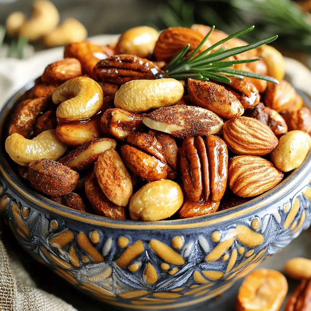 Here’s what you need to make these sweet and spicy roasted nuts: - 2 cups mixed nuts (almonds, cashews, walnuts, pecans) - 2 tablespoons olive oil - 1/4 cup brown sugar - 1 tablespoon honey - 1 teaspoon sea salt - 1 teaspoon cayenne pepper (adjust for spice preference) - 1 teaspoon smoked paprika - 1/2 teaspoon ground cinnamon - 1/4 teaspoon black pepper - 1 teaspoon vanilla extract - Optional: Fresh herbs for garnish Gather these ingredients as they create a delightful flavor mix. The nuts provide a crunchy base, while the spices add warmth and sweetness. The honey and brown sugar create a sticky glaze, making each bite irresistible. You can customize the nuts per your taste. Use your favorite nuts or try different combinations! Don’t forget to check out the Full Recipe for more detailed steps. This mix of flavors offers a perfect snack for any occasion or a fun topping for salads. Enjoy making these tasty treats! - Preheat your oven to 350°F (175°C). - Line a baking sheet with parchment paper. This helps prevent sticking. - Combine mixed nuts, olive oil, and honey in a bowl. - Stir well to coat all nuts evenly. This step adds flavor to each nut. - Mix brown sugar, sea salt, cayenne pepper, smoked paprika, ground cinnamon, and black pepper in a separate bowl. - Ensure the mixture is well blended. This will give your nuts that sweet and spicy kick. - Sprinkle the spice mixture over the nuts. - Mix thoroughly until evenly coated. Make sure every nut gets a good amount of spice. - Spread the seasoned nuts in a single layer on the baking sheet. - Roast for 15-20 minutes, stirring halfway through. This ensures even cooking and prevents burning. - Remove from oven and let cool slightly. The nuts will get crunchier as they cool. - Drizzle with honey and garnish with fresh herbs if desired. This adds a nice touch and extra flavor. For the full recipe, check out the Sweet and Spicy Roasted Nuts instructions above! To modify cayenne for less heat, cut the amount in half. This change makes your nuts mild but still tasty. You can also swap cayenne for smoked paprika for a gentle flavor. If you want an even milder option, try a pinch of cinnamon instead. It adds warmth without the heat. Stirring halfway is key to even roasting. It helps every nut get the same heat. Look for a golden brown color and a nice smell as signs to know when they are done. If they start to darken too much, take them out right away to avoid burning. Serve the roasted nuts in a bright bowl or on a wooden platter. This adds a fun touch to your snack table. You can reinforce flavors with garnishes like fresh herbs. Sprigs of rosemary or thyme make a beautiful and tasty addition. For an extra kick, drizzle a bit of honey on top before serving. For the Full Recipe, check out the detailed steps to create this delightful snack! {{image_2}} You can add more fun to your roasted nuts. Try different spices like cumin or ginger. Both bring a unique twist to the flavor. You can also add a pinch of nutmeg for warmth. Experiment with nut combinations too! Swap almonds for hazelnuts or use pecans instead of walnuts. Each type of nut offers a different taste and crunch. Mixing nuts adds depth and excitement to your snack. If you want a lighter option, reduce the brown sugar. You can use just two tablespoons instead. You can also try maple syrup instead of honey. It gives a different but tasty sweetness. For oils, consider using coconut oil. It adds a lovely flavor and is a great alternative. You can also try using less oil overall. Just a teaspoon can still coat the nuts nicely. Change the spices with the seasons. In fall, add pumpkin spice for a cozy flavor. You can mix in dried cranberries for a festive touch around the holidays. In summer, try using fresh herbs like basil or mint. They add a bright, fresh taste. Each season brings new inspiration for these sweet and spicy roasted nuts. Enjoy experimenting with flavors! For the full recipe, check out the Sweet and Spicy Roasted Nuts recipe section. To keep your sweet and spicy roasted nuts fresh, store them in a cool, dry place. Air is the enemy here. Use airtight containers to seal in flavor and crunch. Glass jars or plastic containers work great. You can also use resealable bags. Make sure to squeeze out all the air before sealing them up. At room temperature, your roasted nuts will stay fresh for about two weeks. If you want them to last longer, consider freezing them. They can stay good for up to three months in the freezer. Just use an airtight container or freezer bag. Label it with the date, so you know how long it has been there. If your roasted nuts become stale, don’t worry. You can revive them easily. Preheat your oven to 350°F (175°C). Spread the stale nuts on a baking sheet. Roast them for about 5 to 10 minutes. Check to make sure they don’t burn. When done, they should be crispy again. Enjoy them just like fresh! Look for a golden brown color. The nuts should smell fragrant. Stir them halfway through to ensure even cooking. If they start to darken too much, take them out right away to prevent burning. This way, you get the right crunch without a charred taste. Yes, you can! Nut butter will give a rich, creamy flavor. However, the texture will be different. Whole nuts offer a nice crunch, while nut butter spreads smoothly. If you choose nut butter, adjust the sugar and spice amounts for a balanced taste. These nuts are perfect for snacking! Serve them in a bowl at parties or picnics. You can also sprinkle them as a topping on salads or desserts. Try them in yogurt or oatmeal for a sweet twist. Their flavor adds excitement to any dish. Absolutely! You can roast the nuts a day ahead. Just store them in an airtight container to keep them fresh. If you want to reheat, pop them in the oven for a few minutes. This revives their crunch and flavor, making them as good as fresh. For the full recipe, check out the details above! Sweet and spicy roasted nuts are easy to make. We covered key ingredients, prep steps, and roasting tips. This recipe allows for spice adjustments and creative variations. You can store your nuts to keep them fresh or revive stale ones. Enjoy these snackable treats anytime, or impress guests with your new skills. Keep experimenting with flavors and combinations to find your favorites. Roasting nuts is fun and rewarding. Enjoy your delicious results!