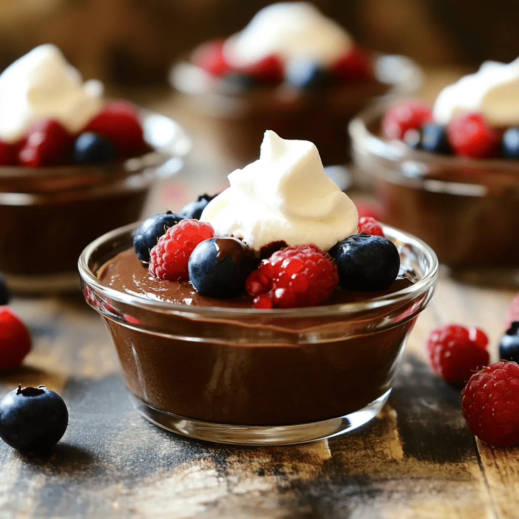 To create this rich and creamy dessert, gather these simple ingredients: - 2 ripe avocados - 1/2 cup unsweetened cocoa powder - 1/3 cup maple syrup (or agave syrup) - 1/4 cup almond milk (or any plant-based milk) - 1 teaspoon vanilla extract - A pinch of sea salt - Optional toppings: whipped coconut cream, fresh berries, or shaved dark chocolate These ingredients work together to make a mousse that is not only delicious but also good for you. If you want to change things up, you can try different sweeteners. Honey works well if you prefer a more natural option. You can also use coconut milk instead of almond milk for a creamier texture. If you need a nut-free option, oat milk is a great choice. Each substitute can add its own unique flavor to the mousse. Avocados are packed with healthy fats. These fats help keep your heart healthy. They also provide fiber, which aids digestion. Using avocado in desserts can lower the sugar content too. This means you get a rich treat without all the guilt. Plus, the creaminess of avocado makes the mousse silky smooth. Enjoying this dessert means you get to indulge while still being mindful of your health. To make this mousse, start with ripe avocados. Cut them in half and take out the pits. Scoop the green flesh into your food processor. Add in the unsweetened cocoa powder, maple syrup, almond milk, vanilla extract, and a pinch of sea salt. Blend everything until it’s smooth and creamy. You might need to scrape the sides to mix well. Taste your mousse. If you want it sweeter, add more maple syrup. Once it’s perfect, place the mousse into small bowls. For a rich and creamy texture, use ripe avocados. The riper they are, the smoother the mousse. Blend on high speed to avoid any lumps. If you notice any, blend a little longer. You can also add more almond milk if the mousse feels too thick. A smooth blend gives the best mouthfeel. Chill the mousse in the fridge for at least 30 minutes. Chilling helps the flavors blend together and the mousse to set. It also makes the mousse cool and refreshing. If you skip this step, the mousse may taste different. Remember, a good chill adds to the overall enjoyment of the dessert. To make the best mousse, start with ripe avocados. Ripe avocados are soft and creamy. Cut them in half and remove the pit. Scoop out the flesh and place it in your food processor. Blend on high until smooth. If you notice lumps, stop and scrape down the sides. Blend again until you have a silky texture. This step is key for a rich and creamy mousse. Taste your mousse after blending. You might want it sweeter or richer. To sweeten, add more maple syrup. You can also use agave syrup if you prefer. If you want a richer flavor, add a bit more cocoa powder. Blend again after each addition. Taste again and repeat until you are happy with the flavor. Remember, the taste should be balanced and delicious. Chill your mousse in the fridge for at least 30 minutes. This helps it set and enhances the flavor. When ready to serve, scoop the mousse into small bowls. For a lovely touch, add whipped coconut cream on top. Fresh berries or shaved dark chocolate make great toppings too. You can also add a mint leaf for color. Serve it to impress your friends and family. For the full recipe, check out the details above. {{image_2}} You can make this mousse even more exciting by adding flavor. Try mixing in fresh mint for a cool twist. Just a few mint leaves can brighten the mousse. Coffee lovers can add a bit of instant coffee for depth. A dash of cinnamon or cayenne pepper can give it a warm kick. Each of these add-ins will change the taste and make it your own. If you're looking for a keto or low-sugar option, you can use a sugar substitute. Erythritol or stevia works well instead of maple syrup. These sweeteners will keep the carb count low while still making it sweet. Choose unsweetened cocoa powder to keep it keto-friendly. Ensure you check the labels on all ingredients to stay within your goals. Toppings can really change how your mousse looks and tastes. Instead of whipped coconut cream, try using Greek yogurt. This adds creaminess and a bit of tang. Fresh fruit like strawberries or raspberries adds color and a juicy bite. Shaved dark chocolate is always a hit, giving a rich finish. Experiment with different toppings to find your favorite look and flavor. For the full recipe, check out the guide above! Store leftover Chocolate Avocado Mousse in a sealed container. This keeps the mousse fresh and tasty. I recommend using glass or plastic containers with tight lids. Avoid letting air in to prevent browning. If you notice any discoloration, just stir it back in before serving. In the fridge, your mousse can last up to three days. After that, the texture and flavor may change. Always check for any off smells or changes in color before enjoying. If it looks good and smells fresh, it should be fine. You can freeze Chocolate Avocado Mousse for longer storage. Use an airtight container or freezer-safe bags. Make sure to leave some space for the mousse to expand. It can last up to two months in the freezer. When you are ready to eat it, thaw it in the fridge overnight. Stir it well before serving to bring back the creamy texture. Enjoy a delicious treat anytime! Yes, Chocolate Avocado Mousse is both vegan and gluten-free! The main ingredients are ripe avocados, cocoa powder, and plant-based milk. You can make this dessert without any animal products. Maple syrup adds sweetness without gluten. This makes it a great choice for many diets. You can definitely add other fruits to the mousse! Bananas work well and add creaminess. You can also mix in berries for a fruity twist. Just remember that the base of the mousse is avocado, so keep that in mind when adding fruits. They can change the flavor and texture, but experimenting is fun! Chocolate Avocado Mousse is rich in healthy fats and nutrients. Each serving of this mousse has around 150 calories. You get fats from avocados, which are good for your heart. The cocoa powder gives you antioxidants. This dessert is a treat that can also be part of a healthy diet! Check the Full Recipe for more details on servings and nutritional values. This blog post covered how to make Chocolate Avocado Mousse. We explored the ingredients, step-by-step instructions, and helpful tips. I shared ways to customize your mousse and best storage practices. This dessert is tasty, healthy, and easy to make. Using avocado adds creaminess and good nutrients. Feel free to play with flavors and toppings to make it your own. Remember, this mousse stays fresh and delicious for days. Enjoy creating a treat that is both fun and beneficial for you!