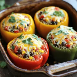- 4 medium bell peppers (any color) - 1 cup quinoa, rinsed - 2 cups vegetable broth - 1 can (15 oz) black beans, rinsed and drained - 1 cup corn kernels (fresh, frozen, or canned) - 1 cup diced tomatoes (fresh or canned) - 1 teaspoon cumin powder - 1 teaspoon paprika - 1/2 teaspoon chili powder - Salt and pepper to taste - 1/2 cup shredded cheese (cheddar, mozzarella, or a blend) - Fresh cilantro or parsley for garnish (optional) The ingredients for stuffed bell peppers with quinoa are simple and healthy. First, you need bell peppers, which give color and crunch. I like to use a mix of red, yellow, and green for a vibrant dish. Quinoa is the star of this recipe. It's a great source of protein and fiber. Rinsing the quinoa removes any bitter taste. The vegetable broth adds flavor as it cooks. Next, we have black beans. They are rich in protein and help make the dish hearty. Corn adds sweetness and a nice texture. Diced tomatoes bring juiciness and freshness to every bite. For flavor, we use cumin, paprika, and chili powder. They create a warm, spicy taste. Don’t forget salt and pepper to enhance all the flavors. Finally, cheese is optional but adds a lovely creaminess on top. You can choose cheddar, mozzarella, or a blend. Fresh cilantro or parsley can brighten the dish, making it pretty and tasty. This recipe is not just about good food; it’s about balance. Each ingredient plays its part, making a well-rounded meal. You can find the full recipe to guide you through this delicious process. - Preheat the oven and prepare the baking dish: Start by setting your oven to 375°F (190°C). This heat will help cook the peppers just right. While the oven warms up, grab a baking dish and lightly coat it with oil or cooking spray. This will prevent sticking. - Cut tops off bell peppers and remove seeds: Take your bell peppers and cut off the tops. Use a sharp knife to slice just enough to remove the stem. Next, scoop out the seeds and white membranes inside. This step is key for making room for the tasty filling. - Combine quinoa and vegetable broth in a saucepan: Rinse one cup of quinoa under cold water. In a medium saucepan, add the rinsed quinoa and two cups of vegetable broth. This broth adds a lot of flavor to the quinoa. - Bring to a boil and simmer: Place the saucepan over high heat. Once it boils, reduce to low heat and cover. Let it simmer for about 15 minutes. The quinoa is ready when it’s fluffy and absorbs all the broth. - Combine quinoa with black beans, corn, and tomatoes: In a large mixing bowl, add the cooked quinoa. Then, mix in one can of black beans, one cup of corn, and one cup of diced tomatoes. This mix brings a colorful and healthy filling. - Seasoning the mixture with spices: Add one teaspoon each of cumin powder and paprika, plus half a teaspoon of chili powder. Sprinkle in some salt and pepper to taste. Stir everything until it’s well mixed. This blend makes the filling full of flavor. - Spoon filling into each bell pepper: Take the quinoa mixture and spoon it into each bell pepper. Press it down gently to pack it in. This helps ensure every bite is full of flavor. - Topping with shredded cheese: After stuffing, sprinkle half a cup of shredded cheese on top of each pepper. You can use cheddar, mozzarella, or your favorite blend. This cheese melts beautifully in the oven. - Cover with foil and bake: Pour a little water into the bottom of the baking dish. This creates steam, which cooks the peppers. Cover the dish tightly with foil and bake for 25-30 minutes. - Final baking without foil for cheese melting: After 30 minutes, carefully remove the foil. Bake for another 10 minutes until the cheese is melted and bubbly. The peppers should be tender yet still hold their shape. For the full recipe, you can refer to the detailed instructions above. Enjoy your delicious stuffed bell peppers! To get the best quinoa, start by rinsing it. Rinsing removes bitter saponins. This makes your quinoa taste clean and fresh. Use a fine-mesh strainer for rinsing. For fluffy quinoa, use two cups of vegetable broth for each cup of quinoa. After boiling, reduce the heat and cover the pot. Cook it for about 15 minutes. Once done, let it sit for five minutes before fluffing with a fork. This step helps the grains separate nicely. When you stuff the bell peppers, pack the filling firmly. This helps it hold together while cooking. Use a spoon to press down the mixture. Fill each pepper to the top for a hearty bite. To ensure even cooking, place the peppers upright in a baking dish. Pour a little water in the bottom of the dish. This creates steam, which helps cook the peppers evenly. Cover the dish with foil during the first bake. Choosing cheese can make a big difference. Cheddar and mozzarella are great choices for flavor and melt. If you want something sharper, try pepper jack. For dairy-free options, use a plant-based cheese. Many brands offer great dairy-free shreds that melt well. You can also skip cheese if you prefer. The stuffed peppers will still taste amazing without it. {{image_2}} You can make stuffed bell peppers even better with tasty add-ins. Here are some ideas: - Additional vegetables: Chopped onions, mushrooms, or zucchini add flavor and texture. You can also throw in spinach or kale for more nutrients. - Protein options: If you want to add meat, try cooked chicken or turkey. For a plant-based option, use crumbled tofu or tempeh. Do you like it hot? You can change the spice level in your stuffed peppers easily: - Making it milder: Skip the chili powder or use a mild version. You can add more cheese to balance the heat. - Making it spicier: Add sliced jalapeños or a dash of hot sauce to the filling. You can even sprinkle some red pepper flakes on top before baking. These stuffed peppers can fit any diet. Here’s how to make them vegetarian or vegan: - Dairy-free cheese options: Look for vegan cheese brands that melt well. They taste great and keep the dish creamy. - Substituting for non-vegetarian ingredients: Instead of chicken or turkey, you can add more beans or lentils. This keeps the dish hearty and filling without any meat. Mix and match these ideas to create a stuffed pepper that suits your taste! For the full recipe, check out the details above. To store leftovers, let the stuffed peppers cool first. Place them in an airtight container. Make sure to separate layers with parchment paper if stacking. This keeps them from sticking together. Recommended containers include glass or hard plastic. These materials keep the peppers fresh and safe. Always label your containers with the date. This way, you’ll know when to eat them. For freezing stuffed peppers, let them cool completely. Wrap each pepper tightly in plastic wrap. Then, place them in a freezer-safe bag. Remove as much air as you can to prevent freezer burn. When you want to eat them, thaw in the fridge overnight. To reheat, bake them in the oven at 350°F (175°C). This keeps the peppers tasty and warm. Stuffed bell peppers can stay fresh in the fridge for 3-5 days. In the freezer, they last for up to 3 months. Always check for signs of spoilage, like an off smell or change in color. Enjoy your flavorful meal with confidence! For the complete recipe, check out the Full Recipe. You know stuffed peppers are done when they are soft. The cheese should be melted and bubbly. I like to check with a fork. If it goes in easily, they are ready. Yes, you can use other grains. Brown rice, farro, or even couscous work well. Each grain has its own taste and texture. Just make sure to adjust the cooking time based on the grain you choose. You can swap black beans for kidney beans or pinto beans. Chickpeas also make a great choice. They add protein and a nice flavor to your peppers. Yes, you can prepare stuffed peppers ahead of time. Just stuff them and keep them in the fridge for a day. You can also freeze them. Cook them straight from the freezer, but add some extra time in the oven. For the full recipe, check the details above. In this post, we explored how to make delicious stuffed bell peppers. We detailed the key ingredients, step-by-step instructions, cooking tips, and variations to suit your taste. Remember, you can customize these peppers to your liking by adding different spices or proteins. Final thoughts: Stuffed peppers are nutritious, easy, and fun to make. They are perfect for meal prep or a hearty dinner. Get creative and enjoy your cooking!