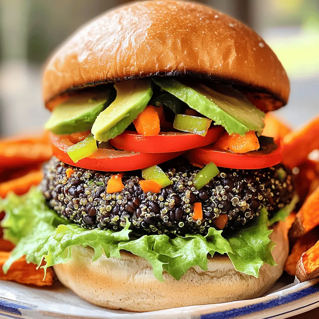 To make your homemade veggie burger, gather these ingredients: - 1 cup cooked black beans, drained and rinsed - 1 cup cooked quinoa - 1/2 cup finely chopped bell pepper (any color) - 1/2 cup finely chopped onion - 1/2 cup breadcrumbs (preferably whole wheat) - 1/4 cup fresh cilantro, chopped - 2 cloves garlic, minced - 1 tablespoon ground flaxseed mixed with 3 tablespoons water (flax egg) - 1 teaspoon cumin - 1 teaspoon smoked paprika - Salt and pepper to taste - 2 tablespoons olive oil (for cooking) - Burger buns and toppings (lettuce, tomato, avocado, etc.) Each ingredient in this veggie burger plays a role in its nutrition. Here’s a quick look: - Black beans provide protein and fiber. They help you feel full. - Quinoa is a complete protein and adds healthy carbs. - Bell peppers add vitamins A and C. They also give color and crunch. - Onions boost flavor and have antioxidants. - Garlic adds taste and may help your immune system. - Ground flaxseed is rich in omega-3s. It helps bind the burger. When shopping, look for ingredients that are fresh and high quality. Here are some tips: - Choose beans that are firm and shiny. Avoid any that are mushy. - Pick quinoa that is clean and free from debris. - Select bell peppers that are bright and firm. The skin should be smooth. - For onions, look for firm ones with no soft spots. - Fresh cilantro should smell strong and have vibrant green leaves. - Always check the garlic for firmness and no sprouting. These tips will help you create a tasty and healthy veggie burger. For the full recipe, check the section above. To make your homemade veggie burger, start by mashing the black beans in a large bowl. Make sure to leave some chunks for a nice texture. Next, add the cooked quinoa, chopped bell pepper, onion, breadcrumbs, cilantro, and minced garlic. Sprinkle in the spices: cumin, smoked paprika, salt, and pepper. Mix everything well. Now, add the flax egg to the mixture. Stir until all ingredients blend together nicely. Divide the mixture into four equal parts. Shape each part into a patty. Place these patties on a parchment-lined plate. Refrigerate them for at least 30 minutes. This helps them firm up. Heat two tablespoons of olive oil in a skillet over medium heat. Carefully add the patties. Cook them for about 5-6 minutes on each side. You want them to be golden brown and heated through. Toast your burger buns in the same skillet for added flavor. Assemble your veggie burgers by placing a patty on the bottom bun. Add your favorite toppings, then close with the top bun. Enjoy! You can find the full recipe above. To get the right texture for your veggie patties, here are some tips: - Don't over-mash the beans. Leave some chunks for bite. - Use cooked quinoa; it adds a nice chew. - Chill the patties well before cooking. This helps them hold shape. - If the mixture is too wet, add more breadcrumbs. You can cook your veggie burgers in two ways: in a skillet or on a grill. Skillet Cooking: - A skillet lets you control the heat easily. - It gives a nice, golden crust. Grill Cooking: - Grilling adds a smoky flavor. - Make sure your grill is hot before placing the patties. Both methods work well. Choose the one that fits your taste! When making veggie burgers, avoid over-mashing the beans. You want some texture. If the mixture is too wet, add more breadcrumbs to help it hold together. Don’t skip chilling the patties. Refrigerating helps them firm up and stay intact while cooking. Lastly, ensure your skillet or grill is hot before adding patties. This helps create a nice crust. To boost flavor, use fresh herbs like cilantro or parsley. They add a bright taste. Spices like cumin and smoked paprika give warmth and depth. You can also mix in a splash of soy sauce or Worcestershire sauce for umami. If you enjoy heat, add chopped jalapeños or red pepper flakes. Lastly, consider topping with homemade sauces like avocado cream or spicy aioli. Serve your veggie burgers on toasted buns for added crunch. Pile on fresh toppings like lettuce, tomato, and slices of avocado. For a fun twist, pair them with sweet potato fries. A side salad with a zesty dressing also works well. If you want a complete meal, add a scoop of quinoa salad for extra nutrients. For the full recipe, check out Ultimate Homemade Veggie Burger. {{image_2}} You can switch beans and grains to create new flavors. Black beans are popular, but try pinto or white beans for a twist. Each bean has a different taste and texture. Quinoa is great, but brown rice or bulgur can work too. Both add a nutty flavor and good texture. Mixing different beans and grains keeps your veggie burger fresh and exciting. If you love heat, add spices or hot sauce. You can mix in chopped jalapeños or cayenne pepper. Chipotle powder gives a smoky kick too. For a fiery flavor, try a spicy salsa as a topping. Just remember to adjust the seasoning to match your spice level. A spicy veggie burger can make your meal unforgettable. You can easily make this burger vegan. Instead of eggs, use a flax egg, which I mention in the Full Recipe. Use vegan mayo or avocado to keep it creamy. For cheese lovers, try vegan cheese. These swaps keep the burger tasty while making it suitable for everyone. You can enjoy a delicious veggie burger without missing out. To keep your veggie burger patties fresh, store them in an airtight container. Make sure they cool completely first. Place parchment paper between layers to avoid sticking. This method helps maintain their texture and taste. You can store them in the fridge for up to four days. Freezing is a great option if you want to make patties ahead of time. Place uncooked patties on a parchment-lined tray. Freeze them for about one hour until firm. Then, transfer them to a freezer bag and label it. They can last up to three months in the freezer. When ready to cook, thaw in the fridge overnight. Homemade veggie burgers last about four days in the fridge. If you freeze them, they can last three months. Always check for signs of spoilage, like an off smell or changes in texture. For best taste and quality, enjoy them fresh or within these time frames. You want your veggie burgers to be golden brown on both sides. Cook them for about 5-6 minutes on each side. Use a food thermometer for safety. The center should reach 165°F (74°C). If you don't have a thermometer, check that they feel hot throughout. A good sign is when they have a nice crisp outside. Yes, you can bake these veggie burgers for a healthier option! Preheat your oven to 375°F (190°C). Place the patties on a lined baking sheet. Bake for about 20-25 minutes. Flip them halfway through for even cooking. Baking will give you a softer texture, but they still taste great. Toppings can make your veggie burger shine! Here are some tasty ideas: - Lettuce - Tomato slices - Avocado or guacamole - Pickles - Cheese (if not vegan) - Sliced onion - Mustard or ketchup - A dollop of yogurt or a vegan alternative Feel free to mix and match to find your favorite combo! For the full recipe, check out the Ultimate Homemade Veggie Burger. Making homemade veggie burgers is easy and fun. We explored the key ingredients, shared cooking steps, and highlighted tips to avoid common mistakes. With unique variations and storage tips, you'll have plenty of options. Remember, fresh ingredients make a big difference. So, don’t hesitate to experiment with flavors. Enjoy your tasty, healthier burgers that suit your style! The right toppings can elevate your meal, so choose wisely. Dive in and get cooking!