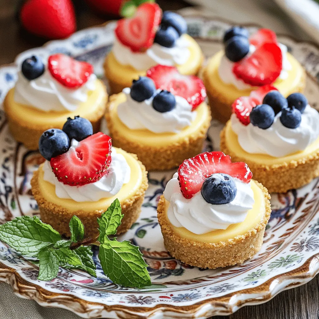 To make mini cheesecake bites, you need a few key ingredients. Here’s the list: - 1 cup graham cracker crumbs - 1/4 cup sugar - 1/2 cup unsalted butter, melted - 16 oz cream cheese, softened - 1/2 cup powdered sugar - 1 teaspoon vanilla extract - 2 large eggs - 1/2 cup sour cream - Fresh berries (strawberries, blueberries, or raspberries) for topping - Whipped cream for garnish (optional) Using quality ingredients makes a big difference. Choose fresh cream cheese for a smooth texture. For the graham cracker crumbs, you can use store-bought or crush your own. If you want a twist, try using different cookies for the crust. You will need some special equipment: - Muffin tin - Mini cupcake liners - Mixing bowls - Electric mixer These tools help you create a perfect mini cheesecake. Using the right equipment also makes the process easier and more fun! When you're ready, gather your ingredients and equipment. This way, you’ll have everything at hand to make your mini cheesecake bites a success. If you want the full recipe, check out the detailed instructions that follow! First, preheat your oven to 325°F (160°C). This step is key for even baking. Next, line a muffin tin with mini cupcake liners. This will help keep your cheesecake bites from sticking. In a medium bowl, mix together the graham cracker crumbs, sugar, and melted butter. Stir until all the crumbs are coated in butter. This makes a tasty crust. Now, scoop about 1 tablespoon of the mixture into each lined cup. Press it down firmly to form a crust at the bottom. Bake these for 8 minutes, then take them out and let them cool. In a large mixing bowl, beat the softened cream cheese until it is smooth. This should take about 2 minutes. Next, add the powdered sugar and vanilla extract. Mix until everything is well combined. Now, add the eggs one at a time. Mix on low speed each time, just until the egg is mixed in. Remember, do not overmix! This helps keep the texture creamy and smooth. Once the eggs are in, gently fold in the sour cream. This adds a nice tang to the bites. Pour the cream cheese mixture over the cooled crusts. Fill each one to about 3/4 full. This allows some space for rising. Now, bake the mini cheesecakes for 18 to 20 minutes. The centers should be just set and have a slight jiggle. Once done, turn off the oven. Crack the door open and let the cheesecakes cool inside for 20 minutes. This helps prevent cracks. After that, remove them from the oven and let them cool completely at room temperature. For the best flavor, refrigerate them for at least 2 hours or overnight. Enjoy your mini cheesecake bites topped with fresh berries! You can find the full recipe above. When making mini cheesecake bites, avoid common mistakes. These mistakes include overmixing and opening the oven door too soon. Overmixing can lead to a dense texture. Mix just until combined. To prevent cracks on top, let the cheesecakes cool slowly. After baking, leave them in the oven with the door cracked for 20 minutes. This helps the temperature drop gently. For a lovely presentation, place the cheesecake bites on a colorful platter. Scatter fresh berries around for a burst of color. You can also add mint leaves for freshness. Pair your mini cheesecake bites with drinks. They go well with coffee, tea, or sparkling water. The flavors blend nicely and create a delightful experience. For the full recipe, see the instructions above. {{image_2}} You can change up the flavor of your mini cheesecake bites easily. Here are some fun ideas: - Chocolate Cheesecake: Add 1/2 cup of melted chocolate to the batter. This makes it rich and tasty. - Fruit-Flavored Cheesecake: Mix in pureed fruit like strawberries or mangoes. Use about 1/2 cup for a fruity twist. - Lemon Cheesecake: Add 2 tablespoons of lemon juice and some lemon zest. This gives a bright and fresh flavor. - Pumpkin Cheesecake: In fall, try adding 1/2 cup of pumpkin puree and 1 teaspoon of pumpkin spice. It tastes just like pie! You can also swap out some ingredients. For example, use oat flour instead of graham cracker crumbs for a gluten-free crust. You can replace sour cream with Greek yogurt if you want a tangy taste. The right toppings can make your mini cheesecakes even better. Here are some ideas to try: - Caramel Sauce: Drizzle it on top for a sweet finish. - Chocolate Drizzle: Melt some chocolate and drizzle it over the bites for extra richness. - Crushed Cookies: Add crushed Oreos or Nilla Wafers on top for crunch. - Nuts: Sprinkle chopped nuts like walnuts or pecans on top for added texture. Mix and match these toppings to find your favorite combo. Each one adds a unique touch to your cheesecake bites. You can make them look great and taste amazing! To keep your mini cheesecake bites fresh, refrigerate them. Place them in an airtight container. This helps to keep them moist and tasty. You can also freeze them for later. Just wrap each bite tightly in plastic wrap, then put them in a freezer-safe bag or container. When you are ready to eat them, move them to the fridge a few hours before serving. This will help them defrost gently. Avoid leaving them out for too long. This can change their texture and taste. Mini cheesecake bites can last about five days in the fridge. If you freeze them, they can stay fresh for up to three months. To tell if they are still good, check for any off smells or changes in color. If they look dry or feel grainy, it’s best to toss them. Storing them correctly will make sure you enjoy your mini cheesecake bites at their best! For the full recipe, check the earlier sections. You can make mini cheesecake bites without an oven by using a no-bake method. This means you do not need to bake your cheesecake. Instead, chill the bites in the fridge. To do this, mix the cream cheese, sugar, and vanilla until smooth. Then, fold in whipped cream for a light texture. For the crust, use crushed graham crackers mixed with melted butter. Press this mixture into mini cupcake liners. After that, add your cream cheese mix on top. Chill for at least four hours. Enjoy your creamy bites straight from the fridge! Yes, you can use non-dairy cream cheese for your mini cheesecake bites. Brands like Tofutti or Kite Hill work well. They give a similar creamy texture, but the flavor might change a bit. Non-dairy cream cheese can be less tangy than regular cream cheese. Make sure to taste your mixture before chilling. You might want to adjust the sweetness or add a little lemon juice for extra flavor. To get your cheesecake bites to set just right, follow these tips: - Cream Cheese Texture: Use softened cream cheese. This ensures a smooth mix. - Avoid Overmixing: Mix the ingredients until just combined. Overmixing can make the bites too airy. - Chill Time: Always chill your cheesecake bites. Refrigerate them for at least two hours. This helps them firm up and improve the flavor. - Check for Jiggle: When baking, look for a slight jiggle in the center. It should not be liquid. This indicates they are set perfectly. In this post, we covered how to make delicious mini cheesecake bites. We talked about key ingredients, step-by-step instructions, tips to avoid mistakes, and creative variations. Proper storage and answers to common questions were also included. Now, you have everything you need to create these tasty treats. Enjoy baking and sharing them with friends and family. Happy cooking!