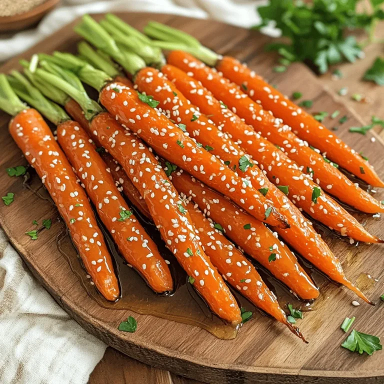 - 1 lb (450g) baby carrots, trimmed - 3 tablespoons honey - 2 tablespoons olive oil - 3 cloves garlic, minced - 1 teaspoon fresh thyme leaves (or ½ teaspoon dried thyme) - Salt and pepper to taste - Optional: 1 tablespoon sesame seeds for garnish - Optional: Fresh parsley, chopped for garnish To make honey garlic roasted carrots, you need simple, fresh ingredients. I love using baby carrots. They are sweet and tender. You can find them at most grocery stores. Honey adds a touch of sweetness. It balances the savory garlic. Olive oil helps the carrots roast perfectly. Garlic gives a nice flavor that pairs well with honey. Fresh thyme adds an earthy taste. You can use dried thyme if needed. Just use less because it’s more potent. Don’t forget salt and pepper! They enhance all the flavors. You can add sesame seeds or parsley for a nice touch. These are optional, but they add crunch and color. You can find the full recipe at the end of this article. Trimming and cleaning the carrots Start by rinsing the baby carrots under cold water. This removes dirt and grit. Trim off any green tops if needed. You want the carrots to be clean and ready for roasting. Preparing the honey garlic mixture In a large bowl, combine honey, olive oil, minced garlic, thyme, salt, and pepper. Whisk until everything blends well. This mixture gives the carrots their sweet and savory flavor. Preheating the oven Preheat your oven to 425°F (220°C). This high heat helps caramelize the carrots, making them sweet and tasty. Tossing the carrots Add the cleaned carrots to the honey garlic mixture. Toss the carrots well until fully coated. Make sure every carrot gets that yummy sauce. Roasting time and tips Spread the carrots on a baking sheet in a single layer. Avoid overcrowding them; this helps them roast evenly. Roast for 20-25 minutes. Toss them halfway through for even cooking. Check for tenderness with a fork; they should be soft but not mushy. Adding remaining sauce Once the carrots are done, remove them from the oven. Drizzle any remaining honey garlic sauce over the top. This adds more flavor and keeps them moist. Garnishing options For a finishing touch, sprinkle sesame seeds and chopped parsley on top. This adds color and a bit of crunch. You can serve the carrots on a platter for a beautiful presentation. Enjoy this savory and simple dish as a side! To achieve the perfect roast, you need even heat. Preheat your oven to 425°F (220°C). Use a baking sheet lined with parchment paper. This helps with easy cleanup. Spread the carrots out in a single layer. If they are too crowded, they won’t roast well. Toss them halfway through cooking for even color. If you want a quicker method, try an air fryer. Set it at 400°F (200°C). Cook for about 15-20 minutes, shaking the basket halfway. This gives you crispy, tender carrots fast. Adding spices or herbs can make a big difference. Try some cumin or paprika for warmth. Fresh rosemary or dill can add a nice twist too. Don’t be afraid to experiment! These honey garlic roasted carrots pair well with many dishes. Serve them alongside grilled chicken or fish. They also go great with rice or quinoa. For a full meal, add a salad or roasted potatoes on the side. Check out the Full Recipe for more ideas! {{image_2}} You can swap baby carrots for other root vegetables. Consider using parsnips or sweet potatoes. These options add unique flavors and textures. You can also mix in seasonal vegetables like zucchini or bell peppers. These veggies roast well and add color to your dish. If you want a twist, try using maple syrup instead of honey. This adds a rich sweetness that pairs well with the carrots. For a spicy kick, mix in a bit of chili paste with the honey. This spicy honey garlic option gives a bold flavor. You can find the full recipe to guide you in making these variations. To keep your honey garlic roasted carrots fresh, use airtight containers. Glass or plastic containers work well. Make sure the carrots cool down before sealing them. This helps prevent moisture build-up. Store them in the fridge for up to four days. If you want to keep them longer, you can freeze them. Just remember, frozen carrots may lose some crunch. For the best flavor when reheating, use the oven. Preheat it to 350°F (175°C). Spread the carrots on a baking sheet. Heat them for about 10 minutes. This method keeps them tender and tasty. You can also use a microwave. Place the carrots in a bowl and cover them. Heat in short bursts of 30 seconds until warm. Just be careful not to overcook them, as they can turn mushy. Can I use regular carrots instead of baby carrots? Yes, you can use regular carrots. Just cut them into sticks about the same size as baby carrots. This ensures they cook evenly. Regular carrots will taste just as good with the honey and garlic. How do I adjust the recipe for more servings? To serve more people, simply double or triple the ingredients. Make sure to adjust the cooking time if you use a lot of carrots. Spread them out on the baking sheet so they roast well. What temperature is best for roasting vegetables? I recommend roasting vegetables at 425°F (220°C). This high heat helps to caramelize the sugars in the carrots, making them sweet and tender. It also gives them a nice color. How can I tell when my carrots are done cooking? The carrots are done when they are tender and slightly caramelized. You can test them with a fork. If the fork goes in easily, they are ready. You want them soft but not mushy. You now have all the tools to make delicious roasted baby carrots. We covered the ingredients, preparation, and roasting process. I shared tips to improve flavor and cooking techniques. Plus, we explored fun variations and smart storage tips. Remember, cooking should be fun and tasty. Experiment with different veggies or sauces. Enjoy your carrots with friends or family. Trust me, they will love it! Happy cooking!