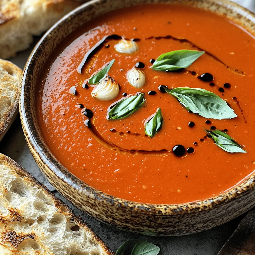 To make this roasted garlic tomato soup, gather these fresh ingredients: - 6 ripe tomatoes, halved - 1 head of garlic, roasted - 1 medium onion, chopped - 2 tablespoons olive oil - 2 cups vegetable broth - 1 teaspoon dried basil - 1 teaspoon dried oregano - Salt and pepper to taste - 1 tablespoon balsamic vinegar - Fresh basil leaves for garnish - Crusty bread for serving You can easily swap out some ingredients if needed. Use canned tomatoes instead of fresh ones. They work great in a pinch. If you want a sweeter flavor, try using shallots instead of onion. You can also replace vegetable broth with chicken broth for a richer taste. For a vegan option, keep the vegetable broth. If you lack fresh basil, dried basil will do. When selecting tomatoes, look for ones that are ripe and bright in color. They should feel firm but yield slightly to pressure. For garlic, choose a head that is dry and firm, with no soft spots. The onion should be dry and free of blemishes. Always opt for high-quality olive oil, as it adds depth to the soup. Fresh herbs will enhance the flavor, so pick those last to keep them vibrant. Start by gathering your ingredients. You will need 6 ripe tomatoes, a head of garlic, and a medium onion. Chop the onion into small pieces. Halve the tomatoes and set them aside. Make sure to keep your workspace clean and organized. This helps you stay focused as you cook. Preheat your oven to 400°F (200°C). Place the halved tomatoes and the whole head of garlic on a baking sheet. Drizzle the tomatoes with 2 tablespoons of olive oil. Sprinkle salt and pepper on top. Roast them in the oven for about 25-30 minutes. The tomatoes should get caramelized, and the garlic will become soft. While the tomatoes and garlic roast, heat a pot over medium heat. Add a tablespoon of olive oil and sauté the chopped onion. Cook the onion until it turns translucent, about 5-7 minutes. Once the tomatoes and garlic are ready, add them to the pot. Squeeze the roasted garlic from its skin into the pot. Pour in 2 cups of vegetable broth, along with 1 teaspoon of dried basil and 1 teaspoon of dried oregano. Let it simmer for 10 minutes. After that, blend the soup until smooth. If you don’t have an immersion blender, carefully transfer it to a regular blender in batches. Stir in 1 tablespoon of balsamic vinegar. Adjust the seasoning with salt and pepper to your taste. Serve hot, and enjoy your Roasted Garlic Tomato Soup with crusty bread for dipping. For the complete recipe, check the Full Recipe. To boost the taste of your roasted garlic tomato soup, use spices wisely. Adding dried herbs like basil and oregano gives depth. You can also try a pinch of red pepper flakes for heat. A sprinkle of smoked paprika adds a nice twist. Remember, start small and taste as you go. Adjust the spices to suit your taste buds. Roasting garlic brings out its sweet and mellow flavor. To do this right, choose a fresh head of garlic. Remove the outer layers but keep the skins on the cloves. Cut the top off the head to expose the cloves. Drizzle with olive oil and wrap it in foil. Roast until soft and golden. This can take about 30-40 minutes at 400°F. Use the roasted garlic in your soup for a richer flavor. When serving your roasted garlic tomato soup, think about texture. Pair the smooth soup with crunchy, crusty bread for dipping. A dollop of cream or a sprinkle of cheese can add richness. You can also garnish with fresh basil leaves for a pop of color. Serve the soup warm for the best experience. Enjoy it with friends for a comforting meal. For the complete recipe, check the Full Recipe section. {{image_2}} You can easily make this soup vegan and gluten-free. The ingredients are naturally free from animal products. Just ensure your vegetable broth is vegan. Use gluten-free bread for dipping. This soup remains creamy and rich without dairy. If you want to add protein, beans are a great choice. Canned white beans or chickpeas work well. They add flavor and texture. If you prefer meat, try adding shredded chicken or cooked sausage. Both options blend nicely with the soup and make it more filling. Change up the herbs and spices for new flavors. You can swap dried basil for fresh. Fresh herbs add a bright taste. Try thyme, rosemary, or even a hint of chili for heat. A splash of lemon juice brightens the soup too. Experimenting with flavors makes each bowl unique. For the full recipe, check the section above. After enjoying your Roasted Garlic Tomato Soup, let it cool down. Pour the soup into an airtight container. Make sure to seal it tightly. Store it in the fridge for up to four days. This way, you can savor the rich flavors later. Just remember to label the container with the date. To freeze the soup, use freezer-safe containers. Leave some space at the top. The soup will expand as it freezes. You can freeze it for up to three months. When you’re ready to eat, just pull it from the freezer. Let it thaw in the fridge overnight before reheating. To reheat the soup, pour it into a pot over medium heat. Stir it often to warm it evenly. If it seems thick, add a splash of vegetable broth or water. You can also microwave it in a bowl. Cover it with a microwave-safe lid, and heat in short bursts. Stir in between for even warming. Enjoy your soup with fresh bread for a cozy meal. For the complete cooking experience, check out the Full Recipe. Roasted Garlic Tomato Soup can last up to five days in the fridge. Store it in an airtight container. Make sure to let it cool before placing it in the fridge. This helps keep it fresh. If you want it to last longer, consider freezing it. Yes, you can use canned tomatoes if fresh ones are not available. Choose whole or diced tomatoes for the best results. Canned tomatoes are often ripe and sweet. They can work well in this recipe. Just be sure to adjust the cooking time as canned tomatoes are already cooked. Roasted Garlic Tomato Soup pairs well with many sides. Here are some ideas: - Grilled cheese sandwiches - Crusty bread - Salad - Pasta These options add texture and flavor to your meal. Enjoy the soup with the perfect side for a cozy dinner. For the full recipe, check out the earlier section! In this post, we explored the key ingredients for Roasted Garlic Tomato Soup. We covered substitutions, tips for freshness, and how to prepare and cook the soup. I shared ways to enhance the flavor and offered serving suggestions. You can even try vegan and gluten-free options. Lastly, we looked at storage and reheating tips. Remember, cooking is fun and easy with fresh ingredients. Enjoy making this soup your own!