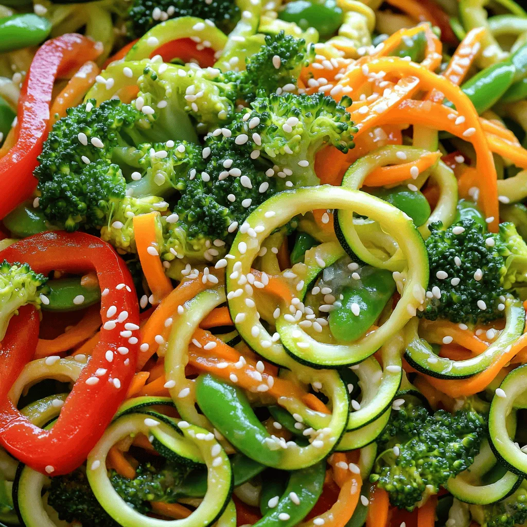 To make this zesty zucchini noodle stir fry, gather these simple ingredients: - 2 medium zucchinis, spiralized into noodles - 1 red bell pepper, sliced - 1 cup broccoli florets - 1 carrot, julienned - 1 cup snap peas - 3 tablespoons soy sauce (or tamari for gluten-free) - 1 tablespoon sesame oil - 1 teaspoon grated fresh ginger - 2 cloves garlic, minced - 1 tablespoon sesame seeds - Salt and pepper to taste - Green onions, sliced (for garnish) If you don’t have some of these items, don’t worry! Here are some easy swaps: - Use yellow squash instead of zucchini for a different twist. - Replace bell pepper with any other color, like green or orange. - Frozen veggies can work if you are in a hurry. Just let them thaw before cooking. - Use coconut aminos instead of soy sauce for a soy-free option. - Swap sesame oil with olive oil or avocado oil if you need. This dish is not only tasty but also healthy! Here’s a rough breakdown per serving: - Calories: About 150 - Protein: 5g - Carbohydrates: 20g - Fiber: 5g - Fat: 7g This zesty zucchini noodle stir fry is low in calories but high in flavor. You can enjoy it guilt-free! For the full recipe, check out the detailed instructions. To start, grab two medium zucchinis. Use a spiralizer to turn them into noodles. This process is simple and quick. Just twist the zucchinis until they form long strands. Once done, set the noodles aside. They will soak up the flavors later. Next, heat three tablespoons of sesame oil in a large pan or wok over medium-high heat. When the oil is hot, add two minced garlic cloves and one teaspoon of grated fresh ginger. Stir these for about 30 seconds. You want to smell the aroma! Now, add one sliced red bell pepper, one cup of broccoli florets, one julienned carrot, and one cup of snap peas to the pan. Stir-fry these veggies for 4 to 5 minutes. You want them to soften but remain crunchy. The colors should pop! Once the veggies look good, it's time to add the zucchini noodles. Pour in three tablespoons of soy sauce and mix everything well. Toss the noodles with the vegetables for about 2 to 3 minutes. Heat the noodles without overcooking them. You want them warm and still a bit firm. Finally, taste the stir fry. Add salt and pepper as needed. Remember, the soy sauce can add saltiness, so taste before you season. Once it’s ready, remove the pan from the heat. Sprinkle with sesame seeds and garnish with sliced green onions. Enjoy your meal! For the full recipe, check out the details above. When making zucchini noodle stir fry, fresh veggies make a big difference. Choose firm zucchinis with smooth skin. Look for bright bell peppers and vibrant broccoli. Crisp snap peas add a nice crunch. Fresh produce gives your dish great flavor and color. Always buy what looks best at the store or market. Texture is key to a great stir fry. Spiralized zucchini should be cooked quickly. If you cook it too long, it can become mushy. Stir-fry your veggies first to get them tender. Then, add the zucchini noodles just before finishing. This way, they stay crisp and delicious. Toss everything gently to combine without breaking the noodles. Serve your zesty zucchini noodle stir fry hot. It’s perfect on its own or paired with protein. You can add chicken, shrimp, or tofu for a heartier meal. Top with sliced green onions and sesame seeds for a nice touch. You can also serve it over rice or quinoa for extra fullness. Check out the Full Recipe for more ideas! {{image_2}} You can easily make this dish vegan. Just skip any animal products. Replace chicken or shrimp with more veggies. Add mushrooms, bell peppers, or eggplant for depth. You can also use tofu for protein. Tofu adds a nice texture and flavor. Make sure to press it to remove extra water for better frying. Want to add protein? Chicken and shrimp are great choices. Cook them first in the pan. Once cooked, take them out and set aside. Then stir-fry your veggies and add the cooked protein back in. If you prefer tofu, cut it into small cubes. Fry it until golden before adding it to the mix. This adds a nice crunch and flavor to your meal. To make this dish gluten-free, use tamari instead of soy sauce. Make sure your other ingredients are gluten-free too. Most fresh veggies are safe, but check any sauces. You can enjoy this meal without worries if you follow these steps. It’s tasty and fits your diet! After making your zesty zucchini noodle stir fry, let it cool. Place it in an airtight container. Store it in the fridge for up to three days. This keeps the flavors fresh and tasty. I often enjoy it cold as a salad, too! To reheat, you can use a pan or a microwave. If using a pan, add a splash of water. This keeps the noodles from drying out. Heat on medium for about five minutes. Stir it often for even warmth. In the microwave, heat in 30-second bursts. Stir between each burst until hot. If you want to freeze the stir fry, I recommend only freezing the veggies, not the zucchini noodles. They can turn mushy when thawed. Store the veggies in a freezer-safe bag. They will last for up to three months. When you're ready to eat, thaw them in the fridge overnight. Then, you can sauté them fresh with new zucchini noodles for a quick meal. To spiralize zucchini, you need a spiralizer. Place the zucchini in the spiralizer and twist it. This will turn the zucchini into long noodles. You can also use a vegetable peeler for flat noodles. It’s easy and fun! Yes, you can make this dish ahead of time. Cook the stir fry as usual and let it cool. Store it in an airtight container in the fridge. When you’re ready to eat, just reheat it on the stove or in the microwave. This stir fry pairs well with many dishes. You can serve it with grilled chicken, shrimp, or tofu for added protein. A side of rice or quinoa is also great. For a fresh touch, try a simple salad or some steamed veggies. You can find the full recipe for Zesty Zucchini Noodle Stir Fry to get all the details. This blog post covered how to make a simple, tasty Zucchini Noodle Stir Fry. We discussed the ingredients and even how to swap some out. I shared step-by-step instructions for making the dish. You learned key tips for a great texture and serving ideas. Variations for different diets were included. Lastly, I offered storage and reheating info. Making this dish is easy and fun. Enjoy your cooking!