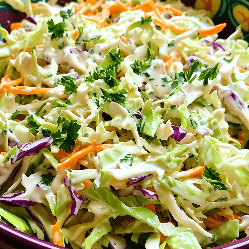 - 1 small head of green cabbage, finely shredded - 1 cup carrots, grated - 1/2 cup red cabbage, finely shredded - 1/2 cup mayonnaise - 2 tablespoons apple cider vinegar - 1 tablespoon Dijon mustard - 2 teaspoons sugar - Salt and black pepper to taste - Optional: 1/4 cup chopped fresh parsley for garnish Crispy, crunchy coleslaw starts with fresh vegetables. I love using green cabbage as my base. It gives a nice crunch. Grating carrots adds sweetness and color. The red cabbage is not just pretty; it adds a slight bite. For the dressing, I use mayonnaise for creaminess. Apple cider vinegar gives it a tangy kick. Dijon mustard adds depth, while sugar balances the flavors. A sprinkle of salt and pepper brings everything together. If you want a pop of green, add chopped parsley! Find the full recipe above to make this classic side dish. - Combine finely shredded cabbages and grated carrots in a large mixing bowl. - Toss to ensure even mixing. Start by taking your green and red cabbage. Shred them finely. Use a sharp knife or a food processor. Next, grab those bright orange carrots and grate them. The mix of colors makes your coleslaw pop. Toss everything well in the bowl. This step is key for even flavor. - Whisk together mayonnaise, vinegar, mustard, and sugar until smooth. In a small bowl, add the mayonnaise. Then, pour in the apple cider vinegar. Add the Dijon mustard and sugar. Now, whisk it all together. You want it smooth and creamy. The dressing brings everything together in a tasty way. - Pour dressing over vegetable mixture and toss to coat. - Season with salt and pepper to taste. Now, pour your dressing over the veggies. Toss it all together until every piece gets coated. This is where the magic happens. After that, season with salt and pepper. Taste it. Adjust the flavor to your liking. - Cover and refrigerate for at least 30 minutes before serving. Finally, cover your bowl with plastic wrap. Place it in the fridge for at least 30 minutes. This waiting time allows the flavors to mix well. When ready, you will have a crunchy, refreshing coleslaw. Check out the Full Recipe for more details! To make classic coleslaw even better, try adding diced apples or raisins. These ingredients add a nice sweetness. You can also use a bit of honey for a natural touch. Balance is key; add a splash of lemon juice if it feels too sweet. This will brighten the dish and add a nice zing. Shredding the cabbage correctly is vital for a crunchy coleslaw. Use a sharp knife or a mandoline to achieve thin slices. The thinner the shreds, the better the crunch. For best results, let the shredded cabbage sit with a sprinkle of salt for about 10 minutes. This draws out moisture and keeps your coleslaw crisp. Classic coleslaw pairs well with many dishes. It’s great with BBQ ribs or grilled chicken. You can also serve it on sandwiches or burgers for a tasty crunch. The coolness of coleslaw balances rich flavors perfectly. For full details on how to make this dish, check the Full Recipe. {{image_2}} You can change the flavor of coleslaw by switching up the dressing. Vinegar-based dressings are tangy and light. They usually use vinegar, oil, and spices. These dressings let the vegetable flavors shine through. Creamy dressings, like the classic mayonnaise mix, are rich and smooth. They coat the veggies and add a nice texture. If you want a healthier twist, try yogurt or sour cream instead of mayonnaise. They give creaminess with fewer calories. Greek yogurt adds protein, making it a great choice. You can mix yogurt with a splash of vinegar for a nice zing. To make your coleslaw even better, consider adding other veggies. Diced bell peppers add color and sweetness. If you like heat, try adding jalapeños. They bring a spicy kick that livens up the dish. Herbs can also change the flavor of your coleslaw. Fresh dill gives a light and fresh taste. Cilantro can add a zesty note that pairs well with the other flavors. Experiment with different herbs to find your favorite mix. If you have dietary needs, you can still enjoy coleslaw. For a gluten-free option, make sure your dressing is gluten-free. Many brands offer gluten-free mayonnaise and vinegar options. If you want to go vegan, use plant-based mayonnaise. You can also make your own by blending silken tofu with lemon juice and spices. This gives you a creamy and tasty dressing without any animal products. For the full recipe, check out the details in the earlier sections! To store coleslaw, use an airtight container. This keeps it fresh and crunchy. Try to avoid adding too much dressing before storing. The dressing can make the coleslaw soggy. If you add it just before serving, it will stay crisp. Coleslaw lasts about 3 to 5 days in the fridge. Always check for any off smells before eating. You can freeze coleslaw, but the texture may change. To freeze it, place the coleslaw in a freezer-safe bag. Remove as much air as possible before sealing. It can last up to 2 months in the freezer. Thaw it in the fridge before serving. Expect a softer texture when it thaws. To revive coleslaw, add fresh dressing to perk it up. You can also mix in a bit of vinegar or lemon juice. This brightens the flavors and makes it taste fresh again. If it's too watery, drain some liquid before serving. Give it a good toss to mix everything nicely. Enjoy your coleslaw as part of any meal or picnic! For a full recipe, check out the Crispy Crunchy Classic Coleslaw. You can store homemade coleslaw in the fridge for about 3 to 5 days. Make sure to keep it in an airtight container. This keeps it fresh and tasty for longer. If you see any signs of spoilage, it’s best to toss it out. Yes, you can make coleslaw in advance! I recommend preparing it about 1 to 2 hours before serving. This gives the flavors time to mix well. Chilling it in the fridge helps to keep everything crisp. Just remember to give it a good toss before serving. Coleslaw has roots that go back to ancient Rome. They made a salad with cabbage, eggs, and vinegar. The name "coleslaw" comes from the Dutch word "koolsla," which means cabbage salad. Over time, it grew in popularity, especially in the United States, where it became a staple at barbecues and picnics. Coleslaw can be a healthy option! It is full of vitamins from the cabbage and carrots. Cabbage is low in calories and high in fiber. However, store-bought versions may have added sugars or fats. You can make your coleslaw healthier by using less mayonnaise or yogurt for the dressing. To prevent coleslaw from being watery, you can drain your veggies first. Salting the cabbage before mixing it can help too. After salting, let it sit for about 10 minutes and then rinse. This draws out excess moisture. Also, serve it soon after mixing to keep it fresh and crunchy. For more ideas, check out the Full Recipe for tips on perfecting your coleslaw! This blog post covered how to make classic coleslaw from scratch. We looked at fresh vegetable ingredients and a simple dressing recipe. I shared tips for enhancing flavor and texture, plus ways to adapt the recipe for different diets. Proper storage and refreshing leftovers were also discussed. Coleslaw is versatile and easy to customize. Whether you enjoy it creamy or tangy, you can make it fit your taste. Enjoy your coleslaw alongside meals for a refreshing crunch!