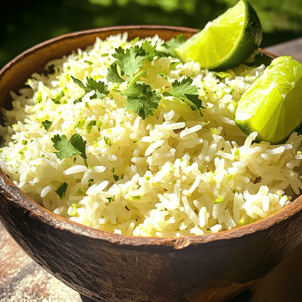 To make coconut lime rice, you need these key ingredients: - 1 cup jasmine rice - 1 cup coconut milk - 1/2 cup water - Zest of 1 lime - 2 tablespoons lime juice - 1 tablespoon brown sugar - 1/2 teaspoon salt Jasmine rice is fragrant and pairs well with coconut milk. The coconut milk adds creaminess and a sweet taste. Lime zest and juice give a bright, fresh flavor. Brown sugar balances the tartness of the lime, while salt enhances all the flavors. You can add these optional ingredients for extra flair: - 1/4 cup fresh cilantro, chopped - Lime wedges for serving Chopped cilantro adds a fresh pop. Lime wedges let you adjust the tartness as you like. You can also try adding sliced chili for a kick or toasted coconut for crunch. Coconut milk is rich in healthy fats. It can provide energy and support brain health. Jasmine rice offers quick energy as a carbohydrate source. Lime adds vitamin C, which boosts your immune system. Fresh cilantro has antioxidants that may help your body fight disease. Enjoying coconut lime rice not only satisfies your taste buds but also gives you some health perks! For the full recipe, check out the details above. To start, rinse your jasmine rice under cold water. This step is key. It helps wash away excess starch. When the water runs clear, you're ready. This makes the rice less sticky. In a medium saucepan, combine the rinsed rice, coconut milk, and water. Add the lime zest, brown sugar, and salt. Stir gently to mix everything well. Heat this mixture over medium-high heat until it boils. When it boils, reduce the heat to low. Cover the saucepan with a lid. Let it simmer for about 15 minutes. The rice should be tender and soak up all the liquid. Remove the saucepan from heat, and let it sit for 5 more minutes. This helps the rice finish cooking. Then, fluff the rice with a fork. Stir in the lime juice and chopped cilantro. Taste it and adjust the seasoning if you need to. Serve the coconut lime rice warm. Add lime wedges on the side for extra zest. This dish pairs well with grilled chicken or fish. You can also enjoy it with fresh veggies. It adds a bright, tropical flavor to any meal. For the full recipe, refer to the earlier section. To get fluffy coconut lime rice, rinse your jasmine rice well. Rinsing helps remove excess starch. This step keeps your rice from being sticky. Use the right water-to-rice ratio. For this dish, I recommend using equal parts coconut milk and water. This balance gives the rice a nice creamy texture. After cooking, let the rice sit covered for five minutes. This step helps it absorb more moisture. Fluff it gently with a fork to keep it light. You can tweak the flavor of your coconut lime rice easily. If you want it sweeter, add more brown sugar. For a tangier taste, increase the lime juice. You can also add fresh herbs like mint or basil for a twist. Don’t forget to taste as you go! This way, you can find the perfect balance for your palate. Avoid skipping the rinsing step. Not rinsing can lead to gummy rice. Be careful not to overcook the rice. Cooking too long can make it mushy. Also, watch the heat when simmering. A low heat is best to let the rice cook evenly. Finally, don’t forget to fluff the rice after cooking. This ensures a light and airy texture. For the full recipe, check out the detailed instructions above. {{image_2}} You can swap jasmine rice for other grains. Brown rice adds a nutty taste. Quinoa is a great option for protein. It cooks faster than brown rice. Cauliflower rice gives a low-carb twist. It absorbs flavors well and stays light. Each grain will change the dish's texture and taste. Get creative with flavors. Add ginger for warmth and spice. If you like heat, mix in diced jalapeños. For a sweet touch, try coconut flakes or pineapple. You can also use lemon instead of lime. This adds a bright and refreshing taste. Experiment with herbs like mint or parsley for a twist. Each addition can give a new spin to this dish. Coconut lime rice pairs well with many dishes. Try it with grilled chicken or shrimp for a tasty meal. It also complements curries and stir-fries nicely. For a lighter option, serve it with fresh veggies. Add a salad on the side for crunch. With its vibrant flavors, this rice can enhance any meal. You can find the full recipe in the cooking section. Store any leftover coconut lime rice in an airtight container. Keep it in the fridge for up to three days. Make sure the rice cools down to room temperature before sealing it. This helps keep the texture just right. When reheating, add a splash of water or coconut milk to the rice. This will help it stay moist. You can reheat it in the microwave or on the stove. If you use the stove, heat it on low, stirring often until warm. You can freeze coconut lime rice for up to a month. Divide it into small portions to make thawing easier. To thaw, place the rice in the fridge overnight. You can also use the microwave for a quick defrost. Just add a bit of liquid when reheating to keep it tasty. For the full recipe, check out the details above. The best rice for Coconut Lime Rice is jasmine rice. It has a lovely aroma and a soft texture. Jasmine rice cooks up fluffy and absorbs the coconut flavors well. You can also use basmati rice if you want a slightly different taste. Just make sure to rinse it well before cooking. Yes, you can make Coconut Lime Rice ahead of time. This dish stays fresh for a few days in the fridge. Just store it in an airtight container. When you're ready to serve it, reheat it in a pan or microwave. You may want to add a splash of coconut milk or water to keep it moist. To adjust the sweetness, you can add more or less brown sugar. If you like it sweeter, add an extra half tablespoon. If you prefer less sweetness, cut back on the sugar. You can also balance it with more lime juice, which adds a nice tang. Taste as you go to find the perfect balance. The full recipe for Coconut Lime Rice takes about 30 minutes from start to finish. You’ll need 10 minutes to prep and 20 minutes to cook. This recipe serves four people and includes ingredients like jasmine rice, coconut milk, lime zest, and cilantro. It's a simple yet tasty dish you’ll love. Coconut lime rice is a tasty dish you can easily make at home. We covered key ingredients, step-by-step cooking, and tips for the best results. Remember to adjust flavors to match your taste. Variations let you get creative, and proper storage keeps leftovers fresh. With this guide, you can enjoy coconut lime rice anytime. Embrace the flavors and share this dish with friends and family. You’ll impress everyone with your skills!