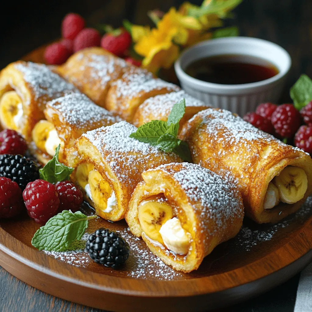 French toast roll-ups are a fun breakfast treat. They are simple to make and full of flavor. Here’s what you need: - 6 slices of whole wheat bread - 3 large eggs - 1/2 cup milk (or almond milk) - 1 teaspoon vanilla extract - 1 tablespoon cinnamon - 2 tablespoons sugar (brown sugar or coconut sugar for a healthier option) - 1 banana, sliced - 1/4 cup cream cheese, softened - 1 tablespoon powdered sugar (for dusting) - Butter or cooking spray for frying - Maple syrup or honey (for serving) These ingredients create a warm and creamy dish. The whole wheat bread gives a good texture. Using eggs and milk helps bind everything together. The sweet touches of vanilla and cinnamon make it even better. You can easily mix in your favorite fruits or change the sugar for a healthier option. If you want the full recipe, check out the details above. Flattening the Bread Slices First, you need to lay your bread slices flat on a clean surface. Grab a rolling pin and gently flatten each slice to about 1/4 inch thick. This step is key. It makes the bread easier to roll and holds the filling better. Mixing the Cream Cheese Filling Now, take a small bowl and mix your softened cream cheese with sliced banana. You want it smooth and creamy. Spread this mixture evenly over each flattened slice. Make sure to cover the whole surface for the best flavor. Rolling the Filled Bread Once your bread is filled, it’s time to roll. Start from one end and carefully roll each slice up tightly. Press the edge to seal the roll. Repeat this with all your slices. You want them snug, so they don’t fall apart while cooking. Preparing the Egg Mixture Grab a shallow dish and whisk together the eggs, milk, vanilla extract, and sugar. Make sure everything blends well. This mixture will coat your roll-ups and help them cook perfectly. Cooking the Roll-Ups Heat a non-stick skillet over medium heat and add some butter or cooking spray. Dip each roll-up into the egg mixture, letting it soak for just a few seconds. Place the roll in the skillet with the seam side down. This helps keep it closed while cooking. Final Touches: Cinnamon Sugar Coating Cook the roll-ups for about 2-3 minutes on each side. You want them golden brown and crispy. Once they are done, remove them from the skillet and immediately toss them in the cinnamon sugar mixture. This gives them a sweet and warm finish. Now, you can enjoy your delicious French Toast Roll-Ups! For the full recipe, check out the detailed instructions. How to Achieve Optimal Crispiness To get the best crispiness, use a non-stick skillet. Heat it over medium heat before adding your roll-ups. The butter or cooking spray helps create a golden crust. Cook each roll-up for 2-3 minutes on each side until they turn brown. Toss them in cinnamon sugar right after cooking for added flavor and texture. Preventing Filling Leakage To stop any filling from leaking, make sure to roll the bread tightly. Press the edge of each roll to seal it well. If you find any filling peeking out, use a bit of the egg mixture to seal it. This will keep your delicious cream cheese and banana filling inside while cooking. Best Dipping Sauces Serve your French toast roll-ups with maple syrup or honey for a sweet touch. You can also try chocolate sauce for a fun twist. If you prefer a fruity flavor, a berry compote makes a great dip too. Creative Garnishes for Presentation Make your dish pop with fresh berries on the plate. Add a sprinkle of powdered sugar on top for a snowy effect. A few mint leaves can brighten the dish and add color. Arrange everything nicely on a platter with a bowl of syrup in the center. This makes a beautiful and tasty breakfast spread. {{image_2}} French toast roll-ups are fun and easy to customize. You can make them sweet or savory. Here are some tasty ideas to try. Adding fruits is a great way to enhance flavor. You can use berries like strawberries or blueberries. Apples also work well. Just slice the fruit thinly and mix them with cream cheese for a tasty filling. Another sweet option is to use Nutella or peanut butter. Spread a layer on the bread before rolling it up. This gives a rich and creamy taste. Kids love these flavors! If you prefer savory, try using cheese and spinach. Mix soft cheese with fresh spinach for a creamy filling. This adds a nice twist to the classic roll-up. You can also add bacon or ham. Lay a slice of cooked bacon or ham inside before rolling. This adds a salty crunch that pairs well with the sweet egg coating. These variations let you enjoy French toast roll-ups in many ways. Check out the Full Recipe to explore these exciting options! After you enjoy your French toast roll-ups, you may have some left. Here’s how to store them properly: - Best Practices for Refrigeration: Place the roll-ups in an airtight container. This keeps them fresh for up to three days in the fridge. You can layer them with parchment paper to prevent sticking. - Reheating Methods: To reheat, use a skillet over medium heat. Cook for about 2-3 minutes on each side until warm. If you prefer, you can use a microwave. Heat for about 30 seconds, but the roll-ups might get a bit soggy. If you want to save some roll-ups for later, freezing is a great option! - How to Freeze and Thaw Roll-Ups: First, let the roll-ups cool completely. Then, wrap each one in plastic wrap and place them in a freezer-safe bag. They can stay frozen for up to a month. To thaw, move the roll-ups to the fridge overnight. When ready to eat, reheat using one of the methods above. Try to enjoy them fresh for the best taste, but freezing is a great way to keep leftovers! Can I use gluten-free bread? Yes, you can use gluten-free bread. Many brands offer good options. Look for bread that is soft and can be rolled easily. This ensures a tasty texture for your roll-ups. How can I make this recipe dairy-free? To make this recipe dairy-free, swap regular milk with almond milk or oat milk. Use a dairy-free cream cheese for the filling. These changes still give great taste without the dairy. What are some alternative fillings for French Toast Roll-Ups? You can get creative with fillings! Try using Nutella, peanut butter, or jam. You can also add sliced strawberries or apples for extra flavor. Each option brings a unique taste to your roll-ups. For the full recipe, check out the detailed steps above. Enjoy your cooking adventure! In this article, we explored how to make delicious French Toast Roll-Ups. We covered the ingredients, step-by-step instructions, helpful tips, and various sweet or savory options. Remember, practice makes perfect when mastering the crispiness and avoiding leaks. Get creative with fillings and sauces to make each batch unique. Lastly, proper storage ensures your roll-ups stay fresh. Enjoy your cooking journey and savor each bite!