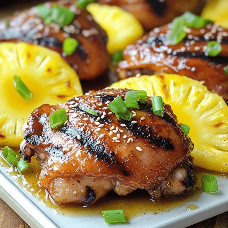 To make Huli Huli Chicken, gather the following items: - 4 chicken thighs, skin-on and bone-in - 1/4 cup soy sauce - 1/4 cup brown sugar - 1/4 cup pineapple juice - 2 tablespoons ketchup - 2 tablespoons apple cider vinegar - 1 tablespoon fresh ginger, grated - 2 cloves garlic, minced - 1 teaspoon sesame oil - 1 teaspoon ground black pepper - 1/4 teaspoon red pepper flakes (optional, for spice) - 2 green onions, chopped (for garnish) - Fresh pineapple slices (for grilling and garnish) You can add a few optional ingredients to make it your own. Consider adding some chili paste for more heat. If you like a sweeter taste, try using honey instead of brown sugar. Each serving of Huli Huli Chicken has about 350 calories. Here’s a breakdown of the main nutrients: - Protein: 24 grams - Carbohydrates: 30 grams - Fat: 18 grams This dish is not just tasty; it also provides a good mix of protein and carbs. Enjoy it with a side of veggies or rice for a complete meal. To make the marinade for Huli Huli Chicken, gather these ingredients: - 1/4 cup soy sauce - 1/4 cup brown sugar - 1/4 cup pineapple juice - 2 tablespoons ketchup - 2 tablespoons apple cider vinegar - 1 tablespoon fresh ginger, grated - 2 cloves garlic, minced - 1 teaspoon sesame oil - 1 teaspoon ground black pepper - 1/4 teaspoon red pepper flakes (optional) In a bowl, whisk together all the ingredients until smooth. This mix brings a sweet and tangy flavor to your chicken. For the best taste, let the chicken soak in the marinade. Use a large resealable bag or a shallow dish. Pour the marinade over the chicken, ensuring it is well coated. Seal the bag or cover the dish and place it in the fridge. Marinate for at least one hour. For deep flavor, marinate overnight. Preheat your grill to medium-high heat. If you use a charcoal grill, wait until the coals are mostly ashed over. While your grill heats up, slice fresh pineapple into rings. Grill these for about 2-3 minutes on each side until they show nice grill marks and caramelization. Remove the pineapple and set it aside. Now, take the chicken from the marinade and discard the marinade. Place the chicken skin-side down on the grill. Cook for 6-7 minutes. Then, flip the chicken and grill for another 6-8 minutes. The chicken is done when it has an internal temperature of 165°F (75°C). Always check with a meat thermometer to ensure safety. After cooking, let the chicken rest for about 5 minutes. This helps keep it juicy. Slice the chicken and serve it next to the grilled pineapple. Add chopped green onions on top for color and flavor. This method makes grilling simple and tasty. Enjoy your flavorful Huli Huli Chicken! For the complete recipe, check the Full Recipe. To get perfect grill marks on your chicken, follow these tips: - Preheat your grill: Always preheat your grill to medium-high heat. This step helps sear the chicken and lock in juices. - Don't move the chicken too soon: Place the chicken skin-side down and let it cook for 6-7 minutes without touching it. This wait time creates those beautiful grill marks. - Flip with care: Use tongs to flip the chicken without piercing it. This keeps the juices sealed inside. Now, keeping your chicken moist is key. Here’s how: - Marinate properly: Let your chicken soak in the marinade for at least an hour. The longer, the better. Overnight is best for flavor. - Use bone-in, skin-on chicken: These cuts keep the meat juicy as they cook. Skin adds flavor, too! - Rest the chicken: After grilling, let it rest for five minutes. This allows juices to redistribute, making every bite tender. If you want to mix things up, consider these alternatives: - Use different fruits: Mango or coconut can replace pineapple juice. They add a unique twist to the flavor. - Swap soy sauce: Tamari or coconut aminos work well for a gluten-free option. - Add heat: If you like spice, try adding sriracha or chili paste to the marinade. For dietary needs, here are some adjustments: - Low-sugar option: Use a sugar substitute like monk fruit or stevia in place of brown sugar. - Vegetarian choices: Use tofu or tempeh as a substitute for chicken. Marinate and grill them the same way. These tips can help you customize your Huli Huli chicken to fit your taste. For the full recipe, check out the complete instructions above! {{image_2}} You can make a Huli Huli-style dish using plant-based proteins like tofu or tempeh. To start, press the tofu for about 30 minutes to remove excess water. Cut it into thick slices or cubes. Marinate the tofu just like you would the chicken. The same marinade works great here. For cooking, you can grill or pan-fry the marinated tofu. If grilling, make sure the heat is medium-high. Cook the tofu for about 4-5 minutes on each side. This gives it a nice char while keeping it soft inside. Huli Huli Chicken comes from Hawaii and has many local twists. In some areas, people add local fruits like mango or papaya to the marinade. These fruits give the dish a fresh taste and a sweet touch. In other regions, cooks may use different types of meat, like pork or fish. Each version reflects the local culture and flavors. This dish shows how food can unite diverse communities while keeping the spirit of Huli Huli alive. To store leftover Huli Huli chicken, let it cool first. Place it in an airtight container. This keeps the chicken fresh. You can also wrap it tightly in foil or plastic wrap. Store it in the fridge. Eat it within three to four days for the best taste. When you reheat the chicken, use the oven or microwave. For the oven, preheat to 350°F (175°C). Place the chicken on a baking sheet. Heat for about 15-20 minutes. This keeps it juicy. If using a microwave, heat for 1-2 minutes on medium power. Check it often to avoid drying it out. If you want to freeze Huli Huli chicken, wrap it well. Use freezer-safe bags or containers. Remove as much air as possible. This helps prevent freezer burn. The chicken can last up to three months in the freezer. When ready to eat, defrost the chicken in the fridge overnight. This keeps it safe and tasty. You can also use the microwave on the defrost setting if you're in a hurry. After thawing, reheat it right away. Enjoy it within a few days for the best flavor and quality. "Huli Huli" means "turn, turn" in Hawaiian. This term reflects the cooking method. The chicken is turned often on the grill to cook evenly and create a tasty crust. This dish has roots in Hawaii. It started as a roadside food sold by local vendors. Now, it brings tropical flavor to many meals. Yes, you can! To make Huli Huli chicken in the oven, follow these steps: - Preheat your oven to 400°F (200°C). - Place marinated chicken on a baking sheet. - Bake for 35-40 minutes or until the chicken reaches 165°F (75°C). - For a nice finish, broil the chicken for 2-3 minutes to crisp the skin. This method gives you juicy chicken with a lovely glaze. Huli Huli chicken pairs well with many side dishes. Here are some tasty options: - Coconut rice - Grilled veggies - Macaroni salad - Pineapple coleslaw - Fresh fruit salad These sides complement the sweet and savory flavors of the chicken. For the detailed recipe for Huli Huli Chicken, check out the Full Recipe. It guides you step-by-step to create this delicious dish. In this blog post, we explored how to make Huli Huli Chicken, from the key ingredients to cooking tips. You learned about creating a tasty marinade and grilling methods. We also discussed variations for vegetarians and how to store leftovers safely. Remember, Huli Huli means turn turn, a nod to how you grill the chicken. Whether on the grill or in the oven, this dish is versatile and delicious. Enjoy experimenting with flavors to make it your own. Happy cooking!