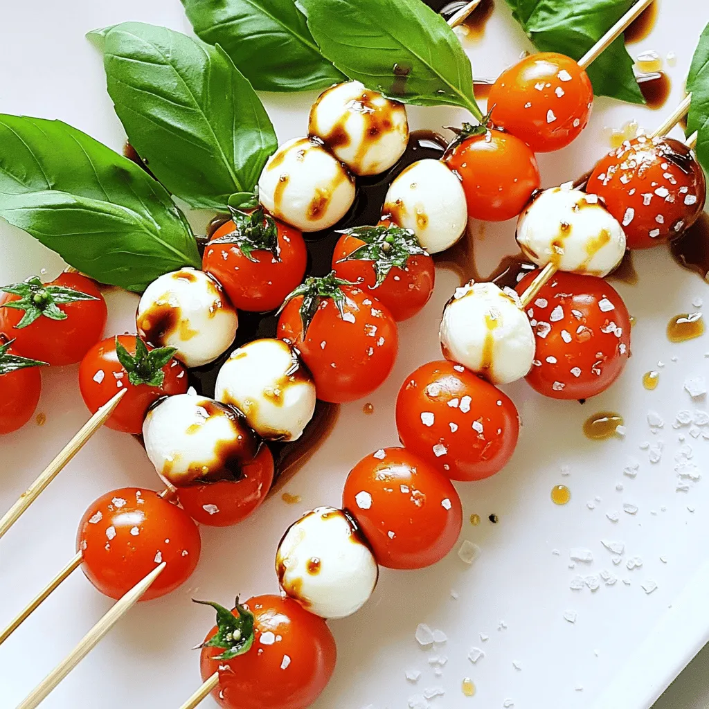- Cherry tomatoes - Fresh mozzarella balls (bocconcini) - Fresh basil leaves - Balsamic glaze - Extra virgin olive oil - Salt and pepper - Skewers or toothpicks To make Mini Caprese Skewers, you need a few simple ingredients. Cherry tomatoes are sweet and juicy. Fresh mozzarella balls, known as bocconcini, are creamy and soft. Fresh basil leaves add a fragrant touch. Balsamic glaze brings a sweet tang, while extra virgin olive oil gives richness. Salt and pepper enhance the flavors. Lastly, you’ll need skewers or toothpicks to hold everything together. - Cutting board - Knife - Serving plate - Measuring spoons You’ll need some basic tools to prepare these skewers. A cutting board helps in slicing the tomatoes and mozzarella. A knife is key for cutting. Use a serving plate to display your finished skewers. Measuring spoons can help when you drizzle oil or glaze. This setup makes the process smooth and easy. For the complete recipe, check out the [Full Recipe]. Start by rinsing the cherry tomatoes and basil leaves under cold water. This step keeps them fresh and clean. After rinsing, pat them dry with paper towels. A dry surface helps the skewers hold together better. Next, drain the mozzarella balls. Removing excess liquid ensures they won't make the skewers soggy. Now, it's time to assemble the skewers. Take a skewer or toothpick and thread on one cherry tomato first. Follow it with a fresh basil leaf. This adds a nice layer of flavor. Next, add one mozzarella ball onto the skewer. Repeat this process. Aim for a pattern of tomato, basil, and mozzarella. You can fit about three to four of each ingredient per skewer. This creates a beautiful and tasty skewer. Once you’ve filled all the skewers, arrange them on a serving plate. This makes them look appealing. Now, drizzle extra virgin olive oil over the skewers. This adds a rich flavor. Lightly sprinkle salt and pepper on top for taste. Finally, drizzle balsamic glaze over the skewers. This adds a sweet and tangy finish that elevates the dish. For the full recipe, check out [Full Recipe]. Enjoy your delicious Mini Caprese Skewers! To make great mini Caprese skewers, start with ripe tomatoes. Look for cherry tomatoes that feel firm and smell sweet. Their flavor adds brightness to your dish. Fresh mozzarella is also key. Choose small balls, known as bocconcini. They should feel soft and smooth. Check for the date on the package to ensure freshness. Lastly, fresh basil leaves should be bright green and fragrant. This adds a nice aroma and flavor to each bite. While putting the skewers together, keep the ingredients from sliding off. Use skewers or toothpicks that are sturdy and long enough to hold all your ingredients. Start with a cherry tomato, then add a basil leaf, and follow with a mozzarella ball. Repeat until the skewer is full, usually about three to four times. This way, every bite gets a mix of tomato, basil, and cheese. For even flavor, arrange your skewers in a way that each component is spaced out. When serving your mini Caprese skewers, choose a simple plate. A white plate makes the colors pop. You can also arrange the skewers in a fan shape or in a circle for a fun look. Drizzle the skewers with olive oil, salt, and pepper right before serving. A balsamic glaze at the end adds a sweet touch. This small detail makes your dish look gourmet. For a party, you can add small labels for each skewer to keep it fun and interactive. For the full recipe, check out the details above! {{image_2}} If you want to switch things up, try using burrata instead of mozzarella. Burrata has a creamy center that adds a rich taste. You can also use feta cheese for a salty kick. For a fun crunch, add some cucumber slices or bell pepper chunks. You can even add grilled chicken or shrimp for extra protein. This way, you create a whole new flavor profile! To boost the taste, consider adding a drizzle of pesto or a sprinkle of Italian herbs. A light touch of garlic powder can also elevate the dish. For seasonal flavors, use fresh figs or peaches in summer. In fall, try roasted butternut squash. These swaps can bring a whole new twist to your skewers. Make your skewers shine at any gathering. For a picnic, use a wooden board with fresh herbs around the skewers. For a holiday party, use colorful plates that match the theme. You can also serve them in a tall glass for a fun, vertical display. These presentation ideas turn simple skewers into a stunning centerpiece! To store leftover Mini Caprese Skewers, wrap them tightly in plastic wrap or place them in an airtight container. This keeps them fresh and prevents them from drying out. You can refrigerate them for up to three days. If you want to reheat, do so gently in the microwave for about 10 to 15 seconds. This warms them up without cooking the ingredients further. Mini Caprese Skewers can last for about three days in the fridge. Always check for signs of spoilage before eating. If the tomatoes look mushy or the mozzarella has a sour smell, it’s best to toss them. Fresh basil may brown or wilt, which signals it's time to discard the skewers. If you want to make these skewers in advance, prepare the ingredients a day ahead. Wash and dry the tomatoes and basil, and drain the mozzarella. Assemble the skewers the same day you plan to serve them for the best taste and freshness. If you must assemble them earlier, do so no more than six hours in advance. This helps keep the basil bright and the mozzarella fresh. For the full recipe, check out the earlier section. Mini Caprese Skewers last about three days in the fridge. To keep them fresh, store them in an airtight container. This helps prevent them from drying out. If you notice any moisture, dry the skewers lightly with a paper towel before sealing. Remember, the fresher the ingredients, the better they taste. Yes, you can make these skewers ahead of time. I recommend making them no more than a day before serving. This keeps the basil fresh and bright. If you make them too early, the basil may wilt. Store the skewers in the fridge, and drizzle the balsamic glaze right before serving. This adds that perfect touch of flavor. Mini Caprese Skewers pair well with many dishes. You can serve them with a fresh green salad. A light pasta dish also complements them nicely. For drinks, try pairing with white wine or sparkling water. These options enhance the fresh flavors of the skewers. Enjoy experimenting with different pairings! Mini Caprese skewers are simple yet delicious. This post covered the needed ingredients, tools, and steps to make them. We explored tips for choosing fresh items and ways to enhance flavor. I shared storage options and how to prep ahead for fresh skewers. In conclusion, these skewers make any gathering special. With a few tweaks, you can impress anyone. Enjoy crafting your Mini Caprese Skewers and delight in their fresh taste!