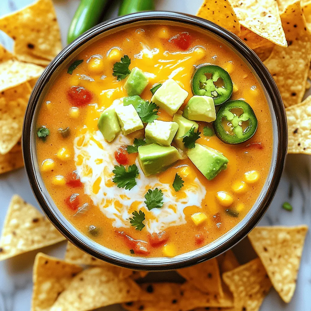 Here’s what you need to make this tasty slow cooker nacho soup: - 1 pound ground beef (or turkey) - 1 onion, diced - 2 cloves garlic, minced - 1 can (15 oz) black beans, rinsed and drained - 1 can (15 oz) corn, drained - 1 can (10 oz) diced tomatoes with green chilies - 1 can (8 oz) tomato sauce - 2 cups beef or chicken broth - 1 tablespoon taco seasoning - 1 teaspoon cumin - 2 cups shredded sharp cheddar cheese - 1 cup cream cheese, cubed - Salt and pepper to taste - Optional toppings: sliced jalapeños, diced avocado, fresh cilantro, tortilla chips Using these ingredients, you create a warm and rich soup. If you want a lighter option, you can swap the ground beef for turkey. The black beans and corn add fiber and sweetness. Diced tomatoes with green chilies give it a zesty kick. Feel free to customize your toppings. I like fresh cilantro and avocado for creaminess. Tortilla chips add a nice crunch too. You can find the full recipe in the main article to guide you through each step. - Brown the ground beef and drain fat: Start by heating a skillet over medium heat. Add the ground beef and break it apart with a spoon. Cook until it is no longer pink. Drain any fat and set the beef aside. - Sauté the onion and garlic: In the same skillet, add the diced onion and minced garlic. Sauté them for a few minutes until they are soft and clear. - Combine all ingredients in the slow cooker: Now, transfer the cooked beef, onions, and garlic to your slow cooker. Add the black beans, corn, diced tomatoes, tomato sauce, and broth. Mix everything well. - Cook on low for 4-6 hours or high for 2-3 hours: Cover the slow cooker and set it on low for 4 to 6 hours. If you’re in a hurry, you can set it on high for 2 to 3 hours. This lets all the flavors blend. - Add shredded cheese 30 minutes before serving: About half an hour before you want to serve, stir in the shredded cheddar cheese. This makes the soup creamy and rich. - Garnish with toppings: Once the soup is ready, serve it hot. You can add toppings like sliced jalapeños, diced avocado, fresh cilantro, and crispy tortilla chips. These add flavor and texture. - Suggested serving options: Serve this soup with a side of warm tortilla chips or a fresh salad. It makes a great meal for family or friends. For the detailed recipe, check out the Full Recipe. To make your slow cooker nacho soup perfect, stir the ingredients well. This helps all the flavors mix and cook evenly. Each slow cooker is different, so adjust the cooking time based on your model. If yours cooks fast, check the soup at 3 hours on high. If it’s slower, you may need 7 hours on low. Kick up the flavor by adding spices like chili powder or smoked paprika. You can also try some fresh herbs. Chopped cilantro or parsley can brighten the dish. If you like a bit of heat, sliced jalapeños are a great choice. Sometimes the soup may be too thick. If this happens, add a bit more broth or water. For saltiness, taste your soup first before adding more salt. If it’s too bland, add more taco seasoning or cumin. Adjust the spices slowly until you’re happy with the flavor. {{image_2}} For a vegetarian nacho soup, swap the ground beef for a plant-based meat. You can use lentils or mushrooms for texture and flavor. Replace the broth with vegetable broth for a fully meat-free dish. This keeps the taste rich and satisfying while being kinder to the planet. If you want a dairy-free version, use plant-based cheese and cream cheese. Almond or cashew cream can add creaminess without dairy. You can also skip the cheese entirely and add more beans or vegetables for a hearty bite. To make your nacho soup spicy, add diced jalapeños or a splash of hot sauce. If you like heat, consider using spicy taco seasoning instead. You can also mix in some diced green chiles for a flavor boost. For extra flavor, try adding ingredients like corn salsa or black olives. You can also mix in fresh herbs like cilantro or green onions just before serving. These additions give your soup a fresh twist and enhance the overall taste. When it comes to sides, tortilla chips are a classic choice. They add crunch and can be dipped in the soup. You might also enjoy some warm, crusty bread on the side for a cozy meal. For gatherings, consider serving the soup in individual bowls with a topping bar. Let guests add their favorite toppings like avocado, cheese, or sour cream. This makes it fun and allows everyone to customize their bowl. Check out the Full Recipe for more details on making this dish. To store leftover nacho soup, let it cool first. Then, place it in an airtight container. Ensure the lid seals tightly to keep out air. Leftover soup lasts about three to four days in the fridge. Always label your container with the date you stored it. This helps you track freshness. Freezing nacho soup is simple. First, cool the soup completely. Then, pour it into freezer-safe containers or bags. Leave some space at the top for expansion. You can freeze it for up to three months. When ready to eat, thaw the soup overnight in the fridge. For reheating frozen soup, the best method is to use the stove. Pour the soup into a pot and heat it slowly over low heat. Stir often to help it heat evenly. You can also use the microwave, but make sure to stir it halfway through. When reheating nacho soup, use a pot on the stove for the best flavor. Heat it on low and stir frequently. If using a microwave, heat in short bursts. This helps avoid cooking it too fast. To keep flavors fresh, taste the soup before serving. You may want to add a bit more cheese or spices. Adjusting the seasoning can bring back its vibrant taste. Enjoy your soup warm with your favorite toppings from the Full Recipe! To make slow cooker nacho soup vegetarian, swap the ground beef for a plant-based meat. You can use lentils, black beans, or a veggie mix. Replace the beef broth with vegetable broth for a rich flavor. This keeps the soup hearty and tasty. Yes, you can use different cheeses! Monterey Jack gives a nice melt. Pepper Jack adds heat. For a sharper taste, try gouda or a mix of cheeses. Just ensure the cheese melts well in the soup. To thicken your slow cooker nacho soup, add cornstarch mixed with cold water. Stir this mixture in about 30 minutes before serving. You can also mash some beans or add more cream cheese for a creamy texture. Many sides pair well with nacho soup. Try crispy tortilla chips for crunch. A fresh salad or guacamole complements the soup nicely. You can also serve it with warm bread for a filling meal. To adjust the spice level, add or reduce jalapeños. For milder soup, remove the seeds. You can also use mild salsa or skip the chili peppers altogether. If you want it spicier, add hot sauce or extra taco seasoning. You learned how to make a delicious slow cooker nacho soup. We covered key ingredients and simple steps. Plus, I shared tips and tasty variations to suit your taste. You can enjoy this dish in many ways, from spicy versions to vegetarian options. Remember to store leftovers properly for later. Nacho soup is great for gatherings or cozy meals at home. Try it out and make it your own!