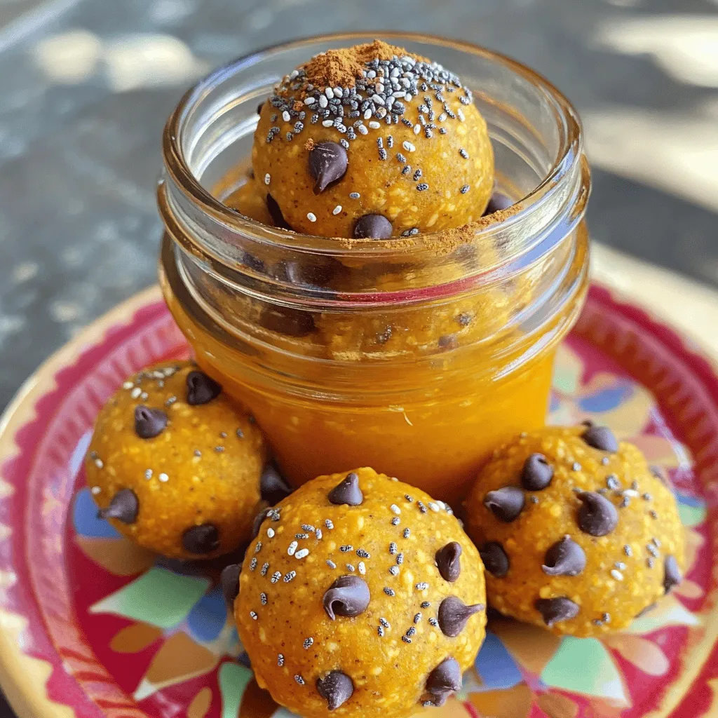 To make delicious pumpkin spice energy bites, you need a few simple ingredients. These items pack flavor and nutrition into each bite. - Rolled oats: 1 cup - Pumpkin puree: ½ cup - Almond butter (or peanut butter): ½ cup - Sweetener: ¼ cup of honey or maple syrup - Spices: 1 teaspoon pumpkin pie spice, ¼ teaspoon cinnamon - Chia seeds: 1 tablespoon - Optional mix-ins: ¼ cup chopped walnuts or pecans, ¼ cup mini chocolate chips Each ingredient plays a key role: - Rolled oats give the bites a hearty base. They provide energy and fiber. - Pumpkin puree adds moisture and a rich, seasonal flavor. It’s full of vitamins. - Almond or peanut butter binds everything together. It adds healthy fats and protein. - Sweetener balances the flavors. Choose honey for a floral note or maple syrup for warmth. - Spices bring the pumpkin pie taste alive. They warm your senses and add depth. - Chia seeds add crunch and omega-3s, making these bites even healthier. - Optional mix-ins like walnuts or pecans add texture. Mini chocolate chips can sweeten the deal. With these ingredients, you will create a tasty and healthy snack. For the full recipe, check out the detailed steps in the next section. First, grab a big mixing bowl. Combine the rolled oats, pumpkin puree, almond butter, and sweetener. Use a spatula or spoon to mix until smooth. Make sure everything blends well. Next, stir in the pumpkin pie spice, cinnamon, chia seeds, and any optional ingredients like nuts. This adds flavor and texture. Mix until all ingredients are fully incorporated. Now, it’s time to roll the mixture into bites. Take a small amount of the mixture in your hands. Roll it into a ball about one inch in size. Place each ball on a baking sheet lined with parchment paper. This keeps them from sticking. Keep rolling until you finish the mixture. To make the bites firm, refrigerate them for about 30 minutes. This step is key. It helps them hold their shape when you eat them. After chilling, you can enjoy your tasty Pumpkin Spice Energy Bites! Store them in an airtight container in the fridge. They stay fresh for a week. To roll your energy bites, keep your hands slightly damp. This helps the mixture stick less. Wet hands make shaping the bites easy. Each bite should be about one inch wide. If they stick, add a little water to your hands. You can boost the flavor with more spices. Try adding a pinch of nutmeg or ginger. These spices will give a nice kick. You can also swap almond butter for sunflower seed butter if you want. This change is great for nut-free diets. Want a crunch? Add sunflower seeds or pumpkin seeds. Present your energy bites in a fun way! You can use a cute mason jar or a bright plate. Sprinkle a little extra pumpkin pie spice on top to make them pop. This adds color and makes them look fancy! Pair them with fresh fruit for a lovely snack spread. {{image_2}} To make these bites gluten-free, use certified gluten-free rolled oats. These oats ensure no cross-contamination occurs. You can also swap regular oats for quinoa flakes. They provide a nice texture and stay gluten-free. To make the bites vegan-friendly, replace honey with maple syrup or agave nectar. Both sweeteners are plant-based, perfect for vegans. Ensure your almond or peanut butter is also vegan. This small change makes a big difference. You can play around with flavors to keep things exciting. Try adding cocoa powder for a chocolate twist. You can also mix in shredded coconut for a tropical vibe. Both additions enhance taste while staying healthy. Feel free to explore and find your favorite flavor! For the full recipe, check out the complete list of ingredients and steps. To keep your pumpkin spice energy bites fresh, store them in an airtight container. Place them in the refrigerator. This helps maintain their taste and texture. Make sure to separate layers with parchment paper if stacking. Avoid leaving them out at room temperature for too long, as this can affect their quality. You can freeze these bites for longer storage. First, place them on a baking sheet in a single layer. Freeze them for about an hour. Once frozen, transfer the bites to a freezer-safe bag or container. Label the bag with the date. To thaw, simply move them to the fridge for a few hours or overnight. You can also leave them out for about 30 minutes before eating. In the fridge, pumpkin spice energy bites last about a week. If you freeze them, they stay good for up to three months. Just remember to check for any signs of freezer burn before eating. This way, you can enjoy your tasty snacks at their best! Yes, you can make pumpkin spice energy bites without nuts. If you want a nut-free option, use sunflower seed butter instead of almond butter. You can also try tahini. Both options work well as binding agents and keep the bites moist. They add a nutty flavor without actual nuts. When stored properly, these energy bites last about a week in the fridge. Keep them in an airtight container to maintain freshness. You can also freeze them for up to three months. Just make sure to thaw them in the fridge before enjoying them again. Absolutely! You can swap almond butter with peanut butter or sunflower seed butter. If you're out of honey, maple syrup works great too. For added sweetness, use agave syrup. Just remember, each substitute might change the flavor slightly, but it can be fun to experiment! These pumpkin spice energy bites are easy and fun to make. You only need simple ingredients, like rolled oats and pumpkin puree, to start. I shared step-by-step instructions and tips for rolling and flavoring. Variations for gluten-free and vegan options expand your choices. Remember to store them properly to keep them fresh for longer. These bites are tasty treats that fit into many diets. Enjoy making and snacking on these nutritious bites anytime!