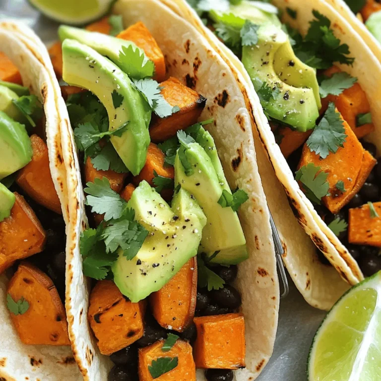To make sweet potato black bean tacos, gather these simple ingredients: - 2 medium sweet potatoes, peeled and diced - 1 can (15 oz) black beans, rinsed and drained - 1 tablespoon olive oil - 1 teaspoon ground cumin - 1 teaspoon chili powder - 1/2 teaspoon smoked paprika - Salt and pepper to taste - 8 corn tortillas - 1 avocado, sliced - 1/4 cup fresh cilantro, chopped - Lime wedges, for serving These tacos are not just tasty; they are also healthy. Sweet potatoes provide fiber, vitamins A and C, and potassium. Black beans add protein and more fiber. Together, they create a balanced meal. Each taco is low in calories but high in nutrients. You can enjoy these tacos without guilt! Choosing the best ingredients makes a big difference in flavor. Here’s how to find fresh produce: - Sweet Potatoes: Look for firm, smooth skin. Avoid any with soft spots or blemishes. - Black Beans: Check the can for dents or leaks. Rinsing them removes extra sodium. - Avocado: Pick avocados that are slightly soft but not mushy. They should yield to gentle pressure. - Cilantro: Choose bright green leaves. Avoid yellow or wilted ones. Fresh cilantro gives great flavor. Using high-quality ingredients ensures tasty tacos. For the full recipe, check the instructions above. To start, you need two medium sweet potatoes. Peel them and dice them into small cubes. This helps them cook evenly. Preheat your oven to 400°F (200°C). In a bowl, toss the sweet potato cubes with one tablespoon of olive oil. Add one teaspoon of ground cumin, one teaspoon of chili powder, and half a teaspoon of smoked paprika. Sprinkle in some salt and pepper to taste. Make sure all the pieces are well-coated. Next, spread the sweet potatoes in a single layer on a baking sheet. Roast them in the oven for 25 to 30 minutes. Stir them halfway through cooking. You want them tender and slightly caramelized for the best flavor. While the sweet potatoes roast, it's time to heat the black beans. Open a can of black beans and rinse them well. Drain the beans to remove excess liquid. In a small saucepan, add the beans with a pinch of salt and pepper. Heat them over low heat, stirring occasionally. This should take about 5 to 7 minutes. You want them warmed through but not mushy. Once the sweet potatoes and black beans are ready, grab your corn tortillas. Warm them on a skillet for about 30 seconds on each side. This makes them soft and pliable. Now, it’s time to build your tacos! Start by spooning the roasted sweet potatoes onto each tortilla. Then, add a generous scoop of the black beans. Top them off with sliced avocado and chopped cilantro. A squeeze of fresh lime juice adds a bright touch. Serve your tacos right away, and enjoy this full-flavored meal. For the complete recipe, check out the [Full Recipe]. I like to roast sweet potatoes for the best flavor. Roasting brings out their natural sweetness. For this recipe, I preheat the oven to 400°F (200°C). I dice the sweet potatoes into even pieces. This helps them cook evenly. Toss the diced sweet potatoes with olive oil and spices. Then, spread them on a baking sheet. Roast for 25-30 minutes, flipping halfway through. This gives them a nice golden color. Seasoning is key to making these tacos pop. I use ground cumin, chili powder, and smoked paprika. These spices add warmth and depth. I also sprinkle salt and black pepper for balance. If you want a kick, add cayenne pepper. Don’t forget the lime juice! A squeeze of fresh lime adds brightness. You can also top your tacos with fresh cilantro for a burst of flavor. Corn tortillas are my go-to choice for these tacos. They have a nice texture and flavor. I warm them on a skillet for a few seconds on each side. This makes them soft and pliable, perfect for filling. You can also try flour tortillas if you prefer. For a gluten-free option, look for corn tortillas labeled gluten-free. These will hold up well under the sweet potato and black bean filling. Check out the Full Recipe for more details! {{image_2}} You can easily keep this meal vegan. The ingredients already fit the bill. Use plant-based toppings like avocado and cilantro. You can also add vegan cheese for creaminess. It melts well and tastes great. If you need gluten-free options, corn tortillas are perfect. They are naturally gluten-free and hold up well. You can also try lettuce wraps. They give a fresh crunch and are super light. Just make sure to check labels when buying ingredients. Get creative with toppings! Try adding pickled onions for tang. They add a nice crunch and flavor. You can also use fresh jalapeños if you like heat. Another option is a dollop of sour cream or Greek yogurt. Both add creaminess without overpowering the tacos. For a burst of flavor, try adding salsa or hot sauce. It adds zest and pairs well with sweet potatoes. You can find many easy recipes for these toppings. Check them out to make your tacos even better. For the complete recipe, refer to the Full Recipe section. If you have some tacos left, storing them is easy. Place the tacos in an airtight container. You can keep them in the fridge for up to three days. If you used a lot of toppings, consider storing those separately. This keeps everything fresh and tasty. To reheat, you can use the oven or microwave. If using the oven, preheat it to 350°F (175°C). Wrap the tacos in foil and heat for about 10-15 minutes. If you’re in a hurry, the microwave works too. Heat them on a plate for 30 seconds to 1 minute. Check to make sure they are warm all the way through. Freezing tacos is a great idea for meal prep. Wrap each taco tightly in plastic wrap. Then, place them in a freezer-safe bag. They can last up to three months in the freezer. When you are ready to eat, thaw them overnight in the fridge. Reheat as mentioned earlier. Enjoy your delicious tacos any day! For the full recipe, check out Sweet Potato Black Bean Tacos. Yes, you can prepare many parts in advance. Roast the sweet potatoes and heat the black beans. Store them in separate containers in the fridge. When you’re ready to eat, warm them up. Assemble the tacos with fresh tortillas, avocado, and cilantro right before serving. This keeps everything fresh and tasty. To change the spice level, you can add more or less chili powder. For a milder taste, reduce the chili powder to half a teaspoon. You can also add fresh jalapeños or hot sauce if you like it spicy. Taste as you go, and adjust to your liking. Great sides for these tacos include a simple green salad or Mexican rice. You could also serve corn on the cob or a fresh salsa. All these options add color and flavor to your meal. For a refreshing drink, try a lime-infused water or a light Mexican beer. These pair well with the sweet and savory flavors of the tacos. If you want more ideas, check out the Full Recipe for other tasty options. Sweet potato black bean tacos are easy to make and packed with flavor. We discussed the best ingredients, cooking methods, and fun variations. You can choose fresh ingredients for a tasty meal or store leftovers for later. With simple tips, you can adjust spice levels and serve great sides. Try these tacos today for a healthy and filling dish. Enjoy cooking and sharing these delicious meals with others!