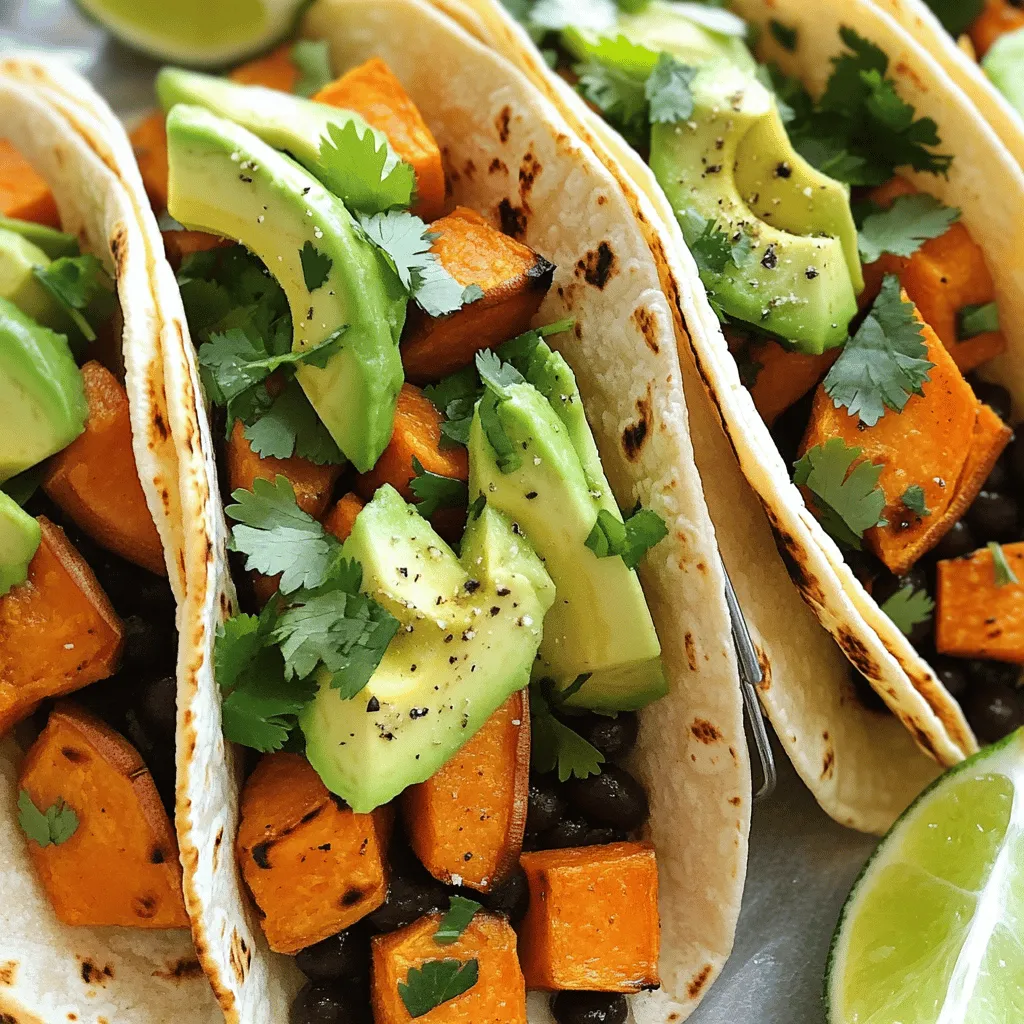 To make sweet potato black bean tacos, gather these simple ingredients: - 2 medium sweet potatoes, peeled and diced - 1 can (15 oz) black beans, rinsed and drained - 1 tablespoon olive oil - 1 teaspoon ground cumin - 1 teaspoon chili powder - 1/2 teaspoon smoked paprika - Salt and pepper to taste - 8 corn tortillas - 1 avocado, sliced - 1/4 cup fresh cilantro, chopped - Lime wedges, for serving These tacos are not just tasty; they are also healthy. Sweet potatoes provide fiber, vitamins A and C, and potassium. Black beans add protein and more fiber. Together, they create a balanced meal. Each taco is low in calories but high in nutrients. You can enjoy these tacos without guilt! Choosing the best ingredients makes a big difference in flavor. Here’s how to find fresh produce: - Sweet Potatoes: Look for firm, smooth skin. Avoid any with soft spots or blemishes. - Black Beans: Check the can for dents or leaks. Rinsing them removes extra sodium. - Avocado: Pick avocados that are slightly soft but not mushy. They should yield to gentle pressure. - Cilantro: Choose bright green leaves. Avoid yellow or wilted ones. Fresh cilantro gives great flavor. Using high-quality ingredients ensures tasty tacos. For the full recipe, check the instructions above. To start, you need two medium sweet potatoes. Peel them and dice them into small cubes. This helps them cook evenly. Preheat your oven to 400°F (200°C). In a bowl, toss the sweet potato cubes with one tablespoon of olive oil. Add one teaspoon of ground cumin, one teaspoon of chili powder, and half a teaspoon of smoked paprika. Sprinkle in some salt and pepper to taste. Make sure all the pieces are well-coated. Next, spread the sweet potatoes in a single layer on a baking sheet. Roast them in the oven for 25 to 30 minutes. Stir them halfway through cooking. You want them tender and slightly caramelized for the best flavor. While the sweet potatoes roast, it's time to heat the black beans. Open a can of black beans and rinse them well. Drain the beans to remove excess liquid. In a small saucepan, add the beans with a pinch of salt and pepper. Heat them over low heat, stirring occasionally. This should take about 5 to 7 minutes. You want them warmed through but not mushy. Once the sweet potatoes and black beans are ready, grab your corn tortillas. Warm them on a skillet for about 30 seconds on each side. This makes them soft and pliable. Now, it’s time to build your tacos! Start by spooning the roasted sweet potatoes onto each tortilla. Then, add a generous scoop of the black beans. Top them off with sliced avocado and chopped cilantro. A squeeze of fresh lime juice adds a bright touch. Serve your tacos right away, and enjoy this full-flavored meal. For the complete recipe, check out the [Full Recipe]. I like to roast sweet potatoes for the best flavor. Roasting brings out their natural sweetness. For this recipe, I preheat the oven to 400°F (200°C). I dice the sweet potatoes into even pieces. This helps them cook evenly. Toss the diced sweet potatoes with olive oil and spices. Then, spread them on a baking sheet. Roast for 25-30 minutes, flipping halfway through. This gives them a nice golden color. Seasoning is key to making these tacos pop. I use ground cumin, chili powder, and smoked paprika. These spices add warmth and depth. I also sprinkle salt and black pepper for balance. If you want a kick, add cayenne pepper. Don’t forget the lime juice! A squeeze of fresh lime adds brightness. You can also top your tacos with fresh cilantro for a burst of flavor. Corn tortillas are my go-to choice for these tacos. They have a nice texture and flavor. I warm them on a skillet for a few seconds on each side. This makes them soft and pliable, perfect for filling. You can also try flour tortillas if you prefer. For a gluten-free option, look for corn tortillas labeled gluten-free. These will hold up well under the sweet potato and black bean filling. Check out the Full Recipe for more details! {{image_2}} You can easily keep this meal vegan. The ingredients already fit the bill. Use plant-based toppings like avocado and cilantro. You can also add vegan cheese for creaminess. It melts well and tastes great. If you need gluten-free options, corn tortillas are perfect. They are naturally gluten-free and hold up well. You can also try lettuce wraps. They give a fresh crunch and are super light. Just make sure to check labels when buying ingredients. Get creative with toppings! Try adding pickled onions for tang. They add a nice crunch and flavor. You can also use fresh jalapeños if you like heat. Another option is a dollop of sour cream or Greek yogurt. Both add creaminess without overpowering the tacos. For a burst of flavor, try adding salsa or hot sauce. It adds zest and pairs well with sweet potatoes. You can find many easy recipes for these toppings. Check them out to make your tacos even better. For the complete recipe, refer to the Full Recipe section. If you have some tacos left, storing them is easy. Place the tacos in an airtight container. You can keep them in the fridge for up to three days. If you used a lot of toppings, consider storing those separately. This keeps everything fresh and tasty. To reheat, you can use the oven or microwave. If using the oven, preheat it to 350°F (175°C). Wrap the tacos in foil and heat for about 10-15 minutes. If you’re in a hurry, the microwave works too. Heat them on a plate for 30 seconds to 1 minute. Check to make sure they are warm all the way through. Freezing tacos is a great idea for meal prep. Wrap each taco tightly in plastic wrap. Then, place them in a freezer-safe bag. They can last up to three months in the freezer. When you are ready to eat, thaw them overnight in the fridge. Reheat as mentioned earlier. Enjoy your delicious tacos any day! For the full recipe, check out Sweet Potato Black Bean Tacos. Yes, you can prepare many parts in advance. Roast the sweet potatoes and heat the black beans. Store them in separate containers in the fridge. When you’re ready to eat, warm them up. Assemble the tacos with fresh tortillas, avocado, and cilantro right before serving. This keeps everything fresh and tasty. To change the spice level, you can add more or less chili powder. For a milder taste, reduce the chili powder to half a teaspoon. You can also add fresh jalapeños or hot sauce if you like it spicy. Taste as you go, and adjust to your liking. Great sides for these tacos include a simple green salad or Mexican rice. You could also serve corn on the cob or a fresh salsa. All these options add color and flavor to your meal. For a refreshing drink, try a lime-infused water or a light Mexican beer. These pair well with the sweet and savory flavors of the tacos. If you want more ideas, check out the Full Recipe for other tasty options. Sweet potato black bean tacos are easy to make and packed with flavor. We discussed the best ingredients, cooking methods, and fun variations. You can choose fresh ingredients for a tasty meal or store leftovers for later. With simple tips, you can adjust spice levels and serve great sides. Try these tacos today for a healthy and filling dish. Enjoy cooking and sharing these delicious meals with others!