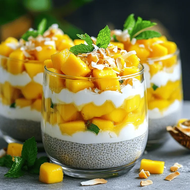 To make Mango Coconut Chia Pudding, gather these simple ingredients: - 1 cup coconut milk - 1/2 cup almond milk - 1/4 cup chia seeds - 2 tablespoons maple syrup (or honey) - 1 ripe mango, diced - 1/2 teaspoon vanilla extract - Pinch of salt - Toasted coconut flakes (for garnish) - Fresh mint leaves (for garnish) These ingredients combine to create a rich and creamy pudding. Coconut milk gives a tropical taste, while almond milk adds a light touch. Chia seeds are small but mighty, thickening the pudding and providing fiber. Each serving of this pudding contains about 200 calories. Chia seeds are packed with omega-3 fatty acids, protein, and fiber. They help keep you full and support heart health. Mango adds vitamins A and C, promoting skin health. Coconut milk offers healthy fats, good for energy. To whip up this tasty treat, you need: - Mixing bowl - Whisk - Measuring cups and spoons - Plastic wrap or lid - Serving glasses or bowls These tools make the process easy and fun. You will mix, chill, and serve with style. For the full recipe, check the instructions after gathering your ingredients! To start, gather your ingredients. In a mixing bowl, combine: - 1 cup coconut milk - 1/2 cup almond milk - 2 tablespoons maple syrup (or honey) - 1/2 teaspoon vanilla extract - Pinch of salt Whisk these together until smooth. The coconut milk gives a rich flavor. The almond milk adds a light touch. The sweetener brings out the taste of the mango. Next, add 1/4 cup of chia seeds to the bowl. Stir well to make sure the seeds mix evenly in the liquid. This step is key. The chia seeds will soak up the liquid and create that creamy texture we love. Once mixed, cover the bowl tightly with plastic wrap or a lid. Place it in the fridge. You need to chill it for about 4 hours or overnight. If you want the best texture, overnight chilling is ideal. The longer it sits, the thicker it gets. Tip: If you are short on time, at least let it chill for 4 hours. This helps the chia seeds plump up nicely. When ready to serve, take out the chia pudding. Stir it well to break any clumps that may have formed. Now, it’s time to layer! In serving bowls or glasses, add a layer of the chia pudding. Top it with diced mango for that tropical vibe. You can use about 1 ripe mango, diced. For the finishing touch, sprinkle on some toasted coconut flakes and add a few fresh mint leaves. This not only looks beautiful but adds extra flavor. Serve it in clear glasses to show off those lovely layers. For the full recipe, check the earlier section. Enjoy your healthy and flavorful treat! To get the best texture, soak your chia seeds well. Use a 1:4 ratio of chia seeds to liquid. This means for every 1/4 cup of seeds, use 1 cup of coconut milk and almond milk. Stir the seeds into the liquid right away to help them spread out. If they clump together, you won’t get that smooth pudding texture. After soaking, stir it again to break up any clumps. Want to boost the taste? You can add spices like cinnamon or nutmeg. A dash of cardamom also works great. If you want a different sweet flavor, try using agave syrup instead of maple syrup or honey. Each sweetener brings its own flavor, so feel free to experiment! Make your pudding shine with smart serving ideas. Use clear glass cups to show off the lovely layers of mango and pudding. This makes it look fancy! You can also add extra mango slices on top for a colorful touch. A sprinkle of toasted coconut flakes adds texture and flair. Use fresh mint leaves for a pop of green, too. {{image_2}} You can mix up your mango coconut chia pudding with other fruits. Pineapple adds a sweet and tangy taste. You could also use papaya for a smooth texture. Berries like strawberries or blueberries give a nice pop of color. Try different combinations based on what fruits you like or have on hand. Seasonal fruits are a great choice too. In spring, use fresh berries. In fall, consider apples or pears. This keeps your pudding exciting and fresh. You can choose different types of milk for your pudding. Coconut milk gives a rich flavor, but you can also try almond milk for a lighter taste. Oat milk is another great choice, especially if you want something creamy. If you prefer dairy, whole milk or cream can work well too. Each milk type changes the flavor and texture a bit. Find what you enjoy most and mix it into your recipe. Sweetness can be adjusted to fit your taste. If you want it sugar-free, skip the maple syrup. Instead, use ripe bananas or unsweetened applesauce. These options keep it sweet without added sugar. You can also use natural sweeteners like agave syrup or stevia. Each choice offers a unique flavor, so feel free to experiment. Finding the right sweetness can make your pudding just how you like it. Mango coconut chia pudding lasts about five days in the fridge. Store it in airtight containers to keep it fresh. Glass jars or plastic containers work well for this. Make sure to cover the pudding tightly to avoid it drying out. You can freeze chia pudding, but it may change texture. For best results, freeze it in individual servings. When you want to eat it, thaw it overnight in the fridge. If you need it faster, you can place it in cold water for a quicker thaw. Leftover chia pudding is versatile. You can blend it into smoothies for added creaminess. Mix it with yogurt or oatmeal for breakfast. You can also use it as a topping for pancakes or waffles. The options are endless, so get creative! Mango Coconut Chia Pudding needs at least 4 hours to set. I often let it sit overnight. This time allows the chia seeds to absorb liquid and swell. They form a thick, creamy texture that is simply delightful. If you want a quick treat, keep in mind that shorter chilling times may yield a thinner pudding. Yes, you can make this pudding ahead of time! I love preparing it the night before. Store it in an airtight container in the fridge. This pudding stays fresh for up to 5 days. Just give it a stir before serving. You can also add fresh mango and toppings right before you enjoy it. Absolutely! This recipe is naturally gluten-free. Chia seeds, coconut milk, and mango do not contain gluten. If you use maple syrup or honey as a sweetener, they are also gluten-free. Always check labels if you have strict dietary needs. Enjoy this treat worry-free! For the complete recipe, refer to the Full Recipe section. This blog post covered the key ingredients, steps, and tips for making Mango Coconut Chia Pudding. You learned about the health benefits of chia seeds, how to enhance flavors, and ways to store the pudding. Remember, this recipe is flexible. Feel free to try different fruits and milk types. You can also adjust sweetness to fit your taste. Enjoy creating a delicious and healthy dessert that can impress anyone! Your culinary adventure starts here, and I hope you have fun experimenting in the kitchen!