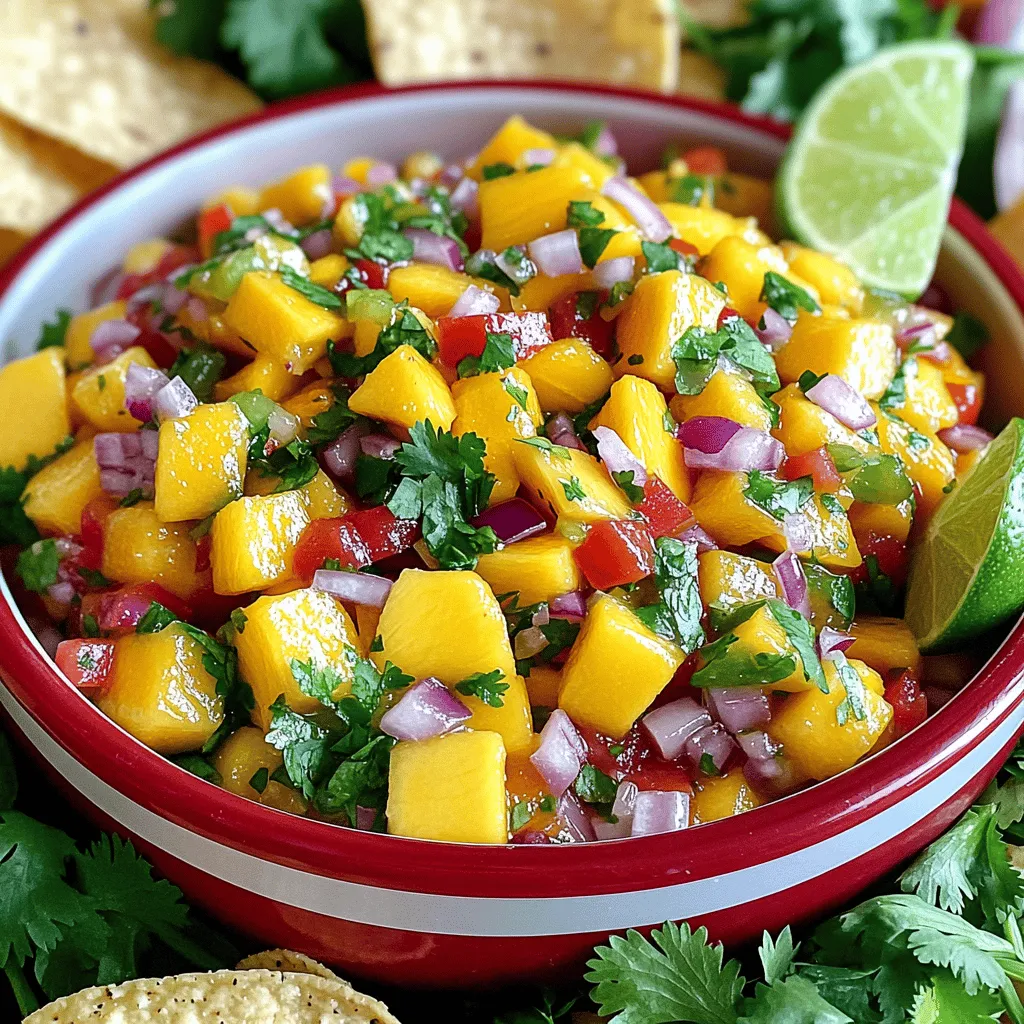 Using fresh ingredients makes mango salsa shine. Ripe mangoes bring sweetness. They add a bright color and juicy texture. Red bell pepper adds crunch and a hint of sweetness. A small red onion gives a sharp bite. Jalapeño pepper brings heat. You can adjust it based on your taste. Fresh cilantro adds a burst of flavor. The lime juice adds tanginess. Each ingredient works together to create a balanced taste. Here is what you need to make this salsa: - 2 ripe mangoes, diced - 1 red bell pepper, diced - 1 small red onion, finely chopped - 1 jalapeño pepper, minced (remove seeds for less heat) - 1/4 cup fresh cilantro, chopped - Juice of 2 limes - Salt and pepper to taste These ingredients form the base of your salsa. They create a fresh, vibrant mix that will brighten any meal. You can customize your salsa with some fun add-ins. Here are a few ideas: - 1 tablespoon honey (optional, for added sweetness) - Diced avocado for creaminess - A pinch of cumin for warmth - Chopped tomatoes for extra juiciness These optional ingredients can enhance the salsa. Try different combinations to find your favorite mix. Get creative! To start, gather all your ingredients. You need: - 2 ripe mangoes, diced - 1 red bell pepper, diced - 1 small red onion, finely chopped - 1 jalapeño pepper, minced (remove seeds for less heat) - 1/4 cup fresh cilantro, chopped - Juice of 2 limes - 1 tablespoon honey (optional, for added sweetness) - Salt and pepper to taste First, chop the mangoes into small cubes. Use a sharp knife for neat cuts. Next, add the finely chopped red onion and diced red bell pepper to the bowl. This adds color and crunch to your salsa. After preparing your ingredients, it’s time to mix. Add the minced jalapeño to your bowl. Be careful with the amount; it can make your salsa spicy. If you like less heat, remove the seeds before chopping. Now, sprinkle the fresh cilantro over everything. Cilantro brings a bright flavor that pairs well with mango. Squeeze the juice of two limes directly into the bowl. The lime adds zest and freshness. If you want some sweetness, drizzle in the honey. Now, season the mix with salt and pepper. This step is key for enhancing flavors. Gently toss everything together with a spatula. Be careful not to mash the mango; you want it to stay chunky. Let your salsa sit for at least 10 minutes. This resting time allows the flavors to blend. If you want a stronger taste, let it sit longer, up to an hour. Serve your mango salsa in a colorful bowl. Garnish with a few cilantro leaves and some lime wedges. This makes it look inviting. Pair it with tortilla chips or use it as a topping for grilled fish or chicken. This salsa is a fresh burst of flavor that you can enjoy anytime! For the full recipe, refer back to the earlier section. To make great mango salsa, you need ripe mangoes. Look for mangoes that feel soft to the touch but are not mushy. They should have a sweet aroma too. The skin color can vary, but the best ones usually have a mix of red and green. Try to choose Tommy Atkins or Haden mangoes for the best flavor. Mango salsa needs a balance of sweetness, heat, and acidity. The ripe mangoes bring sweetness, while lime juice adds tang. The red onion and jalapeño bring sharpness and heat. Taste the salsa after mixing. If it’s too sweet, add more lime juice. If you want more heat, add extra jalapeño. Adjust the flavors until it feels just right. For the best experience, serve mango salsa fresh. Use a colorful bowl to show off the vibrant colors. Garnish with extra cilantro or lime wedges for a nice touch. Mango salsa pairs well with tortilla chips as a dip. You can also top grilled chicken or fish for a tasty meal. Enjoy it at barbecues or picnics for a refreshing treat. Check the [Full Recipe] for details on making this dish! {{image_2}} You can easily spice up your mango salsa. If you love heat, add more jalapeño. Keep the seeds for extra kick. You can also use diced serrano peppers. These peppers pack a punch and add a nice flavor. If you want it milder, reduce the jalapeño. You can even leave it out. Adding a dash of hot sauce is another option. Just remember to taste as you go! Mixing in other fruits can create a fun twist. Try adding diced pineapple for a sweet touch. Chopped kiwi can add a tangy bite. You may also like to use diced papaya. It brings a nice sweetness that pairs well with mango. For a berry twist, add some diced strawberries. They will add color and a fresh taste. The key is to balance the flavors with the mango. If you want a low-sugar option, skip the honey. The natural sweetness of ripe mango is enough. You can also replace lime juice with lemon juice. This keeps the flavor bright without extra sugar. For a healthy twist, use avocado. It adds creaminess and good fats. You can mix avocado with the salsa right before serving. This keeps it fresh and vibrant. These simple swaps let you enjoy mango salsa guilt-free. For a full recipe, check out the Mango Fiesta Salsa. It has all the details you need to get started! To keep your mango salsa fresh, store it in an airtight container. I recommend using glass or BPA-free plastic. This helps prevent air from getting in and keeps it tasty. Always put the container in the fridge right after you make it. The cold slows down spoilage, keeping your salsa vibrant and fresh. You can freeze mango salsa, but it may change in texture. If you want to freeze it, use a freezer-safe container. Leave some space at the top for expansion. When you're ready to use it, thaw it in the fridge. Use it within three months for best flavor. Fresh mango salsa lasts about three days in the fridge. After that, the flavors start to fade, and it can get watery. Always check for any off smells or changes in color before eating leftovers. If it looks or smells funny, it's best to throw it away. Enjoy your fresh mango salsa within a few days for the best taste! You can enjoy mango salsa with many dishes. It goes great with grilled chicken or fish. The sweetness of the mango balances the savory taste of the meat. You can also serve it with tortilla chips for a fun snack. Try it on tacos or nachos for a burst of flavor. It makes a perfect topping for shrimp or fish tacos. The bright colors and flavors will impress your guests. Mango salsa stays fresh for about 2 to 3 days in the fridge. After that, the ingredients may start to lose their crunch. To keep it fresh, store it in an airtight container. Make sure to use a clean spoon when serving. If you see any liquid forming at the bottom, stir it gently before serving. This helps mix the flavors back together. Yes, you can use frozen mango for this recipe. Just make sure to thaw it first. Pat it dry with a paper towel to remove any excess moisture. This helps keep your salsa from getting too watery. Frozen mango can be just as sweet as fresh mango. It’s a great option when fresh mangoes are not in season. For the full recipe, check the details above. In this post, we explored how to make mango salsa from start to finish. Fresh ingredients are key for vibrant flavor. We covered each step and offered tips to enhance taste. I shared options for variations and storage tips to keep your salsa fresh. Remember, mango salsa shines with the right balance of flavors. Enjoy making your own and experiment with different mix-ins. Now, get creative and elevate your salsa game!