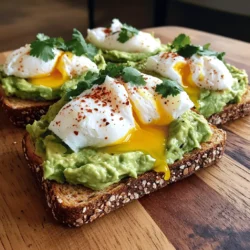 - 2 slices of whole grain bread - 1 ripe avocado - 1 tablespoon lemon juice - Salt and pepper to taste - 1 tablespoon olive oil - 2 large eggs - 1/4 teaspoon red pepper flakes - Fresh herbs (like cilantro or parsley) for garnish I love using whole grain bread for this recipe. It adds a nice texture and flavor. The ripe avocado is key for a creamy spread. Make sure it feels soft when you press it gently. The lemon juice brightens the taste, while salt and pepper enhance the flavors. Olive oil adds richness. You’ll need two large eggs for the poached topping. The red pepper flakes give a mild heat. Fresh herbs on top make the dish pop with color and flavor. - Cherry tomatoes - Feta cheese - Microgreens Cherry tomatoes add a sweet burst. Feta cheese brings a salty note that contrasts the creamy avocado. Microgreens give a nice crunch and fresh taste. Feel free to mix and match these add-ins for your perfect dish. - Medium saucepan - Slotted spoon - Fork for mashing You need a medium saucepan for poaching the eggs. A slotted spoon helps lift the eggs out of the water easily. A fork is great for mashing the avocado to your desired creaminess. For the full recipe, check out Avocado Toast Delight with Poached Egg. - First, toast the whole grain bread until golden and crispy. This gives a nice crunch. - Next, cut the ripe avocado in half and remove the pit. Scoop the flesh into a bowl. - Mash the avocado with a fork. Mix in the lemon juice, olive oil, salt, and pepper to taste. This makes a creamy spread. - Fill a medium saucepan with water and bring it to a gentle simmer. You want small bubbles, not boiling. - Crack one egg into a small bowl. This helps you add it to the water easily. - Create a whirlpool in the simmering water with a spoon. Carefully slide the egg into the center. Poach for about 3-4 minutes. The white should set, but the yolk stays runny. - Remove the egg with a slotted spoon and place it on a paper towel to drain. Repeat with the second egg. - Once the bread is toasted, spread a generous amount of the mashed avocado mixture onto each slice. - Top each piece with a poached egg. Sprinkle with red pepper flakes for a little heat. - Garnish with fresh herbs, like cilantro or parsley, for added flavor and color. Enjoy this delicious and simple dish right away for the best taste! Check out the Full Recipe for more details. To make the perfect poached egg, aim for water at a gentle simmer. This means small bubbles rise to the surface but do not boil. A temperature around 180°F (82°C) works well. You’ll know the egg is done when the white is set, and the yolk is still runny. This usually takes about 3-4 minutes. Use a slotted spoon to gently lift it from the water. There are many ways to boost the flavor of your avocado toast. You can try using fresh herbs like basil or dill. These add a burst of freshness. Another great option is a drizzle of balsamic glaze. This adds a sweet and tangy touch that pairs well with the creamy avocado. Plating your dish beautifully can make a big difference. Start with a clean, white plate to make the colors pop. Try stacking the poached egg on top of the avocado toast. This creates height and looks appealing. Garnish with fresh herbs or a sprinkle of red pepper flakes for that extra flair. For a final touch, you could add a few slices of cherry tomatoes or a sprinkle of feta cheese around the plate. These details can make your dish look even more inviting. For the full recipe, check out the Full Recipe section above. {{image_2}} If you need a gluten-free option, choose bread made from almonds or coconut. These breads taste great and are easy to find. You can also try rice cakes or corn tortillas as a base. For toppings, add sliced radishes or cucumber for crunch. Crumbled goat cheese or a sprinkle of hemp seeds also work well. These toppings keep the dish fresh and tasty. To make this dish vegan, skip the eggs and use mashed avocado or chickpeas instead. You can create a creamy chickpea mash by mixing chickpeas with lemon juice, salt, and olive oil. This makes a great base for your toast. You can also use silken tofu. Blend it with herbs, salt, and lemon juice for a smooth spread. This gives a rich texture without using eggs. Want to try something new? Add smoked salmon on top for a savory twist. The salty flavor pairs well with creamy avocado. For a Southwest vibe, add black beans, corn, and salsa. This gives the toast a fun kick. You can also sprinkle some cilantro for freshness. These unique toppings make your avocado toast exciting and full of flavor. For the full recipe, check out the details above! To store leftover avocado spread, place it in an airtight container. Add a thin layer of olive oil on top to keep it fresh. Seal the container, and place it in the fridge. Use the spread within one to two days for the best taste. For poached eggs, it's best to eat them right away. If you have leftovers, store them in a bowl with a bit of water. Cover it with plastic wrap and refrigerate. Use them within a day for good results. To reheat toast, use a toaster or an oven. Place the toast on a baking sheet and heat at 350°F for about five minutes. This keeps the toast crisp. Avoid the microwave, as it can make the bread soggy. For poached eggs, gently reheat them in warm water. Place the eggs in a bowl and pour warm water over them. Let them sit for a couple of minutes. This keeps the eggs soft without cooking them more. You can prepare ingredients in advance for a quick breakfast. Mash the avocado ahead of time and store it in the fridge. Cut the bread and keep it in a bag. You can also pre-poach the eggs. Just follow the storing tips to keep them fresh. Assembling your avocado toast is easy. Toast the bread, spread the avocado, and top with eggs in just a few minutes. This makes breakfast fun and quick! For the full recipe, check out the details above. To make a poached egg, follow these steps: - Fill a medium saucepan with water and bring it to a gentle simmer. - Crack one egg into a small bowl. - Use a spoon to create a gentle whirlpool in the simmering water. - Carefully slide the egg into the center of the whirlpool. - Poach the egg for 3 to 4 minutes until the white is set, but the yolk remains runny. - Remove the egg with a slotted spoon and place it on a paper towel to drain. - Repeat for the second egg. This method gives you that perfect poached egg. The whirlpool helps keep the egg together. It’s a simple trick to avoid a messy pot. Yes, you can prep avocado toast in advance, but with some tips: - Toast the bread just before serving. This keeps it crispy. - Mash the avocado with lemon juice to prevent browning. - Store the avocado in an airtight container in the fridge. - Assemble the toast right before you eat for the best taste. Making it ahead is great for busy mornings. Just remember to wait on the assembly until you are ready to enjoy! Avocado toast offers many health benefits: - Avocados are packed with healthy fats that help your heart. - They are also high in fiber, which aids digestion. - Whole grain bread provides essential nutrients like B vitamins and iron. This dish is a great breakfast choice. It fuels your day with energy, keeps you full, and is tasty. Plus, it looks beautiful on a plate! For my full recipe, check out Avocado Toast Delight with Poached Egg. This blog post covered the key steps to making tasty avocado toast. You learned about required ingredients, optional add-ins, and important tools. I shared tips for perfecting poached eggs and boosting flavor. We also explored variations for gluten-free and vegan diets. Lastly, I provided storage and reheating tips. Avocado toast is a simple, healthy meal. Enjoying it gets easier with practice. Try personalizing the recipe to make it your own!