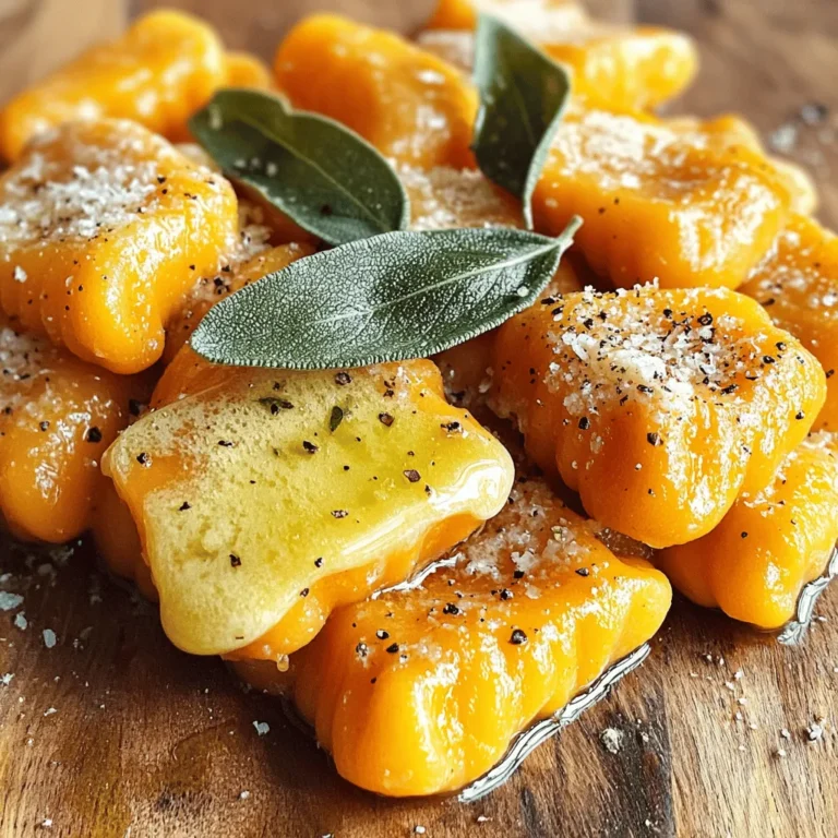 To make sweet potato gnocchi with sage butter, gather these simple ingredients: - 2 medium sweet potatoes (about 1 pound), baked - 1 ¼ cups all-purpose flour, plus more for dusting - 1/2 teaspoon salt - 1/4 teaspoon nutmeg - 1 large egg, lightly beaten - 6 tablespoons unsalted butter - 10-12 fresh sage leaves - Freshly grated Parmesan cheese (for serving) - Black pepper (for seasoning) Using sweet potatoes gives this dish a lovely flavor and color. The egg helps bind the dough, while flour gives it the right texture. Add salt and nutmeg to enhance the taste. The butter and sage create a warm, rich sauce that complements the gnocchi perfectly. Lastly, Parmesan cheese adds a nice touch when serving. This recipe is not only tasty but also fun to make! For the full recipe, check out the instructions in the next section. First, you need to bake the sweet potatoes. Preheat your oven to 400°F (200°C). Use a fork to prick the sweet potatoes several times. Bake them for about 45 minutes, until they are soft. After baking, let them cool for a bit. Once cool, peel off the skin. Next, mash the sweet potatoes in a large bowl. Aim for a smooth texture. You want them soft but not watery. Allow them to cool completely before moving on. Now, let’s make the dough! Add the beaten egg, salt, and nutmeg to the mashed sweet potatoes. Mix until everything is combined. Gradually add flour, one cup at a time. Stir until a soft dough starts to form. It should not be sticky. If it feels sticky, add a little more flour. Be gentle and do not overwork the dough. Divide the dough into four equal parts. On a lightly floured surface, roll each piece into a long rope. Aim for about ½ inch thick. Cut the rope into 1-inch pieces. For shaping, you can press down with a fork, creating ridges. This helps sauce stick better. If you prefer, you can leave them as little pillows too. Bring a large pot of salted water to a boil. Carefully drop the gnocchi into the water, cooking them in small batches. Watch closely! When they float to the top, they are ready in about 2-3 minutes. Use a slotted spoon to remove them from the water. Place them on a clean plate to dry a bit. In a large skillet, melt the butter over medium heat. Add fresh sage leaves to the melted butter. Cook until the butter turns golden and the sage is crispy. This should take about 3-4 minutes. The aroma will fill your kitchen! Once the gnocchi are cooked, add them to the skillet with sage butter. Toss gently to coat every piece. This step lets the gnocchi soak up all that tasty flavor. To serve, place the gnocchi on a plate. Top with freshly grated Parmesan cheese and a sprinkle of black pepper. Enjoy this delightful dish! For more details, check the full recipe. To make great gnocchi, start with dry sweet potatoes. If they are too wet, your dough will be sticky. To avoid this, bake your sweet potatoes instead of boiling them. This keeps the moisture low. Always flour your hands and your working surface. This helps prevent the dough from sticking to everything. If your dough feels sticky, add more flour bit by bit. But don’t overmix! You want a soft and smooth texture. To add flavor, try using different spices. A pinch of cayenne can add heat. If you like a little sweetness, consider using cinnamon. Both work well with sweet potatoes. For a beautiful finish, top your gnocchi with freshly grated Parmesan. A sprinkle of black pepper will add a nice touch too. You can also add some crispy sage leaves as a garnish. This not only looks good but adds a wonderful taste. If you have leftover sweet potatoes, use them in soups or salads. They can also be mashed and spread on toast for a quick snack. Your imagination is the limit here! For any extra sage, chop it finely and mix it into your salads. You can also steep sage in olive oil to make a flavorful dressing. This way, nothing goes to waste, and you get to enjoy more of that lovely sage flavor! {{image_2}} You can change the flavors in gnocchi by using other vegetables. Pumpkin and butternut squash work great as substitutes. They add a rich taste and vibrant color. You can also mix in herbs or spices. Try adding rosemary or thyme for a twist. A pinch of chili flakes can bring heat. These options let you create unique gnocchi for any meal. While sage butter is delicious, other sauces can also pair well. A creamy sauce, like Alfredo, gives a rich taste. Tomato-based sauces can bring a bright flavor. You can try a simple marinara or a roasted red pepper sauce. Each option adds its own charm to the dish. Feel free to experiment with your favorites. If you need gluten-free gnocchi, use gluten-free flour instead of all-purpose. You can also make the gnocchi vegan. Replace the egg with a flaxseed mixture or mashed banana. For the sauce, use olive oil instead of butter. These adjustments keep the dish tasty while meeting your dietary needs. Enjoy the sweet potato gnocchi with sage butter, made just for you. For the full recipe, check the entire section above. To keep cooked gnocchi fresh, place them in an airtight container. You can refrigerate them for up to three days. Make sure they cool down before sealing. This helps to avoid sogginess. If you want to freeze gnocchi, do so before cooking. Lay them out on a baking sheet in a single layer. Freeze until solid, then transfer to a freezer bag. They can stay frozen for up to two months. When ready to eat, cook them straight from the freezer. Boil them for a few extra minutes until they float. For leftover sage butter, store it in a small jar or container. It will last up to a week in the fridge. To reheat, warm it gently in a pan over low heat. Stir it often to keep it smooth. This keeps the sage flavor bright and fresh. You can find the full recipe for Sweet Potato Gnocchi with Sage Butter to enjoy this dish again! Making sweet potato gnocchi takes about one hour. You need 15 minutes for prep and 45 minutes for cooking. First, bake the sweet potatoes, which takes around 45 minutes. Then, mix and shape the gnocchi, which only takes a short time. Yes, you can make gnocchi ahead of time. Prepare the dough and shape it. Then, freeze the uncooked gnocchi on a baking sheet. Once frozen, transfer them to a bag. This way, you can cook them later without losing flavor. Boiling is the best way to cook gnocchi. It keeps the texture light and fluffy. Just boil salted water, add gnocchi, and watch for them to float. Pan-frying them can add a nice crisp but may change the texture. To keep gnocchi firm, avoid overcooking them. As soon as they float, they are done. Use a slotted spoon to remove them quickly. Also, be sure not to mix them too much in the water. Absolutely! You can swap sweet potatoes for other squash if you want a different flavor. Add herbs like rosemary or thyme for added taste. You can also use a different cheese, like feta or goat cheese, for a unique twist. For the full recipe, check out Sweet Potato Gnocchi with Sage Butter. This blog post guided you through making sweet potato gnocchi with sage butter. We covered key ingredients, step-by-step instructions, and helpful tips. You learned how to shape, cook, and serve the gnocchi perfectly. Try the variations and methods to make it your own. Use leftover ingredients to avoid waste. With practice, you’ll master this dish and impress anyone at your table. Enjoy your cooking adventure!