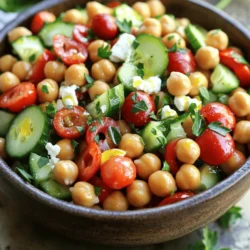 Here is what you need for the Mediterranean Chickpea Salad: - 1 can (15 oz) chickpeas, drained and rinsed - 1 cup cherry tomatoes, halved - 1 cucumber, diced - 1 bell pepper (red or yellow), diced - 1/4 red onion, finely chopped - 1/2 cup Kalamata olives, pitted and sliced - 1/4 cup feta cheese, crumbled (optional) - 3 tablespoons olive oil - 2 tablespoons lemon juice - 1 tablespoon red wine vinegar (or substitute with extra lemon juice) - 1 teaspoon dried oregano - Salt and pepper to taste - Fresh parsley, chopped for garnish When choosing your ingredients, look for fresh vegetables. For tomatoes, pick firm ones with bright color. Select cucumbers that feel heavy and have smooth skin. Bell peppers should be shiny and crisp. Fresh herbs like parsley should smell strong and look vibrant. This salad is not only tasty but also healthy. One serving has about 180 calories. Chickpeas provide protein, fiber, and iron. They help you feel full and support digestion. The vegetables bring vitamins A and C, which boost your immune system. Kalamata olives add healthy fats, while feta cheese offers calcium. This salad is a great choice for a balanced meal! To make your Mediterranean Chickpea Salad, start by gathering your ingredients. You will need chickpeas, cherry tomatoes, cucumber, bell pepper, red onion, Kalamata olives, feta cheese, and some simple dressings. 1. Combine the base ingredients: In a large mixing bowl, add the rinsed chickpeas, halved cherry tomatoes, diced cucumber, diced bell pepper, and finely chopped red onion. This mix gives you a colorful base. 2. Add olives and cheese: Toss in the sliced Kalamata olives. If you like cheese, sprinkle in some crumbled feta. This adds creaminess to the salad. 3. Make the dressing: In a small bowl, whisk together olive oil, lemon juice, red wine vinegar, dried oregano, salt, and pepper. This dressing brings all the flavors together. 4. Mix it all: Pour the dressing over your salad and gently toss everything. Make sure each ingredient gets coated well. 5. Taste test: Give it a taste. You might want to add more salt, pepper, or lemon juice to make it just right. 6. Let it sit: Allow the salad to rest for at least 15 minutes. This helps all the flavors meld together nicely. 7. Garnish: Before serving, sprinkle some freshly chopped parsley on top. This adds a fresh touch. When serving your Mediterranean Chickpea Salad, you have plenty of options. Here are some ideas: - As a side dish: This salad pairs well with grilled chicken or fish. It balances the meal perfectly. - On its own: Enjoy it as a light lunch or snack. It’s filling and packed with nutrients. - Presentation: Serve the salad in a large bowl. You can also use individual plates for a more elegant touch. For an appealing display, add a few extra olives or cherry tomatoes on top. This makes it look fresh and colorful. To make your Mediterranean chickpea salad shine, focus on two main areas: seasoning and texture. - Adjusting Flavors: Start with the dressing. Olive oil and lemon juice balance well. If you like it zestier, add more lemon juice. For a touch of sweetness, sprinkle a little sugar. Taste as you go to find your perfect mix. - Best Texture: Use fresh veggies. Crisp cucumbers and ripe tomatoes add a nice crunch. Cut the vegetables into similar sizes for even bites. This way, each forkful is a burst of flavor. Even simple recipes can have pitfalls. Here are some common mistakes and how to fix them. - Over-seasoning: Too much salt can ruin your salad. Start with a little, then add more if needed. Remember, you can always add more, but you can't take it out. - Using Old Ingredients: Freshness matters. Wilting greens or soft tomatoes won’t taste good. Check your produce before starting. If you find anything off, toss it. - Not Letting it Sit: Allow the salad to rest for at least 15 minutes. This step helps the flavors combine. If you serve it right away, the taste might be flat. If you follow these tips, your salad will be delicious and vibrant. For the complete recipe, check the [Full Recipe]. {{image_2}} You can replace chickpeas with other legumes if you want. Try black beans or lentils for a twist. Both options add protein and flavor. For vegetarian or vegan diets, use tofu or tempeh. These add great texture and protein, making the salad hearty and filling. You can also skip the cheese to keep it vegan-friendly. Want to add more to your salad? Include proteins like grilled chicken or shrimp. Cooked quinoa or farro adds a nice grainy texture. These options make the salad more filling. For extra flavor, try adding fresh herbs. Basil, mint, or dill can brighten your dish. Spices like cumin or paprika can also enhance the taste. Experiment with different combinations to find what you love best. To keep your Mediterranean chickpea salad fresh, store it in an airtight container. This will keep moisture in and prevent the salad from drying out. If you added feta cheese, it may become soggy over time. For best results, eat the salad within 3 to 4 days. You can make this salad ahead of time. Just prepare the salad as usual and store it in the fridge. For meal prep, I suggest portioning it into smaller containers. This makes it easy to grab a healthy snack or lunch. You can also keep the dressing separate until you’re ready to eat. This will keep the ingredients crisp and tasty. Mediterranean Chickpea Salad stays fresh for about 3 to 5 days in the fridge. I like to store it in an airtight container. Keeping it cold helps maintain its crunch and flavor. Just remember, the longer it sits, the softer the veggies may get. Yes, you can make this salad in advance. I often prepare it a day ahead for better flavor. Just keep the dressing separate until you're ready to serve. This way, the veggies stay crisp and fresh. When you’re ready to eat, mix in the dressing and enjoy! This salad pairs well with grilled chicken or fish. You can also serve it with pita bread or hummus for a tasty meal. For a light touch, add a side of yogurt sauce. It balances the flavors nicely and adds creaminess. Mediterranean Chickpea Salad is fresh, tasty, and good for you. We looked at each ingredient and its benefits. Fresh veggies and herbs make this dish pop. I shared steps for a perfect mix and serving ideas to impress. Remember, adjusting flavors can boost the taste. Avoid common mistakes for the best results. Play with variations to suit your taste. With proper storage, leftovers can last days. This salad is easy to prepare ahead, making meal prep simple. Enjoy your healthy salad and all its flavors!