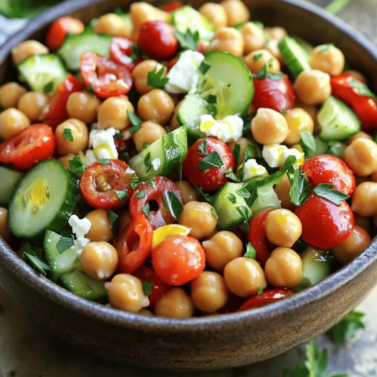 Here is what you need for the Mediterranean Chickpea Salad: - 1 can (15 oz) chickpeas, drained and rinsed - 1 cup cherry tomatoes, halved - 1 cucumber, diced - 1 bell pepper (red or yellow), diced - 1/4 red onion, finely chopped - 1/2 cup Kalamata olives, pitted and sliced - 1/4 cup feta cheese, crumbled (optional) - 3 tablespoons olive oil - 2 tablespoons lemon juice - 1 tablespoon red wine vinegar (or substitute with extra lemon juice) - 1 teaspoon dried oregano - Salt and pepper to taste - Fresh parsley, chopped for garnish When choosing your ingredients, look for fresh vegetables. For tomatoes, pick firm ones with bright color. Select cucumbers that feel heavy and have smooth skin. Bell peppers should be shiny and crisp. Fresh herbs like parsley should smell strong and look vibrant. This salad is not only tasty but also healthy. One serving has about 180 calories. Chickpeas provide protein, fiber, and iron. They help you feel full and support digestion. The vegetables bring vitamins A and C, which boost your immune system. Kalamata olives add healthy fats, while feta cheese offers calcium. This salad is a great choice for a balanced meal! To make your Mediterranean Chickpea Salad, start by gathering your ingredients. You will need chickpeas, cherry tomatoes, cucumber, bell pepper, red onion, Kalamata olives, feta cheese, and some simple dressings. 1. Combine the base ingredients: In a large mixing bowl, add the rinsed chickpeas, halved cherry tomatoes, diced cucumber, diced bell pepper, and finely chopped red onion. This mix gives you a colorful base. 2. Add olives and cheese: Toss in the sliced Kalamata olives. If you like cheese, sprinkle in some crumbled feta. This adds creaminess to the salad. 3. Make the dressing: In a small bowl, whisk together olive oil, lemon juice, red wine vinegar, dried oregano, salt, and pepper. This dressing brings all the flavors together. 4. Mix it all: Pour the dressing over your salad and gently toss everything. Make sure each ingredient gets coated well. 5. Taste test: Give it a taste. You might want to add more salt, pepper, or lemon juice to make it just right. 6. Let it sit: Allow the salad to rest for at least 15 minutes. This helps all the flavors meld together nicely. 7. Garnish: Before serving, sprinkle some freshly chopped parsley on top. This adds a fresh touch. When serving your Mediterranean Chickpea Salad, you have plenty of options. Here are some ideas: - As a side dish: This salad pairs well with grilled chicken or fish. It balances the meal perfectly. - On its own: Enjoy it as a light lunch or snack. It’s filling and packed with nutrients. - Presentation: Serve the salad in a large bowl. You can also use individual plates for a more elegant touch. For an appealing display, add a few extra olives or cherry tomatoes on top. This makes it look fresh and colorful. To make your Mediterranean chickpea salad shine, focus on two main areas: seasoning and texture. - Adjusting Flavors: Start with the dressing. Olive oil and lemon juice balance well. If you like it zestier, add more lemon juice. For a touch of sweetness, sprinkle a little sugar. Taste as you go to find your perfect mix. - Best Texture: Use fresh veggies. Crisp cucumbers and ripe tomatoes add a nice crunch. Cut the vegetables into similar sizes for even bites. This way, each forkful is a burst of flavor. Even simple recipes can have pitfalls. Here are some common mistakes and how to fix them. - Over-seasoning: Too much salt can ruin your salad. Start with a little, then add more if needed. Remember, you can always add more, but you can't take it out. - Using Old Ingredients: Freshness matters. Wilting greens or soft tomatoes won’t taste good. Check your produce before starting. If you find anything off, toss it. - Not Letting it Sit: Allow the salad to rest for at least 15 minutes. This step helps the flavors combine. If you serve it right away, the taste might be flat. If you follow these tips, your salad will be delicious and vibrant. For the complete recipe, check the [Full Recipe]. {{image_2}} You can replace chickpeas with other legumes if you want. Try black beans or lentils for a twist. Both options add protein and flavor. For vegetarian or vegan diets, use tofu or tempeh. These add great texture and protein, making the salad hearty and filling. You can also skip the cheese to keep it vegan-friendly. Want to add more to your salad? Include proteins like grilled chicken or shrimp. Cooked quinoa or farro adds a nice grainy texture. These options make the salad more filling. For extra flavor, try adding fresh herbs. Basil, mint, or dill can brighten your dish. Spices like cumin or paprika can also enhance the taste. Experiment with different combinations to find what you love best. To keep your Mediterranean chickpea salad fresh, store it in an airtight container. This will keep moisture in and prevent the salad from drying out. If you added feta cheese, it may become soggy over time. For best results, eat the salad within 3 to 4 days. You can make this salad ahead of time. Just prepare the salad as usual and store it in the fridge. For meal prep, I suggest portioning it into smaller containers. This makes it easy to grab a healthy snack or lunch. You can also keep the dressing separate until you’re ready to eat. This will keep the ingredients crisp and tasty. Mediterranean Chickpea Salad stays fresh for about 3 to 5 days in the fridge. I like to store it in an airtight container. Keeping it cold helps maintain its crunch and flavor. Just remember, the longer it sits, the softer the veggies may get. Yes, you can make this salad in advance. I often prepare it a day ahead for better flavor. Just keep the dressing separate until you're ready to serve. This way, the veggies stay crisp and fresh. When you’re ready to eat, mix in the dressing and enjoy! This salad pairs well with grilled chicken or fish. You can also serve it with pita bread or hummus for a tasty meal. For a light touch, add a side of yogurt sauce. It balances the flavors nicely and adds creaminess. Mediterranean Chickpea Salad is fresh, tasty, and good for you. We looked at each ingredient and its benefits. Fresh veggies and herbs make this dish pop. I shared steps for a perfect mix and serving ideas to impress. Remember, adjusting flavors can boost the taste. Avoid common mistakes for the best results. Play with variations to suit your taste. With proper storage, leftovers can last days. This salad is easy to prepare ahead, making meal prep simple. Enjoy your healthy salad and all its flavors!