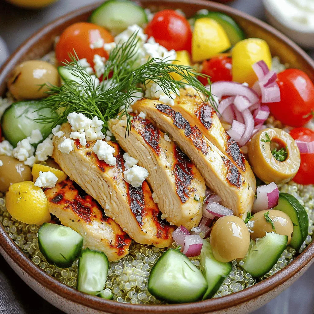The main ingredients in Mediterranean Lemon-Dill Chicken Bowls are simple and fresh. You will need: - 2 boneless, skinless chicken breasts - 1 tablespoon olive oil - Zest and juice of 1 large lemon - 2 cloves garlic, minced - 1 teaspoon dried dill - 1 teaspoon dried oregano - Salt and pepper to taste - 1 cup cooked quinoa - 1 cucumber, diced - 1 cup cherry tomatoes, halved - 1/2 red onion, finely chopped - 1/4 cup Kalamata olives, pitted and sliced - 1/4 cup crumbled feta cheese - Fresh dill sprigs for garnish These ingredients create a bright, flavorful dish. Each element plays a role in balancing flavors and textures. The chicken is tender and juicy, while the veggies add crunch. Quinoa gives a nutty base, making the bowl filling. You can enhance your bowls with optional ingredients. Consider these: - 1 tablespoon tahini for drizzling - Additional herbs like parsley or mint Tahini adds creaminess and a nutty taste. Fresh herbs boost flavor and freshness. Feel free to mix and match these ingredients based on what you enjoy. By using these ingredients, you create a healthy and satisfying meal. For the full recipe with detailed steps, check out the [Full Recipe]. Start by mixing the marinade ingredients in a bowl. Combine olive oil, lemon zest, lemon juice, minced garlic, dried dill, dried oregano, salt, and pepper. Stir until it’s well combined. This mix gives the chicken great flavor. Next, add the chicken breasts. Coat them evenly. Cover the bowl and let it marinate in the fridge for at least 30 minutes. You can marinate for up to 2 hours for deeper flavor. When the chicken is ready, heat a grill or skillet over medium-high heat. Take the chicken out of the marinade, letting the excess drip off. Place the chicken on the grill or in the skillet. Cook for about 6-7 minutes on each side. Check that the juices run clear to ensure it’s fully cooked. After cooking, let the chicken rest for about 5 minutes. This helps keep it juicy before slicing. While the chicken cooks, prepare the quinoa. Follow the package instructions and let it cool slightly. In a medium bowl, start with a layer of quinoa. On top, add diced cucumber, halved cherry tomatoes, chopped red onion, sliced olives, and crumbled feta cheese. Once the chicken is sliced, place it on top of the bowl. Drizzle extra lemon juice and tahini if you like. Finish with fresh dill sprigs for a lovely touch. Check the [Full Recipe] for more details. For the best flavor, marinate the chicken for at least 30 minutes. If you have time, let it sit for 2 hours. This gives the chicken a chance to soak up all the good flavors. You can also add more herbs like parsley or basil for extra taste. A pinch of red pepper flakes can add a nice kick too. To avoid dry chicken, cook it just until the juices run clear. Using a meat thermometer helps. Aim for 165°F (75°C) inside. If you prefer, you can bake the chicken in the oven. Set it to 375°F (190°C) and cook for about 20-25 minutes. Air frying is another great way. Cook for about 12-15 minutes at 375°F (190°C) for a crispy finish. Garnishing your bowls makes them look special. Sprinkle fresh dill or parsley on top. You can also add a slice of lemon for color. When you layer your ingredients, start with quinoa at the bottom. Then, add the veggies and chicken on top. This not only looks nice but keeps everything fresh and crunchy. {{image_2}} If you want to switch things up, you can change the chicken. Here are some great options: - Tofu: Use firm or extra-firm tofu for a vegetarian choice. - Shrimp: This adds a seafood twist and cooks quickly. - Other proteins: Try beef or lamb for different flavors. For grains, you can replace quinoa with: - Rice: Both brown or white rice work well. - Farro: This nutty grain adds chewiness. - Couscous: A quick-cooking alternative that soaks up flavors nicely. You can play with herbs and spices to keep things fresh. Here are some ideas: - Basil: This gives a sweet and aromatic touch. - Parsley: Brightens the dish with a fresh taste. - Thyme: Adds depth and a hint of earthiness. If you like some heat, consider: - Chili flakes: Just a pinch can add a nice kick. - Harissa: This spicy paste brings bold flavors to your bowl. Experimenting with these options keeps your Mediterranean Lemon-Dill Chicken Bowls exciting and new. For the full recipe, check out the previous section! After making the Mediterranean Lemon-Dill Chicken Bowls, store leftovers in a sealed container. Keep them in the fridge for the best taste. You should eat them within three days. This helps prevent spoilage and keeps your meal fresh. If you notice any changes in color or smell, throw it away for safety. If you want to save the chicken bowls for later, freezing is a great option. First, let the bowls cool completely. Then, place them in a freezer-safe container. Seal it tightly to avoid freezer burn. These bowls can last up to three months in the freezer. When you're ready to eat, take them out and thaw them overnight in the fridge. To reheat, use a microwave or oven. If using a microwave, heat in short bursts and stir until warm. In the oven, cover with foil to keep moisture in. Enjoy your meal without losing flavor! Yes, you can use frozen chicken. Just thaw it first. Thawing helps the marinade soak in better. It also ensures even cooking. You can use rice or farro as a substitute for quinoa. Both grains work well and add nice texture. Couscous is another good option if you want something quicker to cook. To make it vegetarian, swap the chicken for tofu or chickpeas. Both options add protein and flavor. You can marinate the tofu just like the chicken for extra taste. The dish lasts about 3 to 4 days in the fridge. Store it in an airtight container. Make sure to keep the chicken and veggies separate for best freshness. Try pairing with a simple green salad or roasted vegetables. Hummus and pita bread also make great sides. These options complement the fresh flavors of the bowls and add variety. This blog post walked you through making Mediterranean Lemon-Dill Chicken Bowls. We covered key ingredients, step-by-step instructions, and tips to enhance your dish. I shared variations for dietary needs and storage tips to keep leftovers fresh. Remember, cooking is about creativity and fun. Use these ideas to make your own tasty bowls! Enjoy the process and meal.