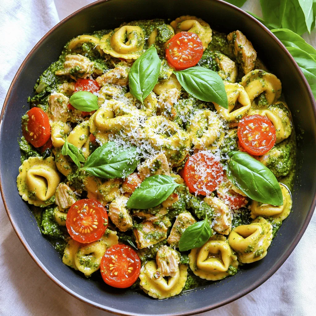 To make Pesto Chicken Tortellini, you will need: - 2 cups fresh or frozen cheese tortellini - 1 cup cooked chicken breast, diced - 1/2 cup homemade or store-bought pesto - 1 cup cherry tomatoes, halved - 1/2 cup fresh spinach, roughly chopped - 1/4 cup grated Parmesan cheese - 2 tablespoons olive oil - Salt and pepper to taste - Fresh basil leaves for garnish This list includes all the essentials for a tasty meal. You can swap some ingredients based on what you have. If you don’t have tortellini, try another pasta like penne. For the chicken, rotisserie chicken works great. You can also use canned chicken in a pinch. If you want a lighter version, you can skip the cheese or use a dairy-free option. Use any greens you like instead of spinach, like arugula or kale. Fresh pesto is a great choice if you have the time. It tastes brighter and more vibrant. You can make it by blending basil, garlic, nuts, cheese, and olive oil. If you’re short on time, store-bought pesto is also good. Just be sure to check the label for quality. A good pesto should have simple ingredients and no fillers. Both versions work well in this dish! For the full recipe, check out the complete list of steps. First, fill a large pot with salted water. Bring it to a boil over high heat. Once boiling, add the tortellini. Cook it according to the package instructions. This usually takes about 3-5 minutes. You want the tortellini to be al dente, which means it should still have a slight bite. After cooking, drain the tortellini in a colander. Set it aside for later. Next, grab a large skillet and put it over medium heat. Add the olive oil and let it warm up for a minute. Now, add the diced cooked chicken to the skillet. Sauté it for 2-3 minutes until it’s heated through. You want it warm but not dry. Then, toss in the halved cherry tomatoes and the chopped spinach. Cook this mix for another 2-3 minutes. The spinach should wilt, and the tomatoes should soften. Reduce the heat to low. Now, add the drained tortellini to the skillet. Pour in the pesto and gently toss everything together. Make sure the tortellini gets well-coated with the pesto. Cook for a minute or two to heat everything through. Finally, sprinkle grated Parmesan cheese on top. Add salt and pepper to taste. For a lovely touch, use fresh basil leaves for garnish. Serve it in a big bowl and enjoy your meal! For the full recipe, check the details above. - Cook the tortellini just right: Follow the package for cooking time. Aim for al dente. This gives a nice bite. - Use quality pesto: Fresh homemade pesto is great, but store-bought works too. Choose one with good flavor. - Add protein: Use grilled chicken, or try shrimp or Italian sausage. Both add tasty flavors to your dish. - Mix ingredients well: When combining, ensure every piece of tortellini gets coated in pesto. This enhances every bite. - Adjust seasoning: Taste before serving. A pinch of salt or pepper can make a big difference. - Overcooking the tortellini: This can make them mushy. Keep an eye on them as they cook. - Skipping the olive oil: It helps to heat the chicken and adds flavor. Don’t skip this step! - Not using enough veggies: Cherry tomatoes and spinach brighten the dish. More veggies mean more flavor and nutrition. - Forgetting to garnish: Fresh basil and Parmesan cheese add nice touches. Skipping this can make the dish look plain. - Serve in a large bowl: This allows the colors to pop. It makes the dish look inviting. - Sprinkle with extra Parmesan: A generous amount adds richness. It also looks beautiful on top. - Add fresh basil leaves: These not only add flavor but also enhance the look. Place a few on top before serving. - Use a colorful plate: A vibrant plate can make your meal even more appealing. It draws the eye and makes the meal special. For a complete guide, check the Full Recipe for Pesto Chicken Tortellini. Each step and detail helps ensure your meal is a hit! {{image_2}} You can easily make this dish vegetarian. Simply swap out the chicken for your favorite plant-based protein. Tofu or chickpeas work great and add nice texture. You can also use grilled veggies like zucchini or bell peppers for added flavor. This way, you keep the taste while making it meat-free. Want to boost nutrition? Add more vegetables! Broccoli or peas are great choices. They cook quickly and blend well with the tortellini. Just toss them in during the last few minutes of cooking. You can also try artichoke hearts or roasted red peppers. The more colors, the better the dish looks! If you love creamy sauces, this variation is for you. Just add a splash of heavy cream to the skillet before mixing in the pesto. This will give the dish a rich and smooth texture. You can even stir in some cream cheese for extra creaminess. It adds a delightful twist to your pesto chicken tortellini. For a full recipe, check out [Full Recipe]. After enjoying your pesto chicken tortellini, let it cool down. Place the leftovers in an airtight container. Make sure the lid seals tightly to keep the flavors fresh. You can store it in the fridge for up to three days. If you want to keep it longer, consider freezing it. To reheat your leftovers, the stovetop works best. Heat a pan over medium heat and add a splash of water or olive oil. This helps to prevent the pasta from sticking. Stir gently until it's heated through. You can also use a microwave if you prefer. Just cover the container loosely and heat in 30-second bursts, stirring in between. If you want to freeze the dish, do it before adding the cheese. Store it in a freezer-safe container. It can last for up to three months. When you are ready to eat, thaw it in the fridge overnight. Then, follow the reheating suggestions to enjoy a quick meal. This method keeps the flavors bright and fresh, just like the day you made it. For the full recipe, check out the section above. Yes, you can use many types of tortellini. Cheese tortellini is popular. You may also try meat or vegetable tortellini. Just make sure to cook them according to the package instructions. Each type adds its own twist to the dish. Making pesto at home is easy and fun. You need fresh basil, garlic, pine nuts, olive oil, and Parmesan cheese. Here’s a simple way to do it: 1. Blend 2 cups of fresh basil leaves. 2. Add 2 cloves of garlic and 1/4 cup of pine nuts. 3. Slowly pour in 1/2 cup of olive oil while blending. 4. Mix in 1/2 cup of grated Parmesan cheese. 5. Season with salt and pepper to taste. This homemade pesto tastes fresh and bright. It can elevate your Pesto Chicken Tortellini. Pesto Chicken Tortellini works well with many sides. Here are some ideas: - Garlic bread adds a nice crunch. - A simple green salad keeps things light. - Roasted vegetables bring color and flavor. - A glass of white wine complements the meal. These pairings make your dinner even more enjoyable. You can find the full recipe for Pesto Chicken Tortellini above to try for yourself! This blog post covered how to make Pesto Chicken Tortellini. We discussed the ingredients, step-by-step cooking, and tips for success. I shared variations to suit different diets and how to store leftovers. Remember, using fresh ingredients makes a big difference. Enjoy the dish with your favorite sides for a full meal. With practice, you’ll master this recipe and impress your family and friends. Dive in and have fun cooking!