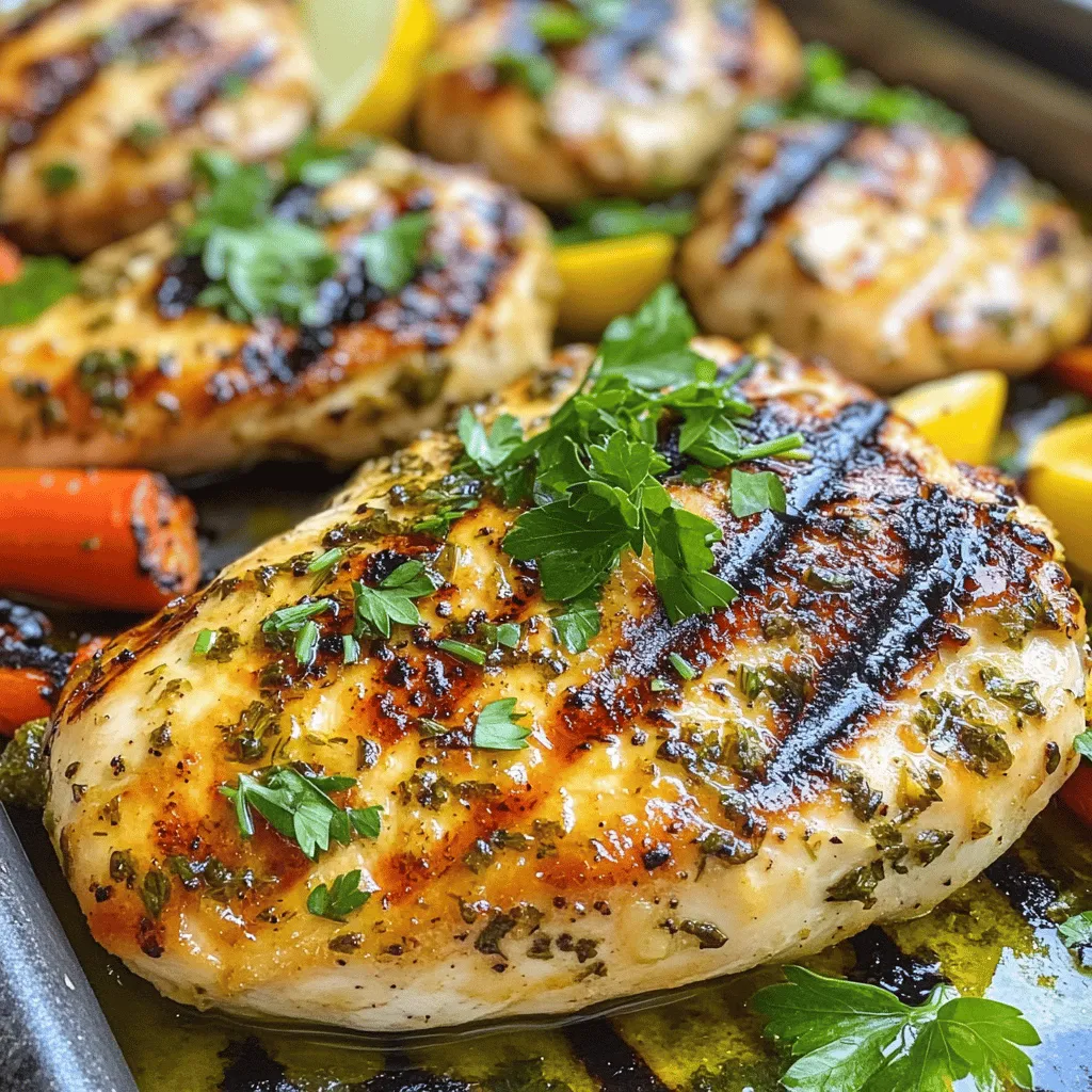 - 4 boneless, skinless chicken breasts - 1/4 cup olive oil - Juice and zest of 2 lemons - 3 cloves garlic, minced - 2 teaspoons dried oregano - 1 teaspoon dried thyme - 1 teaspoon fresh rosemary, chopped - 1 teaspoon salt - 1/2 teaspoon black pepper - Fresh parsley for garnish When making lemon herb grilled chicken, the right ingredients make all the difference. You want fresh and bright flavors. Start with good quality chicken breasts. They should be boneless and skinless for easy cooking. Next, let’s talk about the marinade. You will need olive oil, which adds richness. The juice and zest of two lemons bring a bright taste. Garlic adds a nice kick, while oregano and thyme give it earthy notes. Fresh rosemary adds a lovely aroma. Salt and black pepper will enhance all these flavors. Don’t forget the garnish! Fresh parsley makes your dish pop with color. You can also add other garnishes like lemon slices if you like. This mix of ingredients is not just tasty; it also keeps your meal healthy. For the full recipe, check the section on Step-by-Step Instructions. Mixing the Ingredients To start, grab a medium bowl. In this bowl, whisk together these simple ingredients: - 1/4 cup olive oil - Juice and zest of 2 lemons - 3 cloves garlic, minced - 2 teaspoons dried oregano - 1 teaspoon dried thyme - 1 teaspoon fresh rosemary, chopped - 1 teaspoon salt - 1/2 teaspoon black pepper This mix creates a fresh and zesty marinade that makes the chicken burst with flavor. Marinating the Chicken Next, place your chicken breasts into a resealable plastic bag or a shallow dish. Pour the marinade over the chicken. Make sure each piece is covered well. Seal the bag or cover the dish and place it in the fridge. Let it sit for at least 30 minutes. For even more flavor, you can let it marinate for up to 4 hours. Setting the Grill Temperature Now it’s time to fire up the grill! Preheat it to medium-high heat. This usually means around 375°F to 450°F (190°C to 230°C). You want the grill hot enough to give the chicken nice grill marks. Cooking Time and Temperature Guidelines Remove the chicken from the marinade and let the excess drip off. Discard any leftover marinade. Place the chicken on the grill. Cook for 6 to 7 minutes on one side. Then, flip the chicken and grill for another 5 to 6 minutes. You want the chicken to reach an internal temperature of 165°F (75°C). The juices should run clear when it’s done. Letting the Chicken Rest Once cooked, transfer the chicken to a plate. Let it rest for about 5 minutes. This step is important. Letting the chicken rest helps keep it juicy. Serving Suggestions After resting, slice the chicken. You can garnish it with fresh parsley for a pop of color. Serve it with grilled vegetables or a fresh salad. This meal is tasty, healthy, and perfect for any day. For the full recipe, check the details above. Time for Marinating Marinate your chicken for at least 30 minutes. For best results, try 4 hours. This time lets the flavors soak in. The lemon juice tenderizes the chicken and adds a bright taste. Adjusting Flavor Profiles You can change the taste by adding different herbs. Try basil or cilantro for a twist. If you like more heat, add a pinch of red pepper flakes. Adjust the salt to suit your taste. Ensuring Even Cooking Make sure your grill is hot. Preheat it to medium-high before adding the chicken. This helps cook the chicken evenly. Place the chicken on the hottest part of the grill to sear it. Avoiding Dry Chicken To keep your chicken juicy, don’t overcook it. Use a meat thermometer to check for doneness. The internal temperature should be 165°F (75°C). Let the chicken rest for five minutes before slicing. This helps retain moisture. Complementary Side Dishes Pair your lemon herb grilled chicken with fresh veggies or a salad. Grilled zucchini and bell peppers add color and flavor. You can also serve it with rice or quinoa for a filling meal. Additions and Accents Garnish with fresh parsley for a pop of green. A squeeze of lemon juice on top can brighten the dish. You could also drizzle with balsamic glaze for added flavor. For more ideas, check the Full Recipe. {{image_2}} Substitutions for Chicken You can swap chicken for turkey. Turkey has a similar taste and texture. It works well with the lemon herb marinade. Try using skinless turkey breasts for a lean option. Vegetarian Options For a meat-free meal, use tofu or tempeh. These proteins soak up the marinade well. Cut them into thick slices and follow the same grilling steps. You can also try portobello mushrooms for a hearty flavor. Different Herb Combinations Feel free to mix herbs. Try basil or dill for a fresh twist. You can also add cilantro for a zesty kick. Change the herbs to fit your taste. Citrus Substitutes If you want a change from lemon, use lime or orange juice. Both add a nice sweetness. They will enhance the dish's flavor without losing the citrus touch. Oven-Baked Version You can bake the chicken instead of grilling. Preheat the oven to 400°F (200°C). Place the marinated chicken on a baking sheet. Bake for about 25-30 minutes, or until fully cooked. Stovetop Grilling Options Use a grill pan if you can't go outside. Heat the pan over medium heat. Add a little oil to prevent sticking. Cook the chicken for about 6-7 minutes per side. This method gives you nice grill marks and flavor. For the full recipe, check out Lemon Herb Grilled Chicken. For leftover Lemon Herb Grilled Chicken, store it in an airtight container. This keeps it fresh and safe to eat. Try to eat leftovers within 3 to 4 days for the best taste and quality. If you can, let the chicken cool down before putting it in the fridge. This helps avoid moisture build-up, which can make the chicken soggy. To freeze grilled chicken, first, let it cool completely. Then, wrap each piece tightly in plastic wrap. After that, place the wrapped chicken in a freezer bag. Label the bag with the date for easy tracking. You can freeze it for up to 3 months. To thaw, move the chicken from the freezer to the fridge. Let it sit overnight to defrost. If you're short on time, you can use the microwave's defrost setting. Just make sure to cook it right after thawing. When reheating chicken, you have a few good options: - Use the oven: Preheat it to 350°F (175°C). Place the chicken on a baking sheet and cover it with foil. Heat for 15-20 minutes. - Use the microwave: Place the chicken on a plate and cover it with a damp paper towel. Heat in short bursts of 1-2 minutes until warm. - Use the stovetop: Heat a non-stick pan over low heat. Add a splash of water or broth to keep it moist. Cook for 5-10 minutes, flipping often. To keep flavor and moisture, avoid overheating. This will help the chicken stay juicy and tasty. How long should I marinate chicken? You should marinate chicken for at least 30 minutes. This lets the flavors soak in. For the best taste, try marinating for up to 4 hours. This longer time makes the chicken even more tasty and tender. What temperature should grilled chicken reach? Grilled chicken must reach an internal temperature of 165°F (75°C). This ensures it is safe to eat. Use a meat thermometer to check the temperature. This step helps you avoid undercooked chicken. Can I use fresh herbs instead of dried? Yes, you can use fresh herbs. They add a bright flavor to your chicken. If you choose fresh herbs, use three times the amount of dried herbs. For example, if the recipe calls for 1 teaspoon of dried oregano, use 3 teaspoons of fresh oregano. What can I use instead of olive oil? You can use other oils if you don’t have olive oil. Grapeseed oil, avocado oil, or canola oil work well too. These oils have mild flavors and are good for grilling. Nutritional Value of Lemon Herb Grilled Chicken Lemon herb grilled chicken is low in fat and high in protein. It provides essential nutrients like B vitamins and minerals. The lemon juice adds vitamin C, which is great for your immune system. Benefits of Grilling Over Frying Grilling is healthier than frying. When you grill, fat drips away from the meat. This reduces calories and keeps the chicken juicy. Grilling also creates a nice smoky flavor without added oils. This blog post covered how to create delicious grilled chicken. We discussed the main ingredients, preparation, grilling steps, and essential tips. You can customize the marinade to fit your taste and explore variations with different proteins. Proper storage and reheating keep your chicken fresh for later meals. In summary, grilling chicken is simple and rewarding. With a few tips, you can enjoy juicy, flavorful meals every time. Experiment with flavors and cooking methods to make it your own. Enjoy your next grilling adventure!
