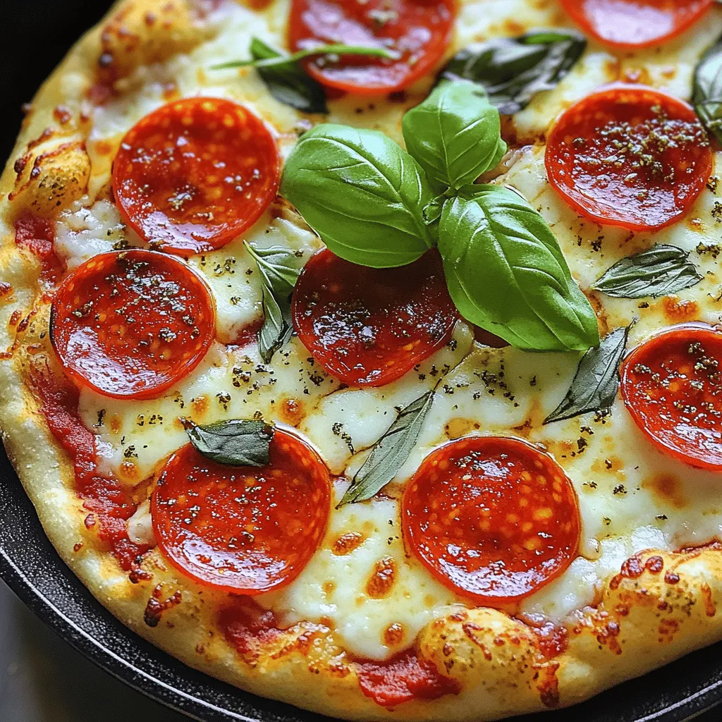 - 2 cups all-purpose flour - 1 teaspoon instant yeast - 3/4 teaspoon salt - 1 tablespoon olive oil - 3/4 cup warm water (about 110°F) - 1/2 cup pizza sauce (store-bought or homemade) - 2 cups shredded mozzarella cheese - 1/2 cup pepperoni slices (or your choice of toppings) - 1 teaspoon dried oregano - Fresh basil leaves for garnish - Cornmeal for dusting In this recipe, the dry ingredients create the base for your pizza dough. Start with all-purpose flour, which gives the dough its structure. Instant yeast helps the dough rise quickly, making it light. Salt adds flavor, balancing the taste of the other ingredients. For the wet ingredients, olive oil adds richness and helps with browning. The warm water activates the yeast. This warm water should feel pleasant to the touch. Too hot can kill the yeast, while too cold won’t activate it. Now, let's talk toppings! The pizza sauce is the heart of your pizza. You can use store-bought sauce or make your own for a personal touch. Shredded mozzarella cheese melts beautifully, giving that gooey texture we all love. Pepperoni adds a savory punch, but feel free to choose your favorite toppings. Dried oregano adds a classic Italian flavor, and fresh basil leaves make a bright garnish. Finally, the cornmeal prevents sticking and adds a slight crunch to the bottom. For the full recipe, check out Best Cast Iron Pizza. 1. In a large mixing bowl, combine two cups of all-purpose flour, one teaspoon of instant yeast, and three-fourths of a teaspoon of salt. Stir until blended well. 2. Add three-fourths cup of warm water and one tablespoon of olive oil to the dry mix. Stir with a wooden spoon until a rough dough forms. 3. Knead the dough for about five minutes on a floured surface. You want it smooth and stretchy. 1. Place the dough in a lightly greased bowl. Cover it with a damp cloth and let it rise in a warm spot for about one hour. It should double in size. 2. Preheat your oven to 475°F (245°C). Place a cast iron skillet inside to heat. 3. Once the dough rises, punch it down to let the air out. Transfer it to a floured surface. Roll it out to fit your skillet. 1. Carefully take out the hot skillet from the oven. Sprinkle the bottom with cornmeal to prevent sticking. 2. Place the rolled-out dough in the skillet. Press it evenly on the bottom and slightly up the sides. 3. Spread half a cup of pizza sauce over the dough, leaving a small edge. 4. Sprinkle two cups of shredded mozzarella cheese on top, and add half a cup of pepperoni slices or your choice of toppings. 5. Sprinkle one teaspoon of dried oregano over everything for extra flavor. 6. Put the skillet back in the oven and bake for about 15 to 20 minutes. Look for bubbly cheese and a golden crust. 7. Once it’s done, take the skillet out and let the pizza cool for a few minutes. Then, garnish with fresh basil leaves. 8. Slice and serve hot for a tasty treat! Follow this easy method for your best cast iron pizza. For the complete recipe, check the Full Recipe. Kneading dough is simple. Use your palms to push the dough down and away. Fold it over itself and repeat. This helps develop gluten, making the dough strong and elastic. Knead for about five minutes. You want it smooth and slightly tacky. To know when the dough is ready to rise, look for size. It should double in bulk. This can take about one hour. A warm spot helps speed things up. Use a damp cloth to cover the dough. This keeps it moist. For baking pizza, set your oven to 475°F (245°C). This high heat is key for a crispy crust. Preheat the oven with your cast iron skillet inside. This step creates a hot surface for the dough. To achieve a crispy crust, sprinkle cornmeal in the skillet. This prevents sticking and adds texture. Once the dough is in the skillet, press it up the sides slightly. This helps keep the toppings from spilling over. Garnish your pizza with fresh basil leaves. This adds a pop of color and fresh flavor. You can also drizzle some olive oil over the top for extra richness. For sides, consider a fresh salad or garlic bread. These pair nicely with pizza. If you want a drink, a light beer or sparkling water works great. Enjoy your meal with family or friends! {{image_2}} When it comes to pizza, the toppings make it special. Here are some tasty ideas: - Vegetarian options: Load your pizza with fresh veggies. Try bell peppers, mushrooms, onions, and spinach. Add artichokes for a gourmet touch. - Meat lover's options: For a meaty feast, choose pepperoni, sausage, and bacon. You can mix in ham or ground beef too. - Unique flavor combinations: Think outside the box! Use barbecue sauce instead of pizza sauce. Add grilled chicken, red onions, and cilantro for a fresh twist. If you want to try something different, consider these dough options: - Gluten-free pizza dough: You can use almond flour or gluten-free all-purpose flour. Mix with xanthan gum for the best texture. - Cauliflower crust variations: Blend cauliflower rice with cheese and egg. Shape it into a crust and bake until firm. This is a low-carb option that is still tasty! Cooking your pizza can change the flavor and texture. Here are some methods to try: - Grilling pizza in a cast iron skillet: Preheat your grill and place the skillet on it. This gives a smoky flavor. Cook until the cheese melts and the crust is crispy. - Cooking in the oven versus on a stovetop: The oven gives even heat for a nice crust. The stovetop can be faster, but it won't be as crispy. Use the method that fits your schedule and taste. For the full recipe, check out the Best Cast Iron Pizza section. To keep your cast iron pizza fresh, slice it first. Place slices in an airtight container. This helps avoid drying out. Store it in the fridge. Pizza stays good for 3 to 4 days. If you want it to last longer, freezing is a good option. When reheating pizza, use the oven for the best results. Preheat your oven to 375°F (190°C). Place the slices on a baking sheet. Bake for about 10 to 15 minutes. This keeps the crust crispy. If you're in a hurry, the microwave works too. Just heat it for 30 seconds. The crust may get soft, but it’s quick! To freeze leftover pizza, wrap each slice tightly in plastic wrap. Then, place the slices in a freezer bag. This helps prevent freezer burn. Pizza can be frozen for up to 2 months. To thaw, move it to the fridge overnight. For reheating, use the oven as mentioned above. This keeps your pizza tasting fresh and delicious. Choose a skillet that is at least 12 inches wide. This size gives you space for toppings. A well-seasoned skillet helps the crust crisp up nicely. Look for one with thick edges. Thick edges hold heat better, cooking the crust evenly. Weight is also key. A heavier skillet retains heat well, ensuring a great bake. Brands like Lodge or Le Creuset are popular for pizza. They offer durability and great heat distribution. Cooking in cast iron can be healthier. The skillet uses less oil than a deep dish pan. This can cut down on added fats. Cast iron also retains heat well, cooking food evenly. This helps preserve nutrients in the ingredients. Plus, you can use fresh toppings. Fresh veggies and lean proteins boost nutrition. Cast iron can also add iron to your meal. This is a plus for those needing more iron in their diet. Yes, you can use other pans. A baking sheet or a pizza stone works, too. Baking sheets are good for thin crusts, while pizza stones give a great crispy base. However, cast iron has unique advantages. It provides even heat, which helps create a perfect crust. Other pans may not hold heat as well. If you want a crispy crust, cast iron is the best choice. It’s worth trying different pans to see what you like best. In this blog post, we covered how to make pizza from scratch. We went through the key ingredients, detailed step-by-step instructions, and helpful tips and tricks. You learned about variations, storage methods, and common questions. Making pizza is fun and easy. With practice, you’ll create your favorite flavors. I hope you feel excited to try your own pizza tonight. Enjoy every bite!