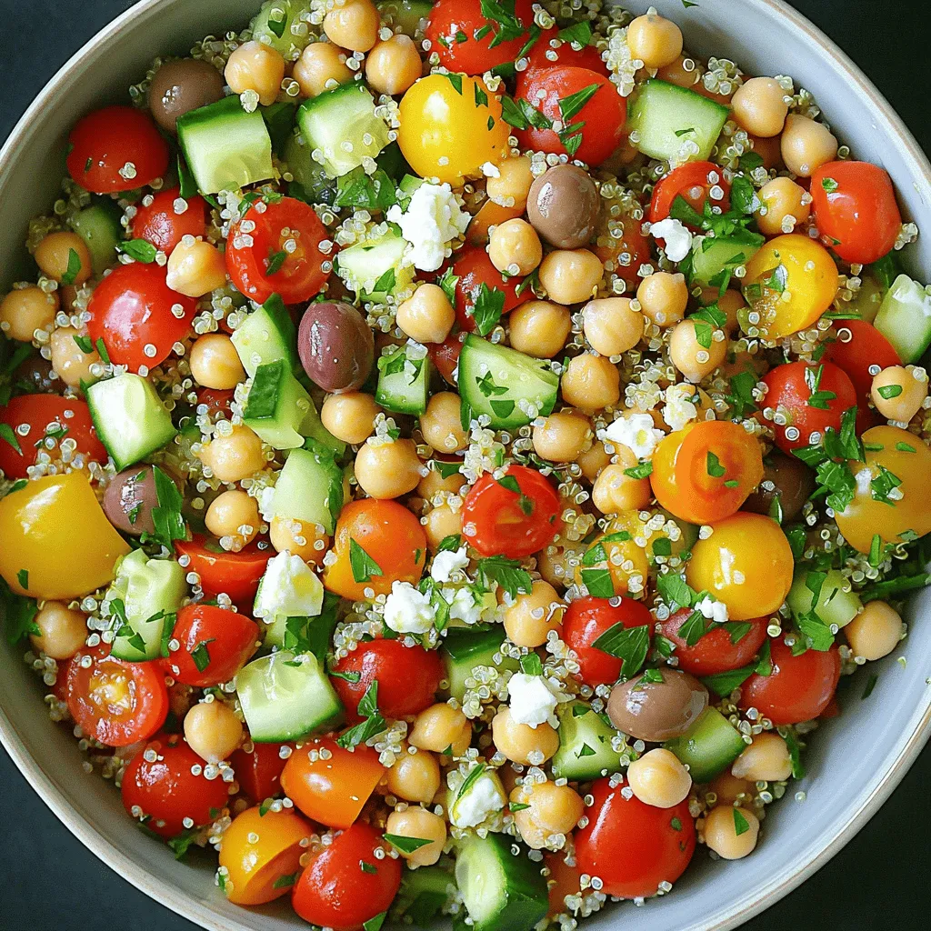 For this salad, you need 1 cup of quinoa. Rinse it well under cold water. Quinoa can have a bitter taste if not rinsed. Use 2 cups of vegetable broth or water to cook it. The broth adds flavor. You will use fresh veggies for bright flavor. Gather these ingredients: - 1 cup cherry tomatoes, halved - 1 cucumber, diced - 1 bell pepper (red or yellow), diced - 1/2 red onion, finely chopped - 1 cup chickpeas, drained and rinsed - 1/2 cup Kalamata olives, pitted and halved - 1/4 cup fresh parsley, chopped These veggies add crunch and color. They also boost the nutrition in the salad. The dressing brings all the flavors together. You will need: - 3 tablespoons olive oil - 2 tablespoons lemon juice - 1 teaspoon dried oregano - Salt and pepper to taste Mix these well for a zesty taste. You can get creative with your salad. Try these optional add-ins: - 1/4 cup crumbled feta cheese for creaminess - Avocado slices for healthy fats - Nuts or seeds for extra crunch These add-ins make the salad even more tasty and fun. For the complete recipe, check the Full Recipe. First, rinse the quinoa under cold water. This step helps remove any bitter taste. In a medium saucepan, mix the rinsed quinoa with the vegetable broth. Turn the heat to high and bring it to a boil. Once boiling, lower the heat and cover the pot. Let it simmer for about 15 minutes. The quinoa is ready when it is fluffy and the liquid is gone. Remove it from heat and let it cool for about 10 minutes. Fluff the quinoa with a fork for the best texture. While the quinoa cools, wash and chop your vegetables. Slice the cherry tomatoes in half. Dice the cucumber and bell pepper into small pieces. Finely chop the red onion. Drain and rinse the chickpeas. Halve the Kalamata olives. Lastly, chop the fresh parsley. Place all these colorful veggies into a large mixing bowl. This will add crunch and flavor to your salad. In a small bowl, whisk together the olive oil and lemon juice. This adds a bright flavor to your salad. Next, mix in the dried oregano, salt, and pepper. Whisk until everything is well combined. This dressing ties all the flavors together. Now, it's time to bring everything together. Add the cooled quinoa to the large bowl with the vegetables. Pour the dressing over this mixture. Toss gently until everything is mixed well. If you like, fold in the crumbled feta cheese for extra creaminess. Taste your salad and adjust the seasoning as needed. This step ensures every bite is full of flavor. Check out the Full Recipe for more tips on presentation and storage. To get the perfect quinoa, rinse it well. This removes bitterness. Use two cups of broth for each cup of quinoa. This gives it flavor. Cook it until fluffy, about 15 minutes. Let it cool, then fluff it with a fork. This keeps it light and airy. Add more flavor with fresh herbs. I like using parsley and oregano. They brighten the salad. A squeeze of lemon juice adds zing. You can also try a splash of balsamic vinegar. This gives it depth and a sweet touch. Serve your salad in a big bowl. This makes it look inviting. Garnish with extra parsley and lemon wedges. You can pair it with pita bread or grilled chicken. For a snack, serve it with hummus. Enjoy the burst of Mediterranean flavors! For the full recipe, check out the Mediterranean Quinoa Salad 🥗! {{image_2}} You can add protein for a heartier meal. Here are some great options: - Grilled chicken: Slice it and mix it in. - Shrimp: Cooked shrimp adds a nice touch. - Tofu: Use firm tofu for a plant-based option. - Lentils: Add cooked lentils for extra fiber. These proteins blend well with the salad's flavors. They also boost the nutrition. Feel free to swap ingredients based on what you have. Here are some ideas: - Quinoa: Use farro or barley for a different grain. - Vegetables: Try zucchini or radishes if you want a twist. - Olives: Swap Kalamata for green olives or capers. - Cheese: Use goat cheese instead of feta for a tangy taste. These changes can make the dish your own. You can change the salad with the seasons. Here’s how: - Spring: Add fresh peas or asparagus. - Summer: Toss in ripe peaches or mango. - Fall: Use roasted butternut squash or apples. - Winter: Mix in roasted beets or Brussels sprouts. These seasonal ingredients will keep the dish fresh and exciting. Each season brings a new flavor. You can store your Mediterranean quinoa salad in an airtight container. Keep it in the fridge for up to three days. The flavors will blend and get even better. Make sure to stir it before serving again. If the salad seems dry, add a bit of olive oil or lemon juice. I don’t recommend freezing this salad. The fresh veggies and dressing won’t hold up well. Freezing can change the texture of the ingredients. Chickpeas may become mushy, and tomatoes can turn watery. If you want to save some, store just the quinoa. You can freeze it for up to three months. If you have leftover quinoa, reheat it on the stove. Add a splash of water to keep it moist. Heat it on low until warm. Avoid microwaving it, as it can dry out. You can also serve the salad cold, as it is light and refreshing. Enjoy it as a quick lunch or snack! For the full recipe, check out the Mediterranean Quinoa Salad recipe above. To cook quinoa perfectly, rinse it well to remove bitterness. Use two cups of vegetable broth for every cup of quinoa. Bring the broth to a boil, then lower the heat. Cover and simmer for about 15 minutes. The quinoa is done when it is fluffy and the liquid is gone. Let it cool for ten minutes, then fluff it with a fork. Yes, you can make this salad ahead of time. It tastes even better after the flavors mix. Just prepare the salad and store it in an airtight container. Keep it in the fridge for up to three days. Make sure to add any fresh herbs or feta cheese right before serving for the best taste. If you want to skip feta cheese, try using goat cheese or ricotta. Both offer a creamy texture. You can also use avocado for a rich, healthy option. Nutritional yeast gives a cheesy flavor without dairy. Choose what you like best or have on hand. Mediterranean Quinoa Salad lasts about three days in the fridge. Store it in a sealed container to keep it fresh. If you notice any changes in smell or texture, it's best to toss it. Enjoy this salad within a few days for the best taste and quality. For the full recipe, check the details above. This blog post covered how to make a Mediterranean quinoa salad. We talked about the key ingredients, from quinoa and fresh veggies to dressings. I shared step-by-step instructions for cooking and mixing everything. You also learned tips for perfect quinoa and flavor boosts. We explored variations and how to store your salad. Now, you can create a colorful, healthy dish anytime. Enjoy making this salad for your next meal. Get creative with add-ins, and share your new recipe with friends!