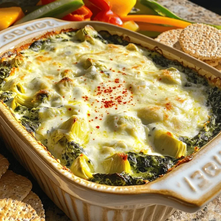 - 2 cups fresh spinach, chopped - 1 can (14 oz) artichoke hearts, drained and chopped - 1 cup plain Greek yogurt - 1/2 cup cream cheese, softened - 1 cup shredded mozzarella cheese - 1/4 cup grated Parmesan cheese - 2 cloves garlic, minced - 1 tablespoon lemon juice - Salt and pepper to taste - Optional: 1/4 teaspoon red pepper flakes for heat Each ingredient in this dip plays a key role in flavor and texture. Spinach adds freshness and color. Artichoke hearts provide a unique, tangy taste. Greek yogurt gives creaminess and protein. Cream cheese adds richness, while mozzarella melts beautifully. Parmesan cheese delivers a sharp flavor, and garlic boosts the savory notes. Lemon juice brightens the overall taste, making each bite delightful. If you're looking for lighter options, try low-fat cream cheese. For a dairy-free version, swap Greek yogurt with a plant-based yogurt. Fresh spinach works best, but frozen spinach can be used. Just make sure to thaw and drain it well before adding. This dip packs a punch in nutrition. Each serving is about 120 calories. You get a good mix of macronutrients: protein from yogurt and cheese, healthy fats from cream cheese, and carbs from artichokes. Spinach is rich in vitamins A and C, while artichokes help with digestion. This dish is not just tasty; it’s also good for you! You can find the full recipe [here](#). - Preheat your oven to 375°F (190°C). This step ensures even cooking. - In a large mixing bowl, combine the chopped fresh spinach and drained artichoke hearts. You want these key ingredients to be well mixed. - Next, add the Greek yogurt, softened cream cheese, shredded mozzarella, grated Parmesan, minced garlic, and lemon juice. - Season the mixture with salt, pepper, and red pepper flakes if you like some heat. Mix everything until well combined. - Transfer the mixture into a baking dish. Spread it out evenly to ensure all parts cook well. - Bake in the preheated oven for 25 to 30 minutes. Look for the dip to be hot, bubbly, and lightly golden. - Once baked, remove it from the oven and let it cool slightly. This helps the flavors settle. - For a great presentation, serve with whole grain crackers, sliced vegetables, or toasted pita bread. This adds color and variety to your platter. This Healthy Spinach Artichoke Dip recipe makes for a perfect snack or appetizer. Enjoy the rich flavors while keeping it nutritious! For more details, check the Full Recipe. To make this dip lighter, you can cut back on cheese. Use just half the cheese. This change lowers calories without losing flavor. You can also boost nutrition by adding more veggies. Try mixing in bell peppers or mushrooms. These add crunch and vitamins to your dip. Enhancing the flavors is key. You can add spices like cumin or smoked paprika. Fresh herbs like basil or parsley also bring brightness. For pairings, serve with whole grain crackers or fresh veggie sticks. These options add crunch and keep the dip healthy. Avoid overcooking the dip. If you cook it too long, it can become dry. Keep an eye on it while baking. Also, make sure to drain the artichoke hearts well. Excess water can make the dip watery. Properly draining them keeps the texture just right. For the full recipe, check out the Healthy Spinach Artichoke Dip section. Enjoy making this tasty and nutritious dip! {{image_2}} You can mix up the cheese in your dip for a new taste. Feta adds a tangy kick. Gouda brings a rich, smoky flavor. You can also try flavored cream cheeses. Garlic or herb varieties make the dip even more exciting. Experiment with what you love. Want to make your dip heartier? Add cooked chicken or black beans. Cooked chicken gives it a savory touch. Beans add fiber and a creamy texture. Both options boost the flavor and make it filling. Your dip can fit the season! In summer, add fresh tomatoes or zucchini. These veggies brighten the dip and add crunch. For holidays, mix in cranberries or chopped nuts. This adds color and a festive flair. Each season can inspire a new version of this classic dip. For the complete recipe, check out the [Full Recipe]. To keep your dip fresh, store it in the fridge. Use an airtight container for best results. This will help keep the flavors strong and the texture smooth. Avoid using metal containers, as they can react with the dip. Glass or plastic containers work best. When it’s time to enjoy your leftovers, you can use the oven or microwave. The oven helps keep the dip's texture nice and creamy. Set the oven to 350°F (175°C) and heat for about 10-15 minutes. If you choose the microwave, heat it for 30 seconds at a time. Stir it in between to make sure it warms evenly. Yes, you can freeze the dip! Just make sure it cools down first. Use a freezer-safe container to prevent freezer burn. To thaw, place it in the fridge overnight. Reheat it in the oven or microwave as mentioned before. This way, you can still enjoy that rich flavor later. If you want the full recipe, check out the detailed instructions above. Healthy Spinach Artichoke Dip can last about 3 to 5 days in the fridge. To keep it fresh, store it in an airtight container. This helps prevent any odors from other foods. Always check for signs of spoilage, like off smells or changes in texture. Yes, you can make this dip in advance. Mix all the ingredients and place them in a baking dish. Cover it tightly and store it in the fridge. You can bake it later when you're ready to serve. This saves time and allows the flavors to blend well. I love serving this dip with a variety of dippers. Here are some great options: - Whole grain crackers - Sliced cucumbers - Carrot sticks - Toasted pita bread - Bell pepper strips These choices add color and crunch to your platter. Yes, this recipe is suitable for vegetarians. It contains no meat or fish. Just check that your cheese and yogurt are vegetarian-friendly to ensure the dip fits your dietary needs. You can use frozen spinach in this recipe. Just thaw it and drain any excess water. Frozen spinach is a great time-saver. It also has a similar taste and nutrition as fresh spinach. Use about 1 cup of frozen spinach to match the fresh amount. For the complete recipe, check out the [Full Recipe]. This blog post covered how to make Healthy Spinach Artichoke Dip. We talked about key ingredients, cooking steps, and tips for serving. You can even adjust ingredients for your diet. Remember, this dip is yummy and versatile. Experiment with different flavors and textures to find your favorite. Enjoy making this healthy snack for any occasion!