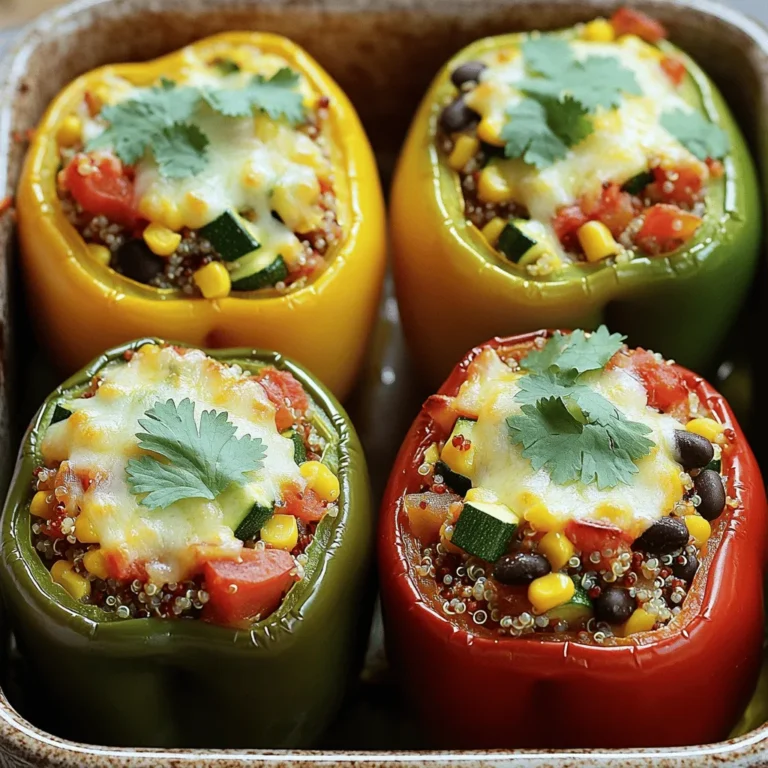 For this tasty dish, you will need: - 4 large bell peppers (any color) - 1 cup cooked quinoa - 1 can (15 oz) black beans, rinsed and drained - 1 cup corn kernels (fresh or frozen) - 1 small zucchini, diced - 1 small red onion, finely chopped - 2 cloves garlic, minced - 1 teaspoon ground cumin - 1 teaspoon smoked paprika - ½ teaspoon chili powder - 1 cup diced tomatoes (canned or fresh) - 1 cup shredded cheese (cheddar or mozzarella) - 2 tablespoons olive oil - Salt and pepper to taste - Fresh cilantro or parsley, for garnish When choosing the bell peppers, look for ones that are firm and shiny. They should feel heavy for their size. Different colors offer varied flavors, so mix them up for fun! You can also customize your stuffed peppers. Swap out the black beans for kidney beans or chickpeas. If you prefer more veggies, add spinach or mushrooms. Use fresh produce when possible. Fresh veggies taste better and add a nice crunch. If you use frozen corn, make sure to thaw it first. For the full recipe and cooking steps, check out the detailed instructions. Happy cooking! To make veggie stuffed peppers, start with the bell peppers and quinoa. First, wash the peppers. Cut the tops off and remove the seeds. Brush the outside and inside with olive oil. Place them in a baking dish, standing up. Next, cook the filling mixture. Heat olive oil in a skillet over medium heat. Add the chopped red onion and minced garlic. Cook for about 3-4 minutes until soft. Then, toss in diced zucchini and corn. Add cumin, smoked paprika, and chili powder. Cook for 5 more minutes until the zucchini is tender. Now, stir in the cooked quinoa, black beans, and diced tomatoes. Mix well and add salt and pepper to taste. Now, it is time to stuff the peppers. Fill each pepper with the veggie and quinoa mixture. Press it down gently. Finally, sprinkle cheese on top of each stuffed pepper. Bake the peppers in a preheated oven at 375°F (190°C). Cover the dish with foil and bake for 25 minutes. After that, remove the foil and bake for another 10-15 minutes. The peppers should be tender and the cheese bubbly. Let them cool for a few minutes before serving. Garnish with fresh cilantro or parsley. For the full recipe, check the detailed instructions above. To get the best flavor in your veggie stuffed peppers, use fresh ingredients. Fresh veggies bring out the taste. For a richer flavor, don’t skip the spices. Ground cumin, smoked paprika, and chili powder add warmth and depth. Common mistakes include overcooking the peppers. You want them tender but not mushy. If they cook too long, they lose their shape and flavor. Another mistake is under-seasoning the filling. Always taste and adjust before stuffing. Using the right tools makes cooking easier. A sharp knife helps you chop veggies quickly. A sturdy baking dish ensures even cooking. You might also want a large skillet for mixing the filling. For easy preparation, use a spoon to scoop out the seeds in the peppers. A measuring cup helps you fill them evenly. Check the [Full Recipe] for guidance on ingredient amounts and cooking steps. Enjoy the process and make it fun! {{image_2}} You can change up the stuffing in many ways. Try using different veggies like eggplant or spinach. Both add nice flavors and textures. Eggplant gives a meaty feel, while spinach adds a fresh taste. For cheese lovers, vegan cheese works great. It melts well and keeps the dish creamy. You can also add plant-based proteins, like lentils or chickpeas. These options are healthy and filling. If you want to spice things up, think global. For a Mediterranean twist, add olives, feta, and herbs like oregano. For a Mexican flair, use black beans, corn, and taco seasoning. You can even mix in salsa for extra flavor. Experimenting with flavors keeps the meal exciting. Don't be afraid to get creative. You can use the Full Recipe as a base and build from there. Enjoy trying new combinations! To keep your veggie stuffed peppers fresh, store them in airtight containers. This prevents moisture loss and keeps them tasty. Place the leftovers in the fridge if you plan to eat them in a few days. They stay good for about 3 to 5 days. For reheating, the oven works best. Preheat it to 350°F (175°C). Cover the peppers with foil to keep them moist. Bake for about 15-20 minutes, or until heated through. If you want a crispy top, remove the foil for the last 5 minutes of baking. If you want to save them for later, you can freeze the cooked stuffed peppers. Wrap each pepper tightly in plastic wrap and place them in a freezer-safe bag. They can last up to 3 months in the freezer. To eat them, thaw them in the fridge overnight before reheating. You can find the full recipe for these colorful veggie stuffed peppers in the earlier section. Enjoy your delicious meal! Can I prepare stuffed peppers in advance? Yes, you can prepare stuffed peppers ahead of time. Just stuff the peppers and cover them. Store them in the fridge for one day. When ready, bake them as directed. This saves time on busy nights. Are these stuffed peppers gluten-free/dairy-free? Yes, these stuffed peppers can be gluten-free and dairy-free. Use gluten-free quinoa and skip the cheese or use dairy-free cheese. Always check the labels on your ingredients to ensure they meet your needs. What can I serve with veggie stuffed peppers? Veggie stuffed peppers pair well with many side dishes. You can serve them with a fresh salad, rice, or a light soup. They also go great with crusty bread for a hearty meal. For more ideas, check out the Full Recipe for additional suggestions. In this blog post, we explored making veggie stuffed peppers from start to finish. You learned about ingredient choices, preparation, and cooking steps. We discussed tips for great flavor and common mistakes to avoid. You can also try fun variations with different vegetables and flavors. Finally, I shared the best ways to store and reheat your leftovers. Now you are ready to make delicious stuffed peppers that suit your taste. Enjoy cooking and sharing these tasty meals!