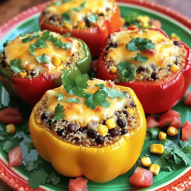 For the perfect stuffed bell peppers, gather these fresh ingredients: - 4 medium bell peppers (any color) - 1 cup quinoa, rinsed - 2 cups vegetable broth - 1 can (15 oz) black beans, rinsed and drained - 1 cup corn kernels (fresh or frozen) - 1 medium onion, diced - 2 cloves garlic, minced - 1 teaspoon cumin - 1 teaspoon smoked paprika - 1 teaspoon chili powder - Salt and pepper to taste - 1 cup diced tomatoes (fresh or canned) - 1 cup shredded cheese (cheddar or Mexican blend) - Fresh cilantro or parsley for garnish Understanding the health benefits of the ingredients helps you make better choices: - Bell Peppers: Rich in vitamins A and C, they boost your immune system and skin health. - Quinoa: This whole grain is high in protein and fiber, perfect for filling you up. - Black Beans: They offer protein and fiber, aiding digestion and heart health. - Corn: A good source of fiber and antioxidants, corn adds sweetness and color. - Cheese: Provides calcium and protein, enhancing the dish's richness. Select bell peppers like a chef with these simple tips: - Color: Choose bright, vibrant peppers. Red, yellow, and orange have more sweetness. - Firmness: Pick peppers that feel firm and heavy. Avoid any that feel soft or wrinkled. - Skin: Look for smooth skin without blemishes. This indicates freshness. - Size: Medium peppers are easier to stuff and cook evenly. These tips will help you find the best bell peppers for your stuffed delight. For the full recipe, check out the steps and enjoy cooking! To start, rinse 1 cup of quinoa under cold water. This removes any bitter taste. Then, in a medium pot, add the rinsed quinoa and 2 cups of vegetable broth. Bring it to a boil over medium heat. Once it boils, lower the heat to simmer. Cover the pot and let it cook for about 15 minutes. The quinoa is ready when it is fluffy and all the liquid is gone. Remove it from heat and let it sit for a few minutes. Next, grab 4 medium bell peppers. You can choose any color you like. Cut the tops off and carefully remove the seeds and membranes. This helps the filling fit nicely inside. Place the bell peppers upright in a baking dish. Make sure they stand well to hold the filling. Now, heat a large skillet over medium heat. Add a bit of olive oil and sauté 1 diced onion for about 5 minutes until it’s soft. Then, add 2 minced garlic cloves and cook for another minute. Mix in the cooked quinoa, 1 can of rinsed black beans, 1 cup of corn, and 1 cup of diced tomatoes. Add 1 teaspoon of cumin, smoked paprika, and chili powder. Season it all with salt and pepper. Stir until everything is heated through. Stuff the bell peppers with this tasty mixture. If you want, sprinkle 1 cup of shredded cheese on top of each pepper. Cover the baking dish with aluminum foil and bake it in a preheated oven at 375°F (190°C) for 25 minutes. After that, take off the foil and bake for another 10-15 minutes. The peppers will be soft, and the cheese will be melted and golden. Once done, take them out and garnish with fresh cilantro or parsley. Enjoy your colorful quinoa stuffed bell peppers! To ensure your stuffed peppers cook evenly, here are some useful tips: - Cut the tops evenly: When cutting the tops off your peppers, aim for a straight cut. This helps them stand straight in the dish. - Pre-cook the filling: Cooking your filling before stuffing helps it blend better. Flavors mix, and it heats up evenly. - Don’t overfill: Stuff them well but leave some space. This allows the heat to circulate. Leftovers can be tasty! Here’s how to store and reheat your stuffed peppers: - Storing: Place leftovers in an airtight container. They’ll last up to 4 days in the fridge. - Freezing: For longer storage, freeze them. Just wrap each pepper in plastic wrap and place them in a freezer bag. They can stay fresh for about 3 months. - Reheating: To reheat, place in a baking dish. Cover with foil and bake at 350°F until warm. This keeps the peppers moist. Making your dish look great adds to the fun! Here are some ideas: - Colorful Platter: Arrange the stuffed peppers on a nice platter. Use fresh herbs as a garnish. - Extra Toppings: Drizzle some diced tomatoes or avocado around the peppers for color. - Serve with a Side: Pair them with a salad or rice for a full meal. This adds variety to your plate. For the full recipe, check out the detailed instructions provided above. Enjoy your cooking! {{image_2}} You can make stuffed bell peppers without meat. Use hearty veggies and grains. Try adding mushrooms, spinach, or zucchini. These options pack in flavor and nutrients. You can also swap quinoa for brown rice or farro. They all add great texture and taste. If you want a low-carb meal, try cauliflower rice. It’s a great substitute for grains. Just pulse cauliflower in a food processor until it’s rice-sized. Mix it with your favorite veggies and spices. This will give you a tasty filling without extra carbs. You can also use ground turkey or chicken for a lighter option. Experiment with different fillings to keep things exciting. You can use lentils or chickpeas for added protein. Add herbs like basil or oregano for a fresh twist. Feel free to mix in cheeses, like feta or goat cheese, for creaminess. Spices like curry powder or Italian seasoning can also change the flavor. The possibilities are endless, so get creative! Check out the Full Recipe for more ideas. Store your leftover stuffed bell peppers in an airtight container. This keeps them fresh. Make sure they cool down first. Place them in the fridge. They will be good for up to three days. Pack them tightly to avoid drying out. You can freeze stuffed bell peppers for later meals. Wrap each pepper in plastic wrap. Then place them in a freezer bag. Remove as much air as possible. They can last up to three months in the freezer. When ready to eat, thaw them overnight in the fridge. Then, reheat them in the oven or microwave. For the best taste and texture, eat your stuffed peppers within three days if stored in the fridge. If frozen, eat them within three months for the best quality. Always check for any signs of spoilage before eating. Enjoy your delicious meal! Stuffed bell peppers are tasty on their own, but sides can make them shine. Try a fresh salad with greens and tomatoes. A light vinaigrette adds zest. You can also serve brown rice or quinoa for a hearty meal. Roasted vegetables, like zucchini or asparagus, bring color and flavor. For a fun twist, consider garlic bread or crusty rolls. Yes, you can prepare stuffed bell peppers in advance. Cook the filling and stuff the peppers. Then, cover and store them in the fridge for up to a day. When you're ready to eat, just bake them as usual. This makes dinner easy and quick. You can also freeze them, but be sure to wrap them well. To change the spice level, start with milder spices. Use less chili powder or omit it if needed. You can add sweetness with bell peppers or corn. For heat, add diced jalapeños or hot sauce. Taste and adjust as you go. This lets you create the perfect flavor for your family. For the full recipe and more tips, check the Full Recipe. In this article, we explored how to create delicious stuffed bell peppers. We covered the best ingredients, step-by-step cooking methods, and handy tips. You also learned about tasty variations, storage methods, and frequently asked questions. Remember, stuffed bell peppers are simple, healthy, and fun to make. With these tips, you can enjoy this dish many ways. Experiment and find your favorite combination! Your kitchen will become a center for great meals.