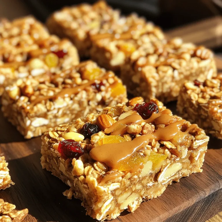 To make tasty homemade granola bars, you need simple, healthy ingredients. Here’s what you’ll need: - 2 cups rolled oats - 1 cup mixed nuts (almonds, walnuts, pecans), roughly chopped - ½ cup sunflower seeds - ½ cup honey or maple syrup - ½ cup peanut butter (or almond butter) - 1 teaspoon vanilla extract - ½ teaspoon cinnamon - ¼ teaspoon salt - ½ cup dried fruits (cranberries, raisins, or apricots), chopped (optional) These ingredients form the base of your bars. The oats give structure and fiber. The nuts add a nice crunch and protein. Seeds bring nutrients and healthy fats. Honey or maple syrup helps bind everything together and adds sweetness. You can swap nuts and seeds to change the flavor. Try using cashews or hazelnuts instead of almonds. For seeds, pumpkin seeds work well too. Mixing different types keeps things exciting. You can also use nut butters like cashew or sunflower butter for new tastes. Each change gives a unique twist to your bars. Add-ins can bring more flavor and fun to your granola bars. Here are some ideas: - Chocolate chips or chunks for sweetness - Coconut flakes for a tropical touch - Chia seeds for extra nutrition - Cinnamon or nutmeg for warm spice flavors Feel free to mix and match these add-ins. They can make your granola bars even more delicious. Try to stay within the same total measurements to keep the right texture. For the full recipe, just check out the instructions above. Start by preheating your oven to 350°F (175°C). While it warms up, grab an 8-inch square baking pan. Line the pan with parchment paper. Let some paper hang over the edges. This helps you lift out the bars later. In a large bowl, add 2 cups of rolled oats. Next, toss in 1 cup of mixed nuts, roughly chopped. You can use almonds, walnuts, or pecans. Add ½ cup of sunflower seeds and stir it all together. If you like, mix in ½ cup of chopped dried fruits. Now, in a different bowl, mix ½ cup of honey or maple syrup with ½ cup of peanut butter. Microwave this mix for 30 seconds. Stir until smooth. Add 1 teaspoon of vanilla extract and mix well. Pour this warm mix over the dry ingredients. Stir until every piece is coated. Now, transfer the mixture to your lined baking pan. Press it down firmly with a spatula or your hands. Make sure it’s even. Bake it in the preheated oven for 20-25 minutes. Look for golden brown edges. Once done, take it out and let it cool completely in the pan. After cooling, lift the granola out using the paper edges. Cut it into bars or squares. Enjoy your homemade granola bars! For the full recipe, check the details above. To get the best texture for your granola bars, press the mixture firmly in the pan. This helps the bars stick together. Bake them until the edges are golden brown. If they are too soft, they may crumble. Make sure to let them cool completely before cutting. A sharp knife works best for clean cuts. If you have allergies, you can swap out ingredients. Use seeds instead of nuts if you need to avoid them. Sunflower butter or tahini can replace peanut butter. You can also use agave syrup instead of honey for a vegan option. Adjust spices to suit your taste. Always check labels to ensure safety. To boost the nutrition of your bars, add chia seeds or flaxseeds. These seeds add fiber and healthy fats. You can also mix in protein powder for an extra protein boost. Using dried fruits like apricots or dates adds vitamins and minerals. Always balance flavors to keep them tasty. For the full recipe, check out the Nutty Bliss Homemade Granola Bars. {{image_2}} For a fun twist, add chocolate chips. Use ½ cup of semi-sweet or dark chips. Stir them in after mixing the wet and dry ingredients. The chocolate melts slightly, adding a rich flavor. These bars are great for a sweet snack. Kids love them too! You can swap out the nuts or add more dried fruits. Try adding ½ cup of chopped dates or figs. These fruits add natural sweetness and chewiness. You can mix in any nuts you like. Walnuts, cashews, or even pistachios work well. Each bite bursts with fruity goodness! If you crave something different, try savory bars. Replace honey with a bit of olive oil. Add seeds like pumpkin or hemp for texture. You can mix in herbs like rosemary or thyme. This unique flavor gives a healthy snack twist. Perfect for savory lovers! Explore these variations to make your granola bars unique! For the complete recipe, check out the [Full Recipe]. To keep your homemade granola bars fresh, store them in an airtight container. This will help maintain their crunch. You can keep them at room temperature for up to a week. If you want to keep them longer, move on to freezing. Freezing granola bars is a great option if you want them to last. Wrap each bar in plastic wrap or parchment paper. Then, place the wrapped bars in a freezer-safe bag. You can freeze them for up to three months. When you want to eat one, let it thaw at room temperature or microwave for a few seconds. The best containers for your granola bars are glass or BPA-free plastic. These materials keep moisture out. It’s also smart to label your containers with the date. This way, you’ll know how long they’ve been stored. Yes, you can use quick oats instead of rolled oats. Quick oats are thinner and cook faster. This change can make your bars chewier. However, rolled oats give a heartier texture. If you want a different feel, try both types to see which you like best. To make granola bars gluten-free, use gluten-free oats. Check the package to ensure it’s labeled gluten-free. You can also use nut butters that are certified gluten-free. Other ingredients, like seeds and dried fruits, should also be gluten-free. This way, you can enjoy your bars without worry. The best way to cut granola bars is after they cool completely. Use a sharp knife for clean edges. If the bars are too hard, warm them slightly in the oven for a few minutes. This softens them and makes cutting easier. For neat pieces, press down gently and pull the knife straight up. You learned how to make tasty homemade granola bars in this post. We went through essential ingredients, step-by-step instructions, and tips for perfect bars. Variations help you mix it up, and storage tips keep your snacks fresh. Making granola bars is simple and fun. You can make them your own by adding your favorite nuts or flavors. Enjoy your delicious, healthy snacks anytime!
