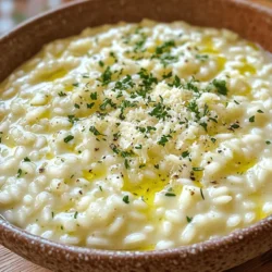 - 1 cup Arborio rice - 4 cups vegetable broth - 1 small onion, finely chopped - 3 cloves garlic, minced - 1 cup grated Parmesan cheese - 2 tablespoons unsalted butter - 2 tablespoons olive oil - 1 teaspoon fresh thyme leaves (or ½ teaspoon dried thyme) - Salt and pepper to taste - Fresh parsley, chopped (for garnish) These ingredients create a rich and creamy risotto. Arborio rice is key for its creamy texture. The vegetable broth adds depth. Choose a good-quality broth for the best flavor. You can try dairy-free options if needed. Use coconut cream or almond milk instead of cheese. For grains, consider using farro or quinoa; they cook differently but can work. When it comes to broth, you can use chicken broth for a richer taste. Each broth adds its unique flavor. Always taste as you go to ensure you get the perfect mix. For more detailed cooking steps, see the Full Recipe. Start by heating the vegetable broth in a medium saucepan. You want to keep this broth warm, not boiling. This step is key for a smooth risotto. If you add cold broth to the rice, it can slow down cooking and affect the texture. In a large skillet, mix olive oil and butter over medium heat. Once melted, add the finely chopped onion. Sauté this for about three to four minutes until it turns translucent. This step builds a great base flavor. Next, stir in the minced garlic and cook for one more minute. You want it fragrant but be careful not to brown it. Now it's time to add the Arborio rice. Stir the rice in with the onion and garlic, coating every grain. This helps the rice absorb flavors as it cooks. After a few minutes, start adding the warm broth one ladle at a time. It’s important to let the rice absorb the broth before adding more. This will take around 20 to 25 minutes. After about 20 minutes, check the rice for that perfect 'al dente' texture. It should be tender but still have a slight bite. If it's not quite there, you can add a bit more broth. Once the rice is cooked to your liking, stir in the grated Parmesan cheese, thyme, salt, and pepper. Mix until creamy and well combined. Let it sit for a minute before serving. Enjoy your creamy garlic Parmesan risotto! You can find the Full Recipe above for your reference. To make creamy garlic Parmesan risotto, stirring is key. Stir the rice often. This helps release starch and creates that creamy texture we love. When you add broth, do it slowly. Pour in one ladle at a time. Stir until the rice absorbs the liquid before adding more. This process takes about 20 to 25 minutes. Check the rice texture as you cook. You want it 'al dente,' meaning it should still have a slight bite. To check, taste a grain. If it feels too firm, add a bit more broth. Wine can add a lovely depth to your risotto. Try adding a splash of white wine after you sauté the onion and garlic. Let it cook off for a minute before adding the rice. You can also mix in herbs or spices. Fresh thyme is a great choice. It adds a nice touch. For a twist, consider adding a pinch of red pepper flakes for heat. Overcooking the rice can ruin your dish. Keep an eye on the cooking time. If you cook too long, the rice will turn mushy. Also, don’t forget to season as you go. Risotto needs a good amount of salt and pepper. Taste your dish at different stages. Adjust the seasoning to your liking. This step is crucial for bringing out the flavors. For the full recipe, check out the detailed instructions above. {{image_2}} You can make risotto even better with veggies. Popular choices include: - Peas - Spinach - Mushrooms - Asparagus - Bell peppers Each vegetable has its own cooking time. For example: - Peas: Add during the last 5 minutes. - Spinach: Stir in for the last 2 minutes. - Mushrooms: Sauté for 5-7 minutes before adding rice. - Asparagus: Cook for about 10 minutes before adding rice. - Bell peppers: Sauté for 3-4 minutes first. These add-ins bring color and taste to your dish. You can add protein to make your risotto a meal. Here are some great options: - Chicken: Cook diced chicken for 5-7 minutes before adding rice. - Shrimp: Add shrimp for the last 3-4 minutes of cooking. - Tofu: Use firm tofu, sauté for 5 minutes before rice. Adjust the cooking times based on the protein you choose. This ensures everything cooks perfectly. Changing the cheese or broth can change your risotto's flavor. Here are some ideas: - Different Cheeses: Try goat cheese or feta for a tangy twist. - Bouillon Cubes: Use vegetable or chicken bouillon for extra flavor. Just dissolve in the broth before using. Experiment with these options to find your favorite combination. You can find the full recipe for Creamy Garlic Parmesan Risotto to get started on these variations! To keep your risotto fresh, let it cool first. Spread it out on a plate. This helps it cool quickly and evenly. Once cool, transfer it to an airtight container. Make sure the container seals tightly. For best results, store your risotto in the fridge. It will stay good for about 3 days. If you want to keep it longer, freeze it. Use freezer-safe containers or bags for this. You can store the risotto for up to 2 months in the freezer. When it’s time to enjoy your leftover risotto, reheat it gently. Use a saucepan over low heat. Add a splash of vegetable broth or water. This will help keep it creamy. Stir often to heat it evenly. Avoid using the microwave, as it can dry out the dish. If you must use a microwave, add some broth and cover it. Heat in short bursts, stirring in between. This keeps the risotto from getting hard. Enjoy your creamy garlic parmesan risotto again with its lovely flavors intact! For the complete recipe, check out the full recipe link. The best rice for risotto is Arborio rice. This rice has a high starch content. It gives risotto its creamy texture. Arborio rice cooks evenly and absorbs flavors well. You can also use Carnaroli rice. It is creamier and less likely to overcook. Vialone Nano is another good choice. It has a nice texture and flavor. Yes, you can make risotto ahead of time. Follow these tips for pre-preparation: - Cook the risotto until just al dente. - Cool it quickly by spreading it out on a tray. - Store it in an airtight container in the fridge. For reheating, add a splash of broth or water. Stir it often over low heat. This keeps it creamy and prevents it from drying out. To make risotto vegan, swap out the dairy. Use plant-based milk or nutritional yeast for creaminess. For a vegan cheese flavor, try vegan Parmesan. You can also use vegetable broth instead of chicken broth. It adds depth to the dish without any animal products. You can find the full recipe for Creamy Garlic Parmesan Risotto [here](#). This blog post gave you a clear view of making creamy garlic Parmesan risotto. We covered key ingredients and possible substitutes. You learned step-by-step cooking methods to achieve the perfect texture. Additionally, I shared tips for enhancing flavor and avoiding common mistakes. Always remember to mix well and taste as you go. Enjoy experimenting with variations like adding veggies or proteins. This dish offers endless possibilities. Use what you learned to make a flavorful risotto that impresses your friends and family.